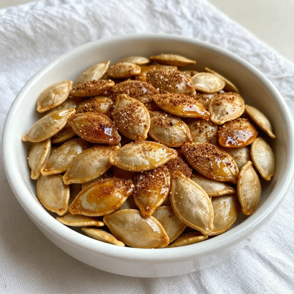 - 2 cups raw pumpkin seeds (pepitas) - 2 tablespoons olive oil - 1/2 cup granulated sugar - 1 tablespoon ground cinnamon - 1/2 teaspoon salt - 1/4 teaspoon nutmeg - 1/4 teaspoon vanilla extract Raw pumpkin seeds, or pepitas, are the star of this tasty treat. You will need two cups for this recipe. The olive oil helps the seeds crisp up nicely. You’ll add two tablespoons to coat them evenly. Next, you'll need granulated sugar, which gives the seeds their sweet flavor. Half a cup is perfect for balancing the spice. If you want to kick it up a notch, consider adding ground cinnamon. One tablespoon offers a warm taste. A little salt, just half a teaspoon, helps enhance the sweetness. Nutmeg and vanilla extract are optional but great for extra flavor. Use a pinch of nutmeg and a splash of vanilla for a delightful twist. These ingredients combine to create a crunchy and flavorful snack that is easy to make. {{ingredient_image_2}} 1. Preheat your oven to 350°F (175°C). This heat helps the seeds roast well. 2. Line a baking sheet with parchment paper. This step makes cleaning easy later. 3. Rinse 2 cups of raw pumpkin seeds under cold water. This removes bits of pumpkin. 4. Pat the seeds dry with a towel. Dry seeds roast better and get crunchier. 1. In a large mixing bowl, drizzle 2 tablespoons of olive oil over the dried seeds. 2. Toss the seeds until they are well coated in the oil. This keeps them crispy. 3. In another bowl, mix together 1/2 cup of granulated sugar, 1 tablespoon of cinnamon, and 1/2 teaspoon of salt. 4. If you like, add 1/4 teaspoon of nutmeg and vanilla extract for extra flavor. 5. Sprinkle the cinnamon-sugar mix evenly over the oil-coated seeds. Make sure every seed gets some! 1. Spread the seasoned pumpkin seeds in a single layer on the baking sheet. This helps them cook evenly. 2. Place the baking sheet in the preheated oven. Bake for 15-20 minutes. 3. Stir the seeds every 5 minutes to ensure they cook evenly. Look for a golden color. 4. Once baked, take the seeds out of the oven. Let them cool completely on the baking sheet. They will crisp up as they cool. To get that perfect crunch, start by drying the seeds well. After rinsing them, pat them dry with a towel. This step is key. If they are too wet, they won’t roast well. While baking, stir the seeds every five minutes. This helps them cook evenly. You want them golden and crispy, not burnt on one side. For a fun presentation, serve your pumpkin seeds in a bright bowl or jar. They look great at parties and make a nice gift too. You can pair these crunchy treats with other snacks. Try mixing them with popcorn or nuts for a tasty trail mix. They also add a fun crunch to salads or soups. Enjoy exploring different ways to serve them! Pro Tips Dry Thoroughly: Ensure the pumpkin seeds are completely dry before roasting to achieve maximum crispiness. Watch the Oven: Keep an eye on the seeds while baking; they can go from golden to burnt quickly. Variation in Flavor: Experiment with different spices like cayenne pepper or cocoa powder for a unique twist. Storage Tips: Store cooled pumpkin seeds in an airtight container to maintain their crunch for longer. {{image_4}} Want to change things up? You can add spices to your cinnamon sugar pumpkin seeds. For a spicy kick, try cayenne or chili powder. Just a pinch will add warmth. If you like sweet, mix in extra spices like ginger or cloves. These spices will give your seeds a unique twist. These pumpkin seeds are not just for snacking. You can add them to salads for a crunchy bite. They also work great in granola for added texture. Want to elevate your soups? Sprinkle them on top for a delightful crunch. You can even use them to top baked goods like muffins or breads. They add flavor and a fun crunch! To keep your cinnamon sugar pumpkin seeds fresh, store them in airtight containers. Glass jars work great. If you don't have those, use plastic bags with the air pressed out. This helps maintain their crunch and flavor. For the best taste, eat them within two weeks. After that, they may lose their crispness. If you plan to keep them longer, consider freezing them. They can last up to three months in the freezer. Just remember to thaw them before enjoying! If your pumpkin seeds lose their crunch, don’t worry. You can easily reheat them to bring back that crispy texture. Preheat your oven to 350°F (175°C). Spread the seeds on a baking sheet in a single layer. Heat them for about 5 to 10 minutes. Keep an eye on them to avoid burning. Once they are warm and crispy again, let them cool before serving. This method keeps them tasty and enjoyable! Yes, you can use other seeds like sunflower or squash seeds. Just keep in mind that baking times may vary. Each seed has its own flavor and texture. So, test a small batch to find what you like best. To reduce sweetness, cut the sugar in half. You can also add more salt or spices. This balance can make the seeds taste more savory and less sugary. Pumpkin seeds are packed with nutrients. They are high in protein, fiber, and healthy fats. They also contain magnesium, zinc, and antioxidants. Eating them can support heart health and improve sleep. Absolutely! You can make these pumpkin seeds a few days in advance. Store them in an airtight container to keep them fresh. Just remember to let them cool completely before storing. You learned how to make tasty baked pumpkin seeds. Start with fresh seeds and coat them in olive oil and sugar. You can add spices for more flavor. Remember to keep them crisp by drying them well and stirring while they bake. Store leftover seeds in airtight containers to enjoy later. With these tips, you can make a yummy snack for any occasion. I hope you try this fun recipe soon!