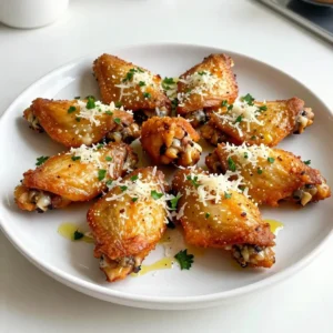 - 2 lbs chicken wings - 4 tablespoons extra virgin olive oil - 6 cloves garlic, finely minced - 1 teaspoon garlic powder - 1 teaspoon onion powder - 1 teaspoon smoked paprika - ½ teaspoon freshly cracked black pepper - ½ teaspoon sea salt - ¾ cup finely grated Parmesan cheese - 2 tablespoons fresh parsley, finely chopped (for garnish) - Optional: Red pepper flakes for an extra kick To make Baked Garlic Parmesan Chicken Wings, you need simple, fresh ingredients. Start with two pounds of chicken wings. I prefer using whole wings for the best flavor. Next, gather your seasonings and oils. Extra virgin olive oil adds richness. Garlic is the star, with both fresh minced garlic and garlic powder enhancing the taste. Onion powder gives a sweet depth, while smoked paprika adds warmth. Don't forget black pepper and sea salt for balance. For the finishing touch, use finely grated Parmesan cheese. It melts beautifully and adds a salty, nutty flavor. Fresh parsley brightens the dish and adds color. If you like a little heat, sprinkle some red pepper flakes as an option. With these ingredients on hand, you are ready to create a flavorful delight that will impress anyone who tries it! {{ingredient_image_2}} Start by preheating your oven to 400°F (200°C). This temperature helps the wings become crispy. Line a baking sheet with aluminum foil. This makes cleanup easy. Place a wire rack on top of the baking sheet. The rack allows hot air to flow around the wings. Take 2 lbs of chicken wings and use paper towels to pat them dry. This step is key for crispiness. If the wings are wet, they will steam instead of bake. Make sure they are fully dry for the best result. In a large bowl, drizzle 4 tablespoons of extra virgin olive oil over the wings. Add 6 minced garlic cloves, 1 teaspoon of garlic powder, 1 teaspoon of onion powder, 1 teaspoon of smoked paprika, ½ teaspoon of black pepper, and ½ teaspoon of sea salt. Use your hands or a spatula to toss the wings well. Ensure every wing is coated with oil and spices. This mix gives the wings great flavor. Arrange the seasoned wings in a single layer on the wire rack. Bake them in the preheated oven for 40-45 minutes. Flip the wings halfway through cooking. This step helps them cook evenly. When done, they should be golden brown and crispy. Five minutes before the wings finish baking, take them out. Generously sprinkle ¾ cup of finely grated Parmesan cheese over each wing. Make sure to cover them well. Return the wings to the oven. Let the cheese melt and get slightly crispy, which takes about 5 minutes. Once baking is complete, take the wings out and let them rest for about 2 minutes. Before serving, sprinkle with 2 tablespoons of fresh parsley for color. If you like heat, add red pepper flakes for extra kick. Serve the wings hot on a large platter. Enjoy with dipping sauces like ranch or blue cheese. To get your wings super crispy, follow these steps: - Pat the chicken wings dry with paper towels. This removes moisture. - Use a wire rack on your baking sheet. This allows air to flow around the wings. - Bake at 400°F (200°C). This high heat helps create a crunchy texture. - Flip the wings halfway through baking for even crisping. For the best results, consider these techniques: - Always preheat your oven beforehand. This ensures the wings cook evenly. - Use olive oil to coat the wings. This helps the seasonings stick well. - Sprinkle Parmesan cheese near the end of baking. This gives a nice, golden layer. When it's time to serve, think about these ideas: - Present the wings on a large platter. Add fresh parsley for color. - Include dipping sauces like ranch or blue cheese. They add creamy contrast. - Serve with lime or lemon wedges. Their zest balances the flavors nicely. - Pair with a side of celery sticks for crunch and freshness. Pro Tips Pat the Wings Dry: Make sure to dry the chicken wings thoroughly with paper towels before seasoning. This step is vital for achieving that crispy exterior when baked. Use a Wire Rack: Baking the wings on a wire rack allows hot air to circulate around them, promoting even cooking and crispiness on all sides. Monitor the Cheese: Keep an eye on the Parmesan cheese during the last few minutes of baking to prevent it from burning, ensuring a perfect melt and golden color. Flavor Variations: Experiment with different spices or marinades before baking to customize the flavor of your wings. Try adding lemon zest or different herbs for a unique twist. {{image_4}} Want to spice things up? Add red pepper flakes to your seasoning mix. Red pepper flakes give the wings a nice kick. You can choose how spicy you want them. Start with half a teaspoon and adjust to taste. Mix the flakes with garlic, oil, and other seasonings. This will give your wings a bold flavor that is sure to impress. Parmesan is great, but you can try other cheeses too. Grated Pecorino Romano adds a salty twist. A mix of cheddar and mozzarella creates a gooey texture. You can even use a spicy cheese like pepper jack for more heat. Experiment with your favorite cheeses to find the best combo. Each cheese will bring a unique flavor to the wings. Get creative with your seasoning! You can make a BBQ version by adding your favorite BBQ rub. For an herb mix, try Italian seasoning or fresh herbs. If you love lemon, include lemon zest and a bit of dill. Each blend will change the taste and make your wings unique. Don't be afraid to mix and match for new flavors. To keep your Baked Garlic Parmesan Chicken Wings fresh, store them in an airtight container. Let the wings cool down to room temperature first. Once cooled, place them in the container, separating layers with parchment paper. This prevents sticking and keeps them crispy. If you have extra sauce, store it in a separate container to avoid sogginess. When you want to enjoy the wings again, preheat your oven to 375°F (190°C). Place the wings on a baking sheet. Bake for about 10-15 minutes. This keeps them crispy and warm. You can also reheat them in an air fryer for about 5-7 minutes at 360°F (182°C). This method works great for restoring that crunchy texture. These chicken wings can last in the fridge for up to 3 days. If you want to keep them longer, freeze them. They can last up to 3 months in the freezer. Make sure to wrap them tightly in plastic wrap or foil before freezing. When you’re ready to eat them, thaw in the fridge overnight before reheating. Yes, you can use frozen chicken wings. Just remember to thaw them first. Place them in the fridge overnight or soak them in cold water for an hour. This step is key for even cooking. Once thawed, follow the same steps as fresh wings. The flavors will still shine through. To make these wings healthier, try these swaps: - Use skinless chicken wings for less fat. - Substitute olive oil with a lighter option, like spray oil. - Cut down on cheese. Use half the Parmesan, or try a lower-fat version. - Serve with a fresh veggie dip instead of creamy sauces. This adds crunch and nutrients. A few great dipping sauces include: - Ranch dressing for a creamy contrast. - Blue cheese dressing for a bold flavor. - Honey mustard for sweetness. - A spicy buffalo sauce for a kick. Experiment with these to find your favorite pairing! In this blog post, we explored how to make delicious garlic parmesan chicken wings. We covered the ingredients needed, step-by-step baking instructions, and tips for maximum crispiness. You learned about tasty variations and proper storage. To enjoy these wings, remember to choose your seasonings wisely and try different cheese types. Whether for a party or a quiet night in, these wings are sure to please. Get ready to impress everyone with your cooking skills! Enjoy your tasty creation!