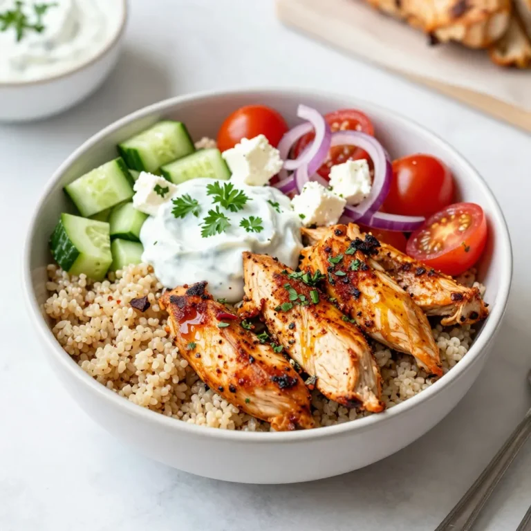 - Chicken breast and marinade components - 1 lb chicken breast, cut into strips - 2 tablespoons extra virgin olive oil - 2 teaspoons dried oregano - 1 teaspoon garlic powder - 1 teaspoon smoked paprika - Salt and freshly ground black pepper to taste The chicken breast is the star of this dish. I use fresh chicken to keep it juicy. The olive oil helps the spices stick and adds flavor. Oregano gives a nice herbal taste. Garlic powder and smoked paprika add depth. Lastly, salt and pepper enhance all the flavors. - Fresh vegetables and toppings - 1 medium cucumber, diced - 1 cup cherry tomatoes, halved - 1 small red onion, thinly sliced - ½ cup feta cheese, crumbled - ½ cup tzatziki sauce (store-bought or homemade) - Fresh parsley, chopped (for garnish) Fresh vegetables are key for crunch and color. The diced cucumber adds crispness. Cherry tomatoes bring sweetness, and red onion adds a bit of bite. Toppings like feta cheese and tzatziki sauce add creamy and tangy notes. Don’t forget the parsley for a fresh touch. - Grains (quinoa or rice) - 1 cup cooked quinoa or rice (your choice) I like to use quinoa for its nutty flavor and texture. Rice is another great option. Both grains serve as a hearty base and soak up the sauce well. You can choose what you prefer or have on hand. {{ingredient_image_2}} To start, I mix the marinade ingredients in a large bowl. I add 2 tablespoons of extra virgin olive oil, 2 teaspoons of dried oregano, 1 teaspoon of garlic powder, and 1 teaspoon of smoked paprika. Next, I add a pinch of salt and black pepper. This mix smells fantastic! Once the marinade is ready, I toss in the 1 pound of chicken breast strips. I coat the chicken well, ensuring every piece gets that flavorful blend. I let it sit for a few minutes to soak up the tastes. Now, I heat a non-stick skillet over medium-high heat. When the skillet is hot, I add the marinated chicken strips. I sauté them for about 6 to 8 minutes, stirring occasionally. I look for that perfect golden color. When the chicken is cooked through, I take it off the heat. While the chicken cooks, I prepare the fresh vegetables. In a medium bowl, I combine a diced medium cucumber, 1 cup of halved cherry tomatoes, and 1 small thinly sliced red onion. I sprinkle a pinch of salt over the veggies and stir them well. This step helps the flavors mix nicely. To assemble my gyro bowls, I start with a base of cooked quinoa or rice. I use about 1 cup for each bowl. Next, I layer the sautéed chicken strips on top. Then, I add the fresh vegetable mix. I love the colors in this bowl! I sprinkle ½ cup of crumbled feta cheese over everything. For the finishing touch, I drizzle on ½ cup of tzatziki sauce. This creamy sauce adds a nice tang. I like to garnish with chopped fresh parsley to make it look bright and fresh. To make the chicken tasty, marinate it well. Use olive oil, oregano, garlic powder, and smoked paprika. Mix these in a bowl, then add a good pinch of salt and pepper. Coat the chicken strips fully in the marinade. Let the chicken sit for at least 30 minutes. This helps the flavors soak in. When cooking, heat your skillet to medium-high. Add the marinated chicken strips, and cook them for about 6-8 minutes. Stir them occasionally. Look for a nice golden brown color. This shows they are ready and cooked through. Use fresh herbs to boost flavor. I love adding more oregano or fresh parsley on top. You can also try adding dill for a bright taste. For a spicy kick, sprinkle some crushed red pepper flakes. These will wake up your taste buds! For a beautiful bowl, use a rustic wooden platter. This lets each food shine on its own. Start with a base of quinoa or rice. Then add the chicken and fresh veggies. Finish with crumbled feta cheese and a drizzle of tzatziki sauce. Don’t forget lemon wedges! They add a zesty touch. Place them on the side for a bright pop of color. This makes your dish not only tasty but also pleasing to the eye. Pro Tips Marinate the Chicken: For even more flavor, allow the chicken to marinate for at least 30 minutes, or up to overnight in the refrigerator. This enhances the taste and tenderness of the meat. Customize Your Bowl: Feel free to add or substitute any vegetables you like. Bell peppers, olives, or even avocado can make delicious additions to your gyro bowl. Make Your Own Tzatziki: If you have the time, try making homemade tzatziki sauce with Greek yogurt, grated cucumber, garlic, and dill for a fresh and tangy flavor. Perfectly Cooked Chicken: To ensure the chicken is cooked throughout without drying out, use a meat thermometer; the internal temperature should reach 165°F (75°C). {{image_4}} For a vegetarian option, you can use chickpeas or tofu as your protein source. Both options soak up flavor well. If you prefer a vegan dish, choose tofu or tempeh. For a dairy-free tzatziki, you can blend coconut yogurt with cucumber and lemon juice. This keeps the creaminess without the dairy. Besides quinoa or rice, you can use barley or farro for a different texture. These grains add a nutty flavor. If you're looking for gluten-free alternatives, try using millet or cauliflower rice. Both choices are light and will complement your gyro bowl well. To give your gyro bowls a twist, add sauces like tahini or harissa. These sauces bring new layers of taste. You can also sprinkle in spices like cumin or coriander for more depth. These simple changes can elevate your meal and keep it exciting! To store leftovers, place them in airtight containers. Make sure to cool the food first. You can keep the Greek Chicken Gyro Bowls in the fridge for up to three days. Storing components separately helps keep everything fresh. Keep the tzatziki sauce in a separate container to avoid sogginess. When you want to reheat, use a microwave or a skillet. If using a microwave, heat in short bursts to avoid overcooking. For the skillet, warm on low heat until hot. Stir occasionally to make sure the chicken stays juicy and the veggies don’t get too soft. For freezing, store the chicken and grains separately. Place them in freezer-safe bags or containers. This helps preserve taste and texture. You can freeze the chicken for up to three months. When you're ready to eat, thaw in the fridge overnight. Reheat thoroughly before serving. A Gyro Bowl is a tasty dish inspired by the classic Greek gyro. It has layers of flavorful ingredients. The main parts include seasoned chicken, fresh veggies, grains, and a creamy sauce. You can customize it to fit your tastes. Yes, you can make this recipe ahead. I suggest marinating the chicken a day before. This makes the flavors stronger. You can also chop the veggies in advance. Store them in the fridge until you are ready to cook. Cooked chicken and grains can last in the fridge for three to four days. If you need a substitute for tzatziki sauce, try Greek yogurt with herbs. You can mix yogurt with garlic, lemon juice, and dill. Hummus is another great option. It adds creaminess and flavor. You can also use a simple vinaigrette for a lighter touch. To boost the chicken's flavor, marinate it longer. Use olive oil, oregano, garlic powder, and smoked paprika. You can add lemon juice for a zesty kick. Try other spices like cumin or coriander for extra depth. This will make your gyro bowls even tastier! This blog post covered how to make delicious Gyro Bowls. You learned about key ingredients, from chicken to fresh vegetables. I provided clear steps for marinade preparation, cooking, and assembling. Tips and tricks helped you perfect the dish while considering variations for different diets. Remember, storing and reheating properly keeps meals fresh. I hope these insights inspire you to create your own tasty Gyro Bowls! Enjoy making and sharing this dish with friends and family.