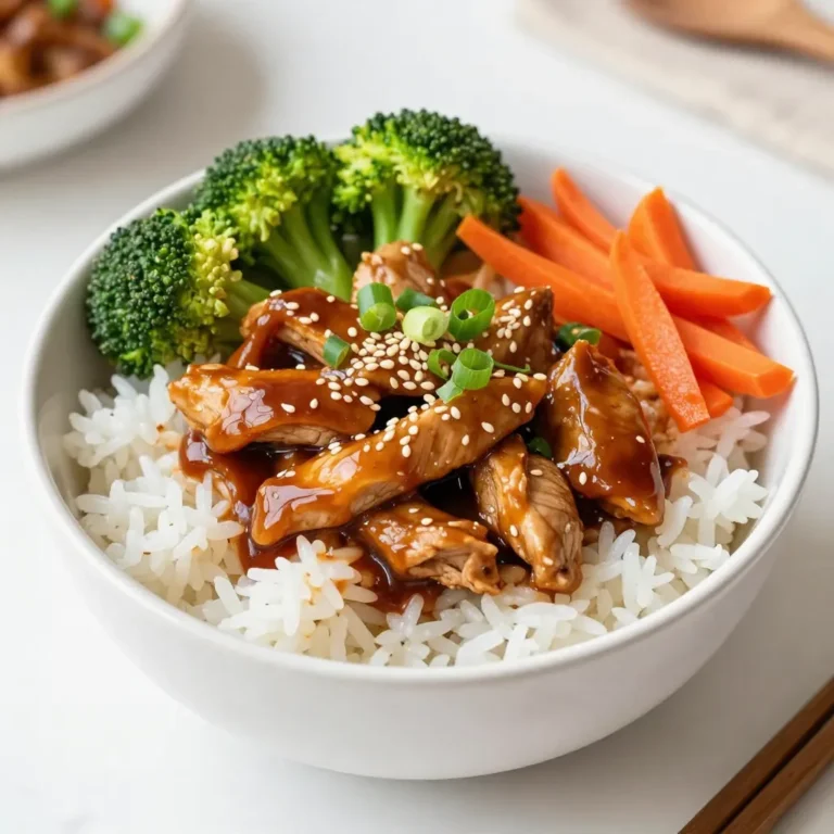 - 2 boneless, skinless chicken breasts, sliced into thin strips - 1 cup jasmine rice - 1 cup chicken broth - 1 cup broccoli florets - 1/2 bell pepper, thinly sliced - 1 carrot, cut into matchstick pieces (julienned) - 2 green onions, sliced - 1/4 cup low-sodium soy sauce - 1/4 cup honey - 1 tablespoon rice vinegar - 2 teaspoons freshly grated ginger - 2 cloves garlic, minced - 1 tablespoon sesame oil The basic ingredients for Teriyaki Chicken Rice Bowls are simple and fresh. You start with chicken and rice, two staples that everyone loves. The chicken gives you protein, while jasmine rice adds a lovely base. Next, you need vegetables. Broccoli, bell pepper, and carrot bring color and crunch. They also add nutrients and flavor. For the teriyaki sauce, you'll mix soy sauce, honey, and rice vinegar. This sauce is sweet and salty. It perfectly coats the chicken and veggies. Don't forget the extra flavor! Ginger and garlic add warmth and depth. A bit of sesame oil gives a nice nutty touch. Together, these ingredients create a dish that is both tasty and satisfying. {{ingredient_image_2}} - Rinsing the Rice: Start by rinsing 1 cup of jasmine rice under cold water. Keep rinsing until the water runs clear. This step helps remove excess starch. - Cooking with Chicken Broth: In a medium saucepan, combine the rinsed rice and 1 cup of chicken broth. Bring it to a boil over high heat. Once boiling, lower the heat. Cover the pot and let it simmer for about 15 minutes. After the liquid absorbs, remove it from heat. Let it sit covered for another 5 minutes. Fluff the rice with a fork before serving. - Whisking Ingredients: In a small bowl, whisk together 1/4 cup soy sauce, 1/4 cup honey, 1 tablespoon rice vinegar, 2 teaspoons grated ginger, 2 minced garlic cloves, and 1 tablespoon sesame oil. Mix well until combined. - Setting Aside: Once mixed, set aside the teriyaki sauce for later use. - Heating the Skillet: Heat a large skillet over medium heat and drizzle a bit of sesame oil. Make sure the oil is hot before adding chicken. - Cooking Time and Seasoning: Add 2 sliced chicken breasts to the skillet. Season with salt and pepper to taste. Cook for about 5-7 minutes, stirring often. The chicken should turn golden brown and be fully cooked. - Types of Vegetables: After cooking the chicken, toss in 1 cup broccoli florets, 1/2 thinly sliced bell pepper, and 1 julienned carrot. - Cooking and Stir-Frying: Stir-fry the vegetables with the chicken for another 3-4 minutes. Cook until the veggies are tender but still crisp. - Pouring the Sauce: Pour the teriyaki sauce over the chicken and vegetables in the skillet. Stir well to coat everything evenly. - Cooking Together: Allow the mixture to cook for an additional 2-3 minutes. This helps the flavors meld together nicely. - Portioning the Rice: Divide the fluffy jasmine rice evenly among four serving bowls. - Topping with Chicken and Vegetables: Generously top each bowl with the teriyaki chicken and vegetable mixture. - Green Onions: For extra flavor and color, sprinkle sliced green onions on top of each bowl. - Sesame Seeds: Finish by adding a sprinkle of sesame seeds for added crunch and a nice look. - Ensuring Chicken is Fully Cooked Cook the chicken until there is no pink inside. Use a meat thermometer for safety. The internal temperature should reach 165°F. This step is key for a safe and tasty meal. - Achieving Perfect Rice Texture Rinse the jasmine rice until the water runs clear. This removes excess starch and keeps your rice fluffy. Cook it in chicken broth for added flavor. Let it sit covered after cooking to ensure it steams properly. - Opting for Fresh Ingredients Use fresh ginger and garlic for the best taste. Fresh vegetables also add more flavor and crunch. Always pick the ripest bell peppers and carrots for a vibrant dish. - Adjusting Sauce Sweetness and Saltiness Taste the teriyaki sauce before using it. If it's too sweet, add a splash of soy sauce. If it’s too salty, balance it with a bit of honey. Customizing the sauce makes your dish uniquely yours. - Serving Methods Serve each bowl with chopsticks for fun, or use a fork for ease. You can also place a lime wedge on the side for extra zest. This adds a nice touch and enhances flavors. - Using Colorful Garnishes Top your rice bowls with sliced green onions and sesame seeds. This adds color and a nice crunch. You can also add shredded carrots or a sprinkle of chili flakes for a pop of color and heat. Pro Tips Marinate the Chicken: For even more flavor, marinate the sliced chicken in the teriyaki sauce for at least 30 minutes before cooking. This helps enhance the taste and tenderness of the meat. Veggie Variations: Feel free to mix in other vegetables such as snap peas, zucchini, or mushrooms. This not only adds color but also boosts the nutritional value of your rice bowls. Rice Substitutes: If you prefer a healthier option, substitute jasmine rice with cauliflower rice or quinoa. Both alternatives provide a great base for this dish while reducing carbs. Serving Suggestions: Serve your teriyaki chicken rice bowls with lime wedges and a side of pickled ginger for added zest and to elevate the overall dining experience. {{image_4}} - Substituting Chicken You can replace chicken with tofu or tempeh. Both options soak up flavor well. Press the tofu to remove extra water. Cut it into cubes for easy cooking. - Alternative Sauces Instead of teriyaki, try a sweet soy glaze or a peanut sauce. These options offer great taste and keep the dish exciting. - Spicy Teriyaki Sauce Want a kick? Add sriracha or red pepper flakes to the teriyaki sauce. This gives it heat and depth. Adjust the amount based on your spice level. - Garlic and Ginger Variations You can boost the garlic and ginger for more flavor. Try adding extra minced garlic or fresh ginger. This will enhance the sauce's aroma and taste. - Using Brown Rice Brown rice is a healthy swap for jasmine rice. It adds fiber and a nutty taste. Just remember it takes longer to cook. - Quinoa or Cauliflower Rice Quinoa is a protein-packed option. Cauliflower rice is low-carb and light. Both will change the dish but keep it delicious. Enjoy experimenting! After your meal, let the teriyaki chicken cool. Place it in an airtight container. This helps keep it fresh. Store it in the fridge for up to three days. Use clear containers to see what's inside. Glass containers work well too. You can reheat teriyaki chicken in several ways. A microwave is quick and easy. Heat on medium power for 1-2 minutes. Make sure to stir halfway through. You can also use a skillet. Just add a splash of water to keep it moist. Heat over low until warm. Do not overcook the chicken, or it can dry out. Yes, you can freeze teriyaki chicken. Place it in a freezer-safe container. It can last up to three months in the freezer. For the best taste, freeze it without the rice. When ready to eat, thaw it overnight in the fridge. Reheat it as mentioned before. Enjoy your meal without losing flavor! Teriyaki chicken lasts about 3 to 4 days in the fridge. Store it in an airtight container. This keeps it fresh and safe to eat. I suggest labeling the container with the date you made it. This way, you can track how long it’s been stored. Yes, you can make Teriyaki Chicken Rice Bowls ahead of time. This dish is great for meal prep. Cook the chicken, rice, and veggies separately. Then, store them in the fridge in separate containers. When you’re ready to eat, just heat them up and combine. This saves time during busy days. You can use several grains instead of jasmine rice. Here are some options: - Brown rice - Quinoa - Cauliflower rice These grains have different flavors and textures. They can give your dish a new twist while still being tasty. Choose what you like best! Most teriyaki sauces are not gluten-free. They often contain soy sauce, which has wheat. If you need a gluten-free option, look for gluten-free soy sauce. You can also make your own teriyaki sauce at home! Just use gluten-free soy sauce and be careful with other ingredients. This way, you can enjoy teriyaki chicken without worry. This blog post guided you through making Teriyaki Chicken Rice Bowls. We explored key ingredients, from chicken and rice to tasty sauces. You learned step-by-step cooking instructions, along with helpful tips and storage ideas. Creating this dish is easy and fun. Plus, you can customize it to fit your tastes. Enjoy making your Teriyaki bowl with fresh ingredients and perfect flavors. Happy cooking!