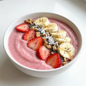 - 1 cup frozen strawberries - 1 ripe banana, peeled and sliced - 1/2 cup Greek yogurt (or non-dairy yogurt) - 1/2 cup almond milk (or any milk of your choice) To make the best Strawberry Banana Smoothie Bowl, start with fresh and frozen fruit. The frozen strawberries give your bowl a nice chill. The ripe banana adds natural sweetness and creaminess. Greek yogurt gives a rich texture and protein boost. Almond milk helps blend everything smoothly. - 1 tablespoon honey or maple syrup (for sweetness) - 1 tablespoon chia seeds You can add honey or maple syrup if you like it sweeter. Chia seeds are a great option for extra nutrition and a fun texture. - Sliced fresh strawberries - Additional banana slices - Crunchy granola - Shredded coconut - Drizzle of honey (optional for serving) Toppings make your smoothie bowl special. Sliced fresh strawberries and bananas add color. Granola adds crunch and fiber. Shredded coconut gives a tropical touch. A drizzle of honey can finish it off nicely. {{ingredient_image_2}} - Combine all base ingredients in a blender. - Add 1 cup frozen strawberries, 1 ripe banana, 1/2 cup Greek yogurt, and 1/2 cup almond milk. - Blend until smooth and creamy. - If the mixture is too thick, adjust thickness with almond milk. - Add a splash at a time until you get your desired texture. - Sample the mixture to check the flavor. - If you want it sweeter, add 1 tablespoon honey or maple syrup. - Blend again for a few seconds to mix. - Pour the smoothie mixture into a serving bowl. - Make sure to leave some space for toppings. - Sprinkle 1 tablespoon chia seeds over the smoothie. - This adds texture and health benefits. - Arrange sliced fresh strawberries and banana on top. - Sprinkle crunchy granola for added crunch. - Drizzle honey and sprinkle shredded coconut last. This method gives you a tasty and vibrant bowl that looks great and is packed with nutrients! Enjoy every bite. To make a great smoothie bowl, thickness matters. A thicker smoothie holds toppings better. Start with less liquid. Blend your base first, then add more almond milk if needed. If it feels too thick, try adding just a splash of milk. For a creamier texture, use ripe bananas. They add natural creaminess that feels good in your mouth. Use wide, shallow bowls for serving. These bowls showcase the bright colors of your smoothie and toppings. Arrange your fruit in fun patterns. Try to create a rainbow effect with your toppings. This makes your bowl pop and looks tempting. Fresh fruit like strawberries and bananas adds vibrance. Add crunchy granola for texture and color contrast. Strawberries and bananas pack a punch of nutrients. Strawberries are high in vitamin C and fiber. They help boost your immune system. Bananas give you energy with natural sugars and potassium. Greek yogurt is a great source of protein and probiotics. Chia seeds add omega-3 fatty acids, making your bowl even healthier. They help with digestion and keep you full longer. Pro Tips Use Frozen Fruits for a Thicker Texture: Frozen strawberries not only enhance the chill factor but also give your smoothie bowl a creamy, thick consistency. Sweetness Adjustment: Always taste your smoothie base before serving. Adding honey or maple syrup can elevate the flavor, but a ripe banana usually adds enough natural sweetness. Experiment with Toppings: Feel free to mix and match toppings like nuts, seeds, or different fruits to create your personalized version of this smoothie bowl. Chill the Bowl: For an extra refreshing experience, chill your serving bowl in the freezer for a few minutes before assembling the smoothie bowl. {{image_4}} You can swap out strawberries and bananas for other fruits. Blueberries make a tasty option. They add a nice color and flavor. Mango works well too, giving a tropical twist. During summer, try using ripe peaches or nectarines. In winter, think about using frozen fruits like raspberries. Seasonal swaps help keep your smoothie bowl fresh and exciting. If you want a dairy-free bowl, try using coconut yogurt. It adds a creamy texture and a hint of coconut flavor. Almond milk or oat milk can serve as your base. These alternatives keep the bowl rich while being kinder to the tummy. Infuse your smoothie bowl with extra flavors. A splash of vanilla extract adds warmth and depth. Nut butter, like almond or peanut, gives a rich taste and healthy fats. You can even sprinkle some cinnamon for a hint of spice. These small changes can turn a simple dish into something special. To keep your leftover smoothie mixture fresh, store it in an airtight container. Place it in the fridge for up to 24 hours. If the smoothie thickens, add a splash of almond milk before serving. This keeps it creamy and delicious. You can freeze parts of the smoothie bowl for future use. Pour the leftover mixture into ice cube trays. Once frozen, transfer the cubes to a freezer bag. This method makes it easy to blend a quick smoothie later. Just blend a few cubes with some milk or yogurt when you want a treat. To keep your fruits fresh, store them in a cool place. Use lemon juice on cut fruits like bananas to prevent browning. When serving, add the fruits just before eating. This keeps your bowl looking colorful and appetizing. Yes, you can make the smoothie bowl ahead of time. Blend all your ingredients and store the mix in an airtight container. Keep it in the fridge for up to 24 hours. When you are ready to eat, stir it well. It can thicken, so you may want to add a splash of milk to loosen it. You can use non-dairy yogurt as a substitute for Greek yogurt. Coconut yogurt or almond milk yogurt works well. These options keep the bowl creamy and tasty. You can also try silken tofu for a protein boost. To make your smoothie bowl vegan, use non-dairy yogurt and plant-based milk, like almond or oat milk. Replace honey with maple syrup or agave nectar for sweetness. This way, you keep all the flavors without animal products. The best way to sweeten your smoothie bowl is by using honey or maple syrup. You can also use ripe bananas for natural sweetness. If you prefer, try adding a date or two. Blend them in for a smooth texture. You can store leftovers in the fridge for one day. In an airtight container, it will stay fresh. However, the texture may change. It's best to enjoy your smoothie bowl right after making it for the best taste. You now know how to create a delicious smoothie bowl. You need simple ingredients, like strawberries and bananas, and a few easy steps. Adjust the thickness with almond milk and taste as you go. Feel free to get creative with toppings and variations. Whether you want a quick breakfast or a tasty treat, this recipe shines. Enjoy experimenting with flavors, and always make it your own! Eating healthy can be fun and yummy.