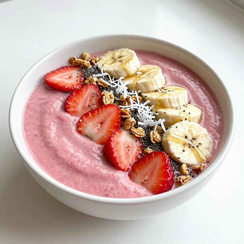 - 1 cup frozen strawberries - 1 ripe banana, peeled and sliced - 1/2 cup Greek yogurt (or non-dairy yogurt) - 1/2 cup almond milk (or any milk of your choice) To make the best Strawberry Banana Smoothie Bowl, start with fresh and frozen fruit. The frozen strawberries give your bowl a nice chill. The ripe banana adds natural sweetness and creaminess. Greek yogurt gives a rich texture and protein boost. Almond milk helps blend everything smoothly. - 1 tablespoon honey or maple syrup (for sweetness) - 1 tablespoon chia seeds You can add honey or maple syrup if you like it sweeter. Chia seeds are a great option for extra nutrition and a fun texture. - Sliced fresh strawberries - Additional banana slices - Crunchy granola - Shredded coconut - Drizzle of honey (optional for serving) Toppings make your smoothie bowl special. Sliced fresh strawberries and bananas add color. Granola adds crunch and fiber. Shredded coconut gives a tropical touch. A drizzle of honey can finish it off nicely. {{ingredient_image_2}} - Combine all base ingredients in a blender. - Add 1 cup frozen strawberries, 1 ripe banana, 1/2 cup Greek yogurt, and 1/2 cup almond milk. - Blend until smooth and creamy. - If the mixture is too thick, adjust thickness with almond milk. - Add a splash at a time until you get your desired texture. - Sample the mixture to check the flavor. - If you want it sweeter, add 1 tablespoon honey or maple syrup. - Blend again for a few seconds to mix. - Pour the smoothie mixture into a serving bowl. - Make sure to leave some space for toppings. - Sprinkle 1 tablespoon chia seeds over the smoothie. - This adds texture and health benefits. - Arrange sliced fresh strawberries and banana on top. - Sprinkle crunchy granola for added crunch. - Drizzle honey and sprinkle shredded coconut last. This method gives you a tasty and vibrant bowl that looks great and is packed with nutrients! Enjoy every bite. To make a great smoothie bowl, thickness matters. A thicker smoothie holds toppings better. Start with less liquid. Blend your base first, then add more almond milk if needed. If it feels too thick, try adding just a splash of milk. For a creamier texture, use ripe bananas. They add natural creaminess that feels good in your mouth. Use wide, shallow bowls for serving. These bowls showcase the bright colors of your smoothie and toppings. Arrange your fruit in fun patterns. Try to create a rainbow effect with your toppings. This makes your bowl pop and looks tempting. Fresh fruit like strawberries and bananas adds vibrance. Add crunchy granola for texture and color contrast. Strawberries and bananas pack a punch of nutrients. Strawberries are high in vitamin C and fiber. They help boost your immune system. Bananas give you energy with natural sugars and potassium. Greek yogurt is a great source of protein and probiotics. Chia seeds add omega-3 fatty acids, making your bowl even healthier. They help with digestion and keep you full longer. Pro Tips Use Frozen Fruits for a Thicker Texture: Frozen strawberries not only enhance the chill factor but also give your smoothie bowl a creamy, thick consistency. Sweetness Adjustment: Always taste your smoothie base before serving. Adding honey or maple syrup can elevate the flavor, but a ripe banana usually adds enough natural sweetness. Experiment with Toppings: Feel free to mix and match toppings like nuts, seeds, or different fruits to create your personalized version of this smoothie bowl. Chill the Bowl: For an extra refreshing experience, chill your serving bowl in the freezer for a few minutes before assembling the smoothie bowl. {{image_4}} You can swap out strawberries and bananas for other fruits. Blueberries make a tasty option. They add a nice color and flavor. Mango works well too, giving a tropical twist. During summer, try using ripe peaches or nectarines. In winter, think about using frozen fruits like raspberries. Seasonal swaps help keep your smoothie bowl fresh and exciting. If you want a dairy-free bowl, try using coconut yogurt. It adds a creamy texture and a hint of coconut flavor. Almond milk or oat milk can serve as your base. These alternatives keep the bowl rich while being kinder to the tummy. Infuse your smoothie bowl with extra flavors. A splash of vanilla extract adds warmth and depth. Nut butter, like almond or peanut, gives a rich taste and healthy fats. You can even sprinkle some cinnamon for a hint of spice. These small changes can turn a simple dish into something special. To keep your leftover smoothie mixture fresh, store it in an airtight container. Place it in the fridge for up to 24 hours. If the smoothie thickens, add a splash of almond milk before serving. This keeps it creamy and delicious. You can freeze parts of the smoothie bowl for future use. Pour the leftover mixture into ice cube trays. Once frozen, transfer the cubes to a freezer bag. This method makes it easy to blend a quick smoothie later. Just blend a few cubes with some milk or yogurt when you want a treat. To keep your fruits fresh, store them in a cool place. Use lemon juice on cut fruits like bananas to prevent browning. When serving, add the fruits just before eating. This keeps your bowl looking colorful and appetizing. Yes, you can make the smoothie bowl ahead of time. Blend all your ingredients and store the mix in an airtight container. Keep it in the fridge for up to 24 hours. When you are ready to eat, stir it well. It can thicken, so you may want to add a splash of milk to loosen it. You can use non-dairy yogurt as a substitute for Greek yogurt. Coconut yogurt or almond milk yogurt works well. These options keep the bowl creamy and tasty. You can also try silken tofu for a protein boost. To make your smoothie bowl vegan, use non-dairy yogurt and plant-based milk, like almond or oat milk. Replace honey with maple syrup or agave nectar for sweetness. This way, you keep all the flavors without animal products. The best way to sweeten your smoothie bowl is by using honey or maple syrup. You can also use ripe bananas for natural sweetness. If you prefer, try adding a date or two. Blend them in for a smooth texture. You can store leftovers in the fridge for one day. In an airtight container, it will stay fresh. However, the texture may change. It's best to enjoy your smoothie bowl right after making it for the best taste. You now know how to create a delicious smoothie bowl. You need simple ingredients, like strawberries and bananas, and a few easy steps. Adjust the thickness with almond milk and taste as you go. Feel free to get creative with toppings and variations. Whether you want a quick breakfast or a tasty treat, this recipe shines. Enjoy experimenting with flavors, and always make it your own! Eating healthy can be fun and yummy.