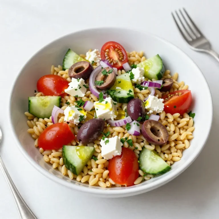 - 1 cup orzo pasta - 1 medium cucumber, diced - 1 cup cherry tomatoes, halved - 1/2 red onion, finely chopped - 1/2 cup Kalamata olives, pitted and sliced - 1/2 cup feta cheese, crumbled - 1/4 cup fresh parsley, chopped - 1/4 cup extra virgin olive oil - 2 tablespoons fresh lemon juice - 1 teaspoon dried oregano - Salt and pepper to taste Creating a delicious Greek Orzo Pasta Salad starts with fresh ingredients. I love using orzo pasta for its fun shape and texture. It cooks quickly and absorbs flavors well. For the veggies, I always choose a crisp cucumber and sweet cherry tomatoes. The red onion adds a nice bite. Kalamata olives bring a salty, briny taste. Crumbled feta cheese gives it creaminess and a tangy flavor. Fresh parsley brightens up the dish. Now, for the dressing, I keep it simple yet tasty. Extra virgin olive oil adds richness. Fresh lemon juice gives it a zesty kick. Dried oregano adds that classic Greek taste. Don't forget to season with salt and pepper to make all the flavors pop. Gathering these ingredients makes the process easy and enjoyable. Each one plays a key role in making this salad fresh and flavorful. {{ingredient_image_2}} - Bring a large pot of salted water to a boil. - Add 1 cup of orzo pasta and cook it for 8-10 minutes. - Check for al dente texture, then drain the orzo. - Rinse it under cold water to stop the cooking. - In a big mixing bowl, combine diced cucumber, halved cherry tomatoes, finely chopped red onion, sliced Kalamata olives, crumbled feta cheese, and chopped parsley. - Toss all the ingredients together gently to mix them well. - In a small bowl, whisk together 1/4 cup of extra virgin olive oil, 2 tablespoons of fresh lemon juice, 1 teaspoon of dried oregano, and salt and pepper. - Drizzle this dressing over the salad mixture for great flavor. - Add the cooled orzo to the salad mixture. - Toss everything together until all the ingredients are evenly coated with the dressing. - Taste your salad and adjust the seasoning as needed. - Let the salad sit for 15 minutes at room temperature to allow the flavors to blend. To cook perfect orzo, avoid overcooking it. You want the pasta to be al dente, which means it should have a slight bite. This usually takes around 8-10 minutes in boiling salted water. After cooking, drain the orzo and rinse it with cold water. This stops the cooking and cools the pasta quickly. Let your salad sit for about 15 minutes before serving. This allows the flavors to meld together. For the best taste, use high-quality olive oil. It makes a big difference in flavor. Serve the salad in a large platter or individual bowls for a nice look. Garnish with fresh parsley and Kalamata olives on top. This not only enhances the visual appeal but also adds extra flavor. Pro Tips Cook Orzo Al Dente: Ensure you cook the orzo just until it's al dente for the best texture. It will continue to absorb moisture after being mixed with the dressing. Chill Your Salad: For a refreshing experience, refrigerate the salad for at least 30 minutes before serving. This enhances the flavors and makes it more enjoyable on warm days. Customize Your Vegetables: Feel free to swap in other vegetables like bell peppers or artichokes to suit your taste or use whatever is in season for the best flavor. Extra Dressing: Serve additional dressing on the side for those who prefer a little extra flavor. This allows everyone to customize their own serving. {{image_4}} You can swap orzo for grains like quinoa or barley. This change offers a nutty flavor and boosts nutrition. If you want a different cheese, try goat cheese. It adds a tangy twist and creamy texture. To spice up your salad, consider adding roasted red peppers or artichokes. These ingredients bring a smoky taste and vibrant color. For extra protein, grilled chicken or chickpeas work well. They make the dish hearty and filling. If you want to change the dressing, balsamic vinegar is a great choice. It adds a sweet and tangy flavor that pairs well with the salad. Fresh herbs like basil or mint can also enhance the taste. They bring brightness and freshness to every bite. Store your Greek Orzo Pasta Salad in an airtight container. It stays fresh in the fridge. I recommend eating it within 3-5 days. This way, you enjoy the best flavors and textures. Freezing this salad is not a great idea. The texture changes and becomes mushy. You will lose the crispness of the veggies and the creaminess of the feta. You can serve this salad cold or at room temperature. I suggest avoiding the microwave. Microwaving can make the ingredients less fresh. Enjoy it as is for the best taste! Yes, it can be prepared a day in advance. Making it early helps the flavors blend. Just keep it in the fridge until you serve it. The taste gets even better overnight. This salad pairs well with grilled meats or can be a standalone dish. You might enjoy it with chicken, fish, or even lamb. It makes a great side for BBQs or picnics. Substitute orzo with gluten-free pasta options. You can find many types of gluten-free pasta. Look for ones made from rice, quinoa, or corn. They work well in this salad. Experiment with different oils or vinegars for unique taste. Try balsamic vinegar or red wine vinegar. You can also add fresh herbs like basil or mint for extra flavor. Mixing it up keeps the salad exciting. This Greek Orzo Pasta Salad is a colorful and tasty dish. We covered key ingredients, step-by-step prep, and tips for the best flavors. Remember, you can mix in different veggies, proteins, or dressings to suit your taste. Preparing this salad a day ahead makes it even better. Store it well for up to five days. Enjoy this healthy dish for any meal. Your friends and family will love it!