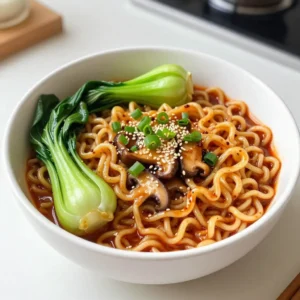 To make spicy garlic ramen noodles, gather the following key items: - 2 packs of instant ramen noodles (discard the seasoning packets) - 3 tablespoons vegetable oil - 4 cloves garlic, minced - 1 tablespoon fresh ginger, grated - 1-2 tablespoons chili paste (adjust according to your heat preference) - 2 tablespoons soy sauce - 1 tablespoon sesame oil - 1 cup vegetable broth - 1 cup bok choy, chopped (you can use other leafy greens) - 1/2 cup sliced mushrooms (shiitake or button mushrooms work best) - 2 green onions, chopped - Sesame seeds for garnish - Salt and pepper to taste You can customize your ramen with these fun options: - Add protein like tofu, chicken, or shrimp for heartiness. - Toss in more veggies like bell peppers or carrots for extra crunch. - Use different types of noodles, like udon or soba. - Try different sauces, like hoisin or oyster sauce, for a unique twist. To whip up this dish, you need a few simple tools: - A large pot for boiling noodles - A skillet or wok for sautéing - A cutting board and knife for chopping - Measuring spoons for precise ingredients - A stirring spoon to mix everything together {{ingredient_image_2}} Start by boiling a pot of water. Once it boils, add the instant ramen noodles. Cook them until they are just tender. This usually takes about 3-4 minutes. Drain the noodles and set them aside for later. In a large skillet or wok, heat the vegetable oil over medium heat. When the oil is shimmering, add the minced garlic and grated ginger. Sauté them for 1-2 minutes. This makes the kitchen smell great! Be careful not to burn them. Next, stir in the chili paste and cook for one more minute. Add the sliced mushrooms and chopped bok choy to the skillet. Sauté the veggies for 3-4 minutes. You want the bok choy to wilt and the mushrooms to get soft. Then, pour in the vegetable broth, soy sauce, and sesame oil. Raise the heat and let it simmer for 2-3 minutes. This helps the flavors mix nicely. Gently add the drained ramen noodles to the skillet. Toss them with the veggies and sauce until everything is well coated. Taste the dish and season it with salt and pepper. If you want more heat, stir in extra chili paste. Once heated through, remove the skillet from the heat. Garnish with chopped green onions and sesame seeds. This makes the dish look extra inviting! To get the best texture, cook your ramen noodles just right. Follow the package time closely. Overcooking makes them mushy. When you drain them, rinse with cold water. This stops the cooking. The noodles then stay firm. Use fresh garlic and ginger. They add great flavor. Sauté them carefully in hot oil. Watch them closely to avoid burning. This brings out their full taste. For spice, adjust the chili paste to your liking. Start with one tablespoon if you like mild heat. Add more if you want it spicy. Serving matters! Use deep bowls for a nice look. Place the noodles first, then add the vibrant veggies. Top with green onions and sesame seeds to make it pop. A drizzle of chili oil adds a nice touch, too. You can also add a slice of lime on the side. The lime gives a fresh taste when squeezed over the dish. It makes the meal even more exciting. One common mistake is using the seasoning packets that come with instant ramen. They can make the dish too salty. Instead, rely on your own seasonings for better flavor control. Don’t skip the sauté step for garlic and ginger. This step is key for flavor. Also, avoid adding too many veggies at once. This can make the dish watery. Stick to the recipe for balance. Pro Tips Fresh Ingredients: Always use fresh garlic and ginger for the best flavor. Dried or powdered versions won't give you the same aromatic punch. Adjusting Heat: If you're unsure about the spice level, start with less chili paste and taste as you go. You can always add more if you want it spicier. Vegetable Variations: Feel free to mix in other vegetables like bell peppers, carrots, or spinach. This not only adds color but also boosts the nutritional value. Serving Suggestions: For added richness, consider topping your ramen with a soft-boiled egg or some sliced cooked chicken for a heartier meal. {{image_4}} You can easily boost the protein in your spicy garlic ramen. Tofu is a great choice. Use firm tofu and cube it before adding. Sauté it until golden brown. If you prefer meat, chicken works well too. Just slice it thinly and cook it with the garlic and ginger. You can even use shrimp for a seafood twist. For a vegan version, stick with plant-based proteins like tofu or seitan. Replace the vegetable broth with a homemade veggie broth for deeper flavor. You can also add more greens like spinach or kale. This way, you keep it colorful and nutritious. For vegetarians, feel free to sprinkle some grated cheese on top for a creamy finish. Want more heat? Add more chili paste to the mix. Start with one tablespoon, then taste. If you like it spicy, add more. If you want less spice, reduce the chili paste. You can also use milder ingredients like bell peppers instead of spicier chili options. This way, you can control the heat to your liking. Experiment with these variations to make this dish your own. Enjoy the journey of flavor! Store any leftover spicy garlic ramen noodles in an airtight container. Ensure the noodles cool down before sealing. They stay fresh in the fridge for 3 to 4 days. If you notice any excess liquid, drain it off to keep the noodles from becoming soggy. To reheat, place the noodles in a skillet over medium heat. Add a splash of vegetable broth or water to revive the sauce. Stir frequently until heated through. This method helps keep the noodles from clumping. You can freeze the ramen noodles, but it's best to freeze the sauce and veggies separately. Portion the noodles and sauce into freezer-safe bags. They can last for up to 2 months in the freezer. When ready to eat, thaw overnight in the fridge and reheat as mentioned above. Enjoy your quick meal even later! The best noodles for ramen are the ones made from wheat. They are chewy and hold sauce well. Instant ramen noodles work great for quick meals. Fresh ramen noodles give a better texture but take longer to cook. Look for noodles labeled "ramen" in stores. They often come with different thicknesses and shapes. Yes, you can make spicy garlic ramen without chili paste. Use red pepper flakes or hot sauce instead. You can also add sliced fresh chili peppers for heat. Another option is to use spicy oils, like chili oil or sesame oil with chili. Adjust the amount to fit your spice level. Adding more vegetables is easy and fun! You can use any greens like spinach or kale. Carrots, bell peppers, and snap peas add crunch and color. Just chop them into small pieces. Sauté them along with garlic and ginger for flavor. Always adjust cooking time to keep them fresh and bright. Several side dishes go well with spicy garlic ramen. Try a simple cucumber salad for a refreshing contrast. Edamame offers a nice crunch and is easy to make. You can also serve gyoza or dumplings for a tasty bite. For something light, consider miso soup as a warm starter. This blog post covered how to make spicy garlic ramen noodles. I shared essential and optional ingredients, tools needed, and step-by-step instructions. We explored tips for the best flavor and texture, along with common mistakes to avoid. You learned about protein additions, vegan options, and how to adjust spice levels. Lastly, I provided storage info and answered common questions. Use these steps to create a tasty meal that fits your taste. Enjoy making your own spicy garlic ramen at home!