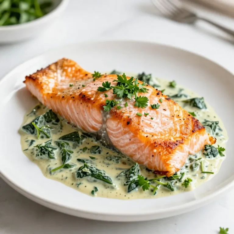 - 4 salmon fillets (6 oz each) - 1 cup fresh spinach, finely chopped - 1/2 cup cream cheese, softened - 1/4 cup grated Parmesan cheese - 1 clove garlic, minced - 1 tablespoon fresh lemon juice - 1/4 teaspoon red pepper flakes - Salt and freshly ground black pepper to taste - 2 tablespoons olive oil - 1 tablespoon fresh parsley, finely chopped (for garnish) To make creamy spinach stuffed salmon, gather these ingredients. You need fresh salmon fillets that are thick enough to hold the filling. The spinach adds color and nutrition. Cream cheese gives that rich, creamy texture, while Parmesan adds a nice salty kick. Garlic brings in flavor, and lemon juice brightens everything up. Red pepper flakes give it a little heat, but you can adjust that to your taste. Using salt and pepper helps enhance all the flavors. Olive oil keeps the salmon moist and adds depth. Finally, fresh parsley makes for a beautiful garnish. Once you have these ingredients, you're ready to create a meal that's not just tasty but also visually appealing. {{ingredient_image_2}} To make the filling, start by mixing the spinach, cream cheese, and spices. In a bowl, add 1 cup of finely chopped fresh spinach. Then, add 1/2 cup of softened cream cheese and 1/4 cup of grated Parmesan cheese. Next, add 1 minced garlic clove, 1 tablespoon of fresh lemon juice, and 1/4 teaspoon of red pepper flakes. Sprinkle in some salt and pepper to taste. Mix everything together until it is smooth and well combined. This will give your filling a rich and flavorful taste. Now, let’s prepare the salmon. Take 4 salmon fillets, each weighing about 6 ounces. Use a sharp knife to create a pocket in the center of each fillet. Be careful not to cut all the way through; you want to keep the filling secure. Once you have the pockets ready, generously stuff each fillet with the creamy spinach mixture. Press the edges gently to keep the filling inside. Heat 2 tablespoons of olive oil in a skillet over medium heat. Meanwhile, lightly season the outside of the stuffed salmon fillets with salt and pepper. Place the fillets in the skillet and sear them for about 3-4 minutes on each side. Look for a golden brown crust. After searing, transfer the salmon to a baking dish lined with parchment paper. Bake in your preheated oven at 375°F for 12-15 minutes. The salmon is done when it is opaque and flakes easily with a fork. Let it rest for a couple of minutes before serving. This resting time enhances the flavors. To make the filling just right, adjust the seasonings to your taste. You might like more garlic or a pinch of salt. If you want a twist, try substituting the cream cheese or Parmesan with other cheeses. Goat cheese or ricotta can add a fun flavor. Keep your salmon moist by not overcooking it. Use a meat thermometer and aim for 145°F (63°C). Sear the salmon on medium heat. This helps create a nice, crispy exterior. Don’t rush this step; it adds great flavor and texture. Serve your salmon with a lemon wedge on the side. This adds a pop of color and freshness. For a fancy touch, sprinkle chopped parsley over the top. It makes the dish look great on the plate. A light drizzle of olive oil can also enhance the look and taste. Pro Tips Choose Fresh Salmon: Opt for wild-caught salmon if available; it has a richer flavor and better texture than farmed salmon. Customize the Filling: Feel free to add in other ingredients like sun-dried tomatoes or artichokes to enhance the flavor of the spinach filling. Don’t Overcook: Keep an eye on the cooking time; salmon is perfectly cooked when it’s opaque and flakes easily with a fork. Rest Before Serving: Allow the salmon to rest for a few minutes after baking; this helps the juices redistribute for a moist and flavorful dish. {{image_4}} You can change fresh spinach for frozen spinach. Just make sure to thaw and drain it well. This swap saves time and adds convenience. You can also try different cheeses. Cream cheese and Parmesan work well, but mozzarella or feta can add a nice twist. Get creative with your filling! You can add herbs like dill or basil for extra flavor. A pinch of nutmeg can also work wonders. If you want to try different seafood, consider using trout or halibut. Each fish brings its own taste and texture. If you need gluten-free options, ensure your ingredients meet this need. Use gluten-free breadcrumbs if you want to add a crunchy topping. For a lower-calorie choice, reduce the cream cheese or use a lighter version. You can also add more spinach to boost nutrition without adding many calories. To keep your creamy spinach stuffed salmon fresh, store leftovers in an airtight container. Make sure to let the salmon cool before sealing it. This helps keep the moisture in. You can refrigerate it for up to three days. If you want to eat it later, follow the freezing guidelines below. When reheating, I recommend using the oven. Preheat your oven to 350°F (175°C). Place the salmon on a baking sheet. Cover it with foil to keep it moist. Heat for about 10-15 minutes or until it’s warm. You want to keep the flavors and moisture intact, so don’t rush this step. Yes, you can freeze stuffed salmon! To prepare, wrap each stuffed fillet tightly in plastic wrap. Place them in a freezer-safe bag or container. Make sure to squeeze out as much air as possible. This prevents freezer burn. You can freeze it for up to three months. When ready to eat, thaw it in the fridge overnight before reheating. Bake the stuffed salmon for 12-15 minutes. The time depends on how thick your fillets are. Thicker fillets may need a bit longer. Always check if the salmon is opaque and flakes easily with a fork. Yes, you can use other fish. Options like trout or tilapia work well. Both have a mild flavor that pairs nicely with the creamy spinach filling. Just adjust the cooking time based on the thickness of the fish you choose. Several sides go great with this dish: - Steamed asparagus - Garlic mashed potatoes - Quinoa salad - Roasted vegetables - Rice pilaf These sides will enhance the meal experience and balance the salmon's rich flavors. You learned how to make Creamy Spinach Stuffed Salmon in this article. We covered each ingredient, from salmon to seasonings. You now know how to prepare, cook, and serve this dish. Don't forget to try different flavors or cheeses to make it your own. Store leftovers properly to keep them fresh. Enjoy your cooking and impress your family with this tasty meal. Each bite will show your effort and skill. Trust me, they will love it!