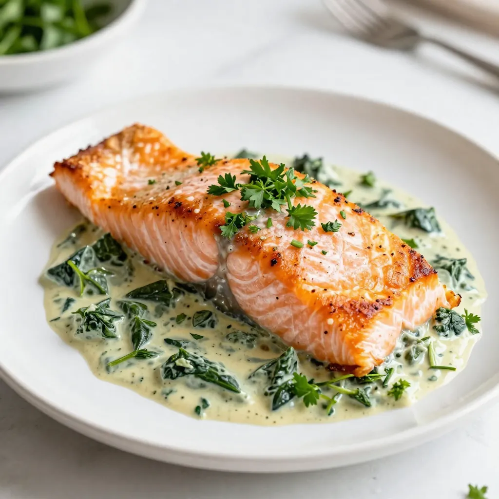 - 4 salmon fillets (6 oz each) - 1 cup fresh spinach, finely chopped - 1/2 cup cream cheese, softened - 1/4 cup grated Parmesan cheese - 1 clove garlic, minced - 1 tablespoon fresh lemon juice - 1/4 teaspoon red pepper flakes - Salt and freshly ground black pepper to taste - 2 tablespoons olive oil - 1 tablespoon fresh parsley, finely chopped (for garnish) To make creamy spinach stuffed salmon, gather these ingredients. You need fresh salmon fillets that are thick enough to hold the filling. The spinach adds color and nutrition. Cream cheese gives that rich, creamy texture, while Parmesan adds a nice salty kick. Garlic brings in flavor, and lemon juice brightens everything up. Red pepper flakes give it a little heat, but you can adjust that to your taste. Using salt and pepper helps enhance all the flavors. Olive oil keeps the salmon moist and adds depth. Finally, fresh parsley makes for a beautiful garnish. Once you have these ingredients, you're ready to create a meal that's not just tasty but also visually appealing. {{ingredient_image_2}} To make the filling, start by mixing the spinach, cream cheese, and spices. In a bowl, add 1 cup of finely chopped fresh spinach. Then, add 1/2 cup of softened cream cheese and 1/4 cup of grated Parmesan cheese. Next, add 1 minced garlic clove, 1 tablespoon of fresh lemon juice, and 1/4 teaspoon of red pepper flakes. Sprinkle in some salt and pepper to taste. Mix everything together until it is smooth and well combined. This will give your filling a rich and flavorful taste. Now, let’s prepare the salmon. Take 4 salmon fillets, each weighing about 6 ounces. Use a sharp knife to create a pocket in the center of each fillet. Be careful not to cut all the way through; you want to keep the filling secure. Once you have the pockets ready, generously stuff each fillet with the creamy spinach mixture. Press the edges gently to keep the filling inside. Heat 2 tablespoons of olive oil in a skillet over medium heat. Meanwhile, lightly season the outside of the stuffed salmon fillets with salt and pepper. Place the fillets in the skillet and sear them for about 3-4 minutes on each side. Look for a golden brown crust. After searing, transfer the salmon to a baking dish lined with parchment paper. Bake in your preheated oven at 375°F for 12-15 minutes. The salmon is done when it is opaque and flakes easily with a fork. Let it rest for a couple of minutes before serving. This resting time enhances the flavors. To make the filling just right, adjust the seasonings to your taste. You might like more garlic or a pinch of salt. If you want a twist, try substituting the cream cheese or Parmesan with other cheeses. Goat cheese or ricotta can add a fun flavor. Keep your salmon moist by not overcooking it. Use a meat thermometer and aim for 145°F (63°C). Sear the salmon on medium heat. This helps create a nice, crispy exterior. Don’t rush this step; it adds great flavor and texture. Serve your salmon with a lemon wedge on the side. This adds a pop of color and freshness. For a fancy touch, sprinkle chopped parsley over the top. It makes the dish look great on the plate. A light drizzle of olive oil can also enhance the look and taste. Pro Tips Choose Fresh Salmon: Opt for wild-caught salmon if available; it has a richer flavor and better texture than farmed salmon. Customize the Filling: Feel free to add in other ingredients like sun-dried tomatoes or artichokes to enhance the flavor of the spinach filling. Don’t Overcook: Keep an eye on the cooking time; salmon is perfectly cooked when it’s opaque and flakes easily with a fork. Rest Before Serving: Allow the salmon to rest for a few minutes after baking; this helps the juices redistribute for a moist and flavorful dish. {{image_4}} You can change fresh spinach for frozen spinach. Just make sure to thaw and drain it well. This swap saves time and adds convenience. You can also try different cheeses. Cream cheese and Parmesan work well, but mozzarella or feta can add a nice twist. Get creative with your filling! You can add herbs like dill or basil for extra flavor. A pinch of nutmeg can also work wonders. If you want to try different seafood, consider using trout or halibut. Each fish brings its own taste and texture. If you need gluten-free options, ensure your ingredients meet this need. Use gluten-free breadcrumbs if you want to add a crunchy topping. For a lower-calorie choice, reduce the cream cheese or use a lighter version. You can also add more spinach to boost nutrition without adding many calories. To keep your creamy spinach stuffed salmon fresh, store leftovers in an airtight container. Make sure to let the salmon cool before sealing it. This helps keep the moisture in. You can refrigerate it for up to three days. If you want to eat it later, follow the freezing guidelines below. When reheating, I recommend using the oven. Preheat your oven to 350°F (175°C). Place the salmon on a baking sheet. Cover it with foil to keep it moist. Heat for about 10-15 minutes or until it’s warm. You want to keep the flavors and moisture intact, so don’t rush this step. Yes, you can freeze stuffed salmon! To prepare, wrap each stuffed fillet tightly in plastic wrap. Place them in a freezer-safe bag or container. Make sure to squeeze out as much air as possible. This prevents freezer burn. You can freeze it for up to three months. When ready to eat, thaw it in the fridge overnight before reheating. Bake the stuffed salmon for 12-15 minutes. The time depends on how thick your fillets are. Thicker fillets may need a bit longer. Always check if the salmon is opaque and flakes easily with a fork. Yes, you can use other fish. Options like trout or tilapia work well. Both have a mild flavor that pairs nicely with the creamy spinach filling. Just adjust the cooking time based on the thickness of the fish you choose. Several sides go great with this dish: - Steamed asparagus - Garlic mashed potatoes - Quinoa salad - Roasted vegetables - Rice pilaf These sides will enhance the meal experience and balance the salmon's rich flavors. You learned how to make Creamy Spinach Stuffed Salmon in this article. We covered each ingredient, from salmon to seasonings. You now know how to prepare, cook, and serve this dish. Don't forget to try different flavors or cheeses to make it your own. Store leftovers properly to keep them fresh. Enjoy your cooking and impress your family with this tasty meal. Each bite will show your effort and skill. Trust me, they will love it!