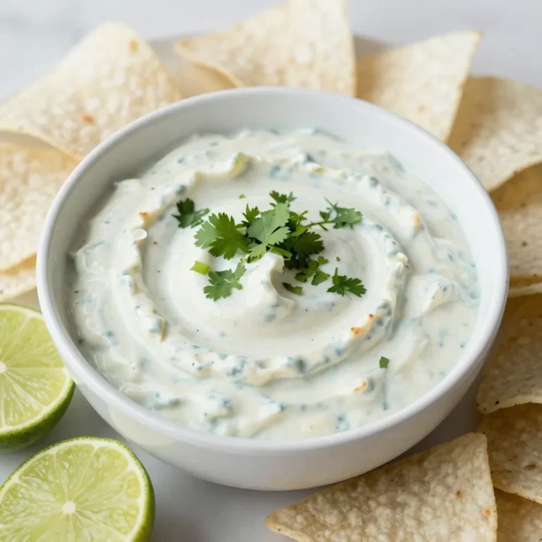 To create this delicious dip, gather these key ingredients: - 1 cup sour cream - 1/2 cup thick Greek yogurt - 1/4 cup fresh cilantro, finely chopped - 2 tablespoons freshly squeezed lime juice - 1 clove garlic, finely minced - 1/2 teaspoon ground cumin - Salt and freshly cracked black pepper, to taste These main ingredients work together to make your dip creamy, tangy, and full of flavor. If you want to add some heat, consider this optional ingredient: - 1/2 jalapeño, seeded and finely minced This jalapeño will give your dip a lively kick. Adjust the amount based on your taste. Pair your creamy cilantro lime dip with these tasty options: - Crispy tortilla chips - Crunchy veggie sticks - Stuffed mini sweet peppers These accompaniments enhance the eating experience. They bring out the dip's fresh flavors and create a fun snack. {{ingredient_image_2}} Start with a medium mixing bowl. Add 1 cup of sour cream and 1/2 cup of thick Greek yogurt. Use a whisk or spatula to blend them well. Mix until the texture is smooth and creamy. This base gives your dip a rich flavor. Next, add 1/4 cup of finely chopped fresh cilantro. Then, squeeze in 2 tablespoons of freshly squeezed lime juice. Don’t forget to add 1 clove of finely minced garlic and 1/2 teaspoon of ground cumin. Stir gently to combine everything. You want the dip to be thick and creamy. Taste your dip and season it with salt and freshly cracked black pepper. If you like heat, fold in 1/2 minced jalapeño. Cover the bowl tightly with plastic wrap or place the dip in an airtight container. Refrigerate for at least 30 minutes. This helps the flavors blend well. Before serving, stir the dip again. Adjust seasoning if needed. Serve it in a bright bowl, topped with more cilantro. Pair it with tortilla chips or veggie sticks for a tasty snack! To make your creamy cilantro lime dip even better, think about adding more herbs. Fresh parsley or mint can give it a fresh twist. You can also try different spices like chili powder or smoked paprika for extra depth. If you love citrus, consider adding more lime juice or even some lemon zest for brightness. These small tweaks can really make your dip pop! If you have dietary restrictions, there are easy swaps. For a dairy-free option, use coconut yogurt instead of sour cream or Greek yogurt. You can also use avocado to create a creamy base. If you need a lower-fat option, try using low-fat yogurt. Always make sure to check labels for allergens if you are cooking for others. Timing is key for the best flavor. Chill your dip for at least 30 minutes before serving. This allows the flavors to blend well. If you are in a hurry, even 15 minutes can help. Serve your dip cold for a refreshing taste. Keep it in the fridge if you aren't serving it right away. This way, it stays fresh and creamy! Pro Tips Fresh Ingredients: Always use fresh cilantro and lime juice for the brightest flavors in your dip. Chill Time: Allow the dip to chill for at least 30 minutes before serving; this helps the flavors meld together beautifully. Adjusting Spice: If you like it spicier, start with a small amount of jalapeño and increase to your taste. Serving Suggestions: Pair the dip with a variety of dippers like tortilla chips, veggie sticks, or pita bread for a colorful presentation. {{image_4}} You can change the flavor of your creamy cilantro lime dip by using other herbs. For a fresh twist, try adding parsley or basil. These herbs bring unique tastes that can brighten up your dip. If you want a more earthy flavor, consider adding dill or chives. Each herb adds its own flair, so feel free to experiment! Transform your classic dip into a creamy avocado cilantro lime dip. Simply mash one ripe avocado and mix it with the original ingredients. The avocado adds a rich, buttery texture. It also gives a beautiful green color that makes your dip pop. This version is perfect for avocado lovers and is a great way to sneak in some extra nutrients. To make a vegan version of the dip, swap out the sour cream and Greek yogurt. Use coconut yogurt or cashew cream instead. This keeps the dip creamy while making it plant-based. You can also add a splash of nutritional yeast for a cheesy flavor. This way, everyone can enjoy the dip, no matter their diet! To keep your creamy cilantro lime dip fresh, always store it in an airtight container. This prevents air from getting in and helps maintain its creamy texture. Place the container in the fridge right after you finish eating. The dip stays best in the coldest part of your fridge, usually at the back. Make sure to cover the dip tightly if you use plastic wrap. This keeps the flavors strong and prevents the dip from absorbing other odors. You can freeze this dip, but it's best to enjoy it fresh. If you want to freeze it, place the dip in a freezer-safe container. Leave some space at the top for expansion. Use it within one month for the best taste. When ready to use, thaw the dip in the fridge overnight. Stir it well after thawing to bring back its smooth texture. Keep in mind that freezing may change the dip's consistency slightly. When stored properly, creamy cilantro lime dip lasts about 3-4 days in the fridge. Always check for any off smells or changes in texture before using. If you see any mold or if it smells funny, it's best to throw it away. For frozen dip, it can last up to one month but may lose some flavor and texture over time. If you plan to make a big batch, consider how quickly you'll use it to keep it fresh and tasty! Yes, you can make this dip ahead of time. I often prepare it a few hours before serving. This allows the flavors to mix well. Just store it in the fridge. Make sure to cover it tightly. The dip stays fresh and tasty this way. If you need a substitute, use plain Greek yogurt. It gives a similar creamy texture. You can also try cottage cheese for a lower-fat option. Both choices work well in this dip. To add heat, mix in minced jalapeño. Start with half a jalapeño for a mild kick. You can add more if you like it hotter. Another option is to sprinkle in some cayenne pepper. This will also bring some spice. This dip can fit many diets. It’s vegetarian and can be made gluten-free. If you use Greek yogurt, it can be lower in fat. For vegan options, swap sour cream with plant-based yogurt. Just check the labels to stay within dietary needs. This creamy cilantro lime dip is simple and versatile. We explored its main ingredients, optional spicy add-ins, and perfect pairings. I shared easy steps to prepare it, along with tips for flavor and substitutions. You discovered fun variations and how to store it for later use. In the end, this dip is great for any occasion, whether a party or a quiet night in. Enjoy making it your own!