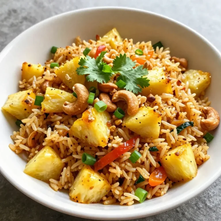 - Rice selection and preparation: Use 2 cups of cooked jasmine rice. Day-old rice works best. It’s dry and won’t clump. Freshly cooked rice can get mushy when fried. - Fresh produce: You need 1 ripe pineapple, peeled, cored, and cut into small pieces. This gives a sweet and tangy flavor. Add 1 cup of mixed vegetables. I like peas, diced carrots, and chopped bell peppers. They add color and crunch. You will also need 1 onion, finely diced, and 2 cloves of minced garlic. Lastly, use 1 teaspoon of freshly grated ginger for a zing. - Essential seasonings and toppings: For flavor, grab 2 tablespoons of soy sauce and 1 tablespoon of sesame oil. Add salt and pepper to taste. To finish, use 1/4 cup of toasted cashews and 2 green onions, thinly sliced. These add texture. Don't forget fresh cilantro leaves for garnish! They brighten up the dish and look great. {{ingredient_image_2}} First, heat sesame oil in a large skillet over medium heat. Add the diced pineapple to the hot oil. Sauté for about 3-4 minutes. You want the pineapple to caramelize and turn slightly golden. This step brings out its natural sweetness. After cooking, remove the pineapple from the skillet. This keeps it juicy for later. Next, in the same skillet, add a little more oil if needed. Toss in the finely diced onion. Sauté for about 2-3 minutes until it looks translucent. Then, add minced garlic and grated ginger. Cook for one more minute. This mix creates a fragrant base for your dish. Now, turn up the heat and add your mixed vegetables. Stir-fry them for 2-3 minutes. You want them tender but still bright. Then, add the cooked jasmine rice. Gently break apart any clumps with your spatula. This ensures even cooking and helps all the flavors mix well. Drizzle soy sauce over the rice and vegetables. Stir everything together to coat the rice evenly. Carefully add the caramelized pineapple back to the skillet. Gently fold it in, allowing the flavors to meld. Continue cooking for another 2-3 minutes. This step makes sure every bite bursts with flavor. Finally, taste and adjust the salt and pepper as you like. Using day-old rice is a smart choice. It dries out a bit in the fridge. This helps it fry better without getting mushy. Fresh rice can be sticky and clumpy. If you don’t have day-old rice, spread fresh rice on a tray to cool. You can also try different rice types. Brown rice adds a nutty flavor. Cauliflower rice gives a low-carb option. Both can change the texture and taste of your dish. Adding spices can make your dish sing. A pinch of chili flakes adds heat. A dash of curry powder brings warmth and depth. Try adding a squeeze of lime juice for brightness. Balancing sweetness and saltiness is key. The pineapple adds sweetness, while soy sauce brings salt. Adjust these to match your taste. A little extra soy sauce can make all the difference. Garnishing makes your dish pop. Fresh cilantro on top adds color and flavor. You can also sprinkle toasted cashews for crunch. Consider adding a lime wedge on the side for a zesty touch. For special occasions, serve in pineapple halves. This not only looks fun but also keeps the tropical vibe. Use colorful plates to highlight the bright ingredients. Pro Tips Use Day-Old Rice: For the best texture, use rice that has been cooked and refrigerated overnight. This prevents it from becoming mushy during frying. Customize Your Veggies: Feel free to mix and match your favorite vegetables. Broccoli, snap peas, or even corn can add great color and flavor. Perfect Pineapple: Make sure your pineapple is ripe and sweet to balance the savory flavors of the dish. Fresh pineapple will add a vibrant taste. Garnish Wisely: Fresh herbs like cilantro or basil not only enhance the dish’s appearance but also elevate its flavor profile. Use generously! {{image_4}} You can make pineapple fried rice heartier by adding protein. Shrimp or chicken works well. Just sauté them before adding rice. This gives a great flavor. If you prefer vegetarian options, use tofu or tempeh. They soak up the spices well and add texture. Feel free to switch up the veggies based on the season. Fresh peas, zucchini, or snap peas are great choices. You can also use what you have on hand. Broccoli, corn, or green beans taste good too. Mixing colors makes the dish more fun and appetizing. Pineapple fried rice is open to fusion ideas. You can add Thai spices for extra heat or Chinese five-spice for a unique twist. Try mixing in some tropical fruits like mango or coconut for a sweet touch. Experimenting with different cuisines can lead to a fun meal. To keep your pineapple fried rice fresh, refrigerate it right away. Use an airtight container to prevent drying. Store it in the fridge for up to three days. When you want to reheat, use a skillet over medium heat. Add a splash of water to keep it moist. Stir often until heated. This method helps bring back the dish's original flavors. If you want to save some for later, freezing is easy. First, let the fried rice cool completely. Then, pack it in a freezer-safe container. You can also use heavy-duty freezer bags, squeezing out as much air as you can. Label the containers with the date. This way, you know how long it’s been stored. Pineapple fried rice can last up to three months in the freezer. To thaw, transfer it to the fridge overnight. When ready to eat, reheating works best in a skillet. Add a little oil or water and stir until warmed through. Enjoy your tasty meal just like fresh! To make pineapple fried rice gluten-free, you need to replace the soy sauce. You can use tamari, which is a gluten-free soy sauce. Coconut aminos is another great option. It has a sweeter taste and is also gluten-free. For other gluten-free ingredients, use fresh vegetables, cooked rice, and nuts. Always check labels to ensure they are free from gluten. This way, you keep your dish safe and tasty. Yes, you can make pineapple fried rice in advance. If you want to meal prep, cook the rice and vegetables first. Store them separately in the fridge. This helps keep the rice from getting soggy. When you are ready to eat, just heat everything in a pan. Add the pineapple and cashews last to keep them fresh. Reheat on medium heat for about 5 minutes. This way, your meal stays full of flavor and texture. Pineapple fried rice goes well with many side dishes and drinks. You can serve it with a simple cucumber salad. A light spring roll also makes a nice side. For drinks, try a refreshing iced tea or coconut water. These drinks complement the sweet and savory flavors. Together, they make a complete meal experience that is fun and satisfying. You’ve learned how to make delicious pineapple fried rice. We covered key ingredients, preparation tips, and tasty variations. Remember, using day-old rice makes for better texture. Don’t hesitate to add proteins or seasonal veggies to make it your own. Store leftovers properly for future meals. This dish adapts well to any style. It’s perfect for any occasion, and fun to make! Enjoy your cooking adventure and share your tasty results!