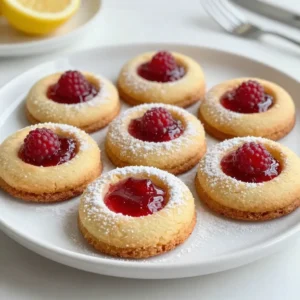 To make Raspberry Lemon Thumbprint Cookies, you need the following ingredients: - 1 cup unsalted butter, softened - 1/2 cup granulated sugar - 1/2 cup powdered sugar, plus extra for dusting - 1 large egg yolk - 1 teaspoon pure vanilla extract - 2 cups all-purpose flour - 1/2 teaspoon baking powder - 1/4 teaspoon fine sea salt - Zest of 1 large lemon - 1/2 cup seedless raspberry jam These simple ingredients come together to create a treat that is both sweet and tart. The butter gives the cookies a rich flavor. The sugars add sweetness and a nice texture. The egg yolk helps bind everything together. Vanilla and lemon zest boost the flavor, making each bite bright. Using seedless raspberry jam gives you a smooth, fruity filling that contrasts well with the buttery cookie. Each element plays a role. They work together to create a delightful experience for your taste buds. {{ingredient_image_2}} - Preheat oven to 350°F (175°C) - Line baking sheets with parchment paper Start by preheating your oven to 350°F. This step is key for baking. While the oven warms up, grab two baking sheets. Line them with parchment paper. This helps keep the cookies from sticking. - Cream together butter, granulated sugar, and powdered sugar In a large bowl, place the softened butter. Add the granulated sugar and powdered sugar. Use an electric mixer on medium speed. Mix until the mixture is light and fluffy. This usually takes about 3-4 minutes. - Add egg yolk, vanilla extract, and lemon zest - Mix until smooth Now, it’s time to add more flavor! Put in the egg yolk, vanilla extract, and lemon zest. Mix on low speed until everything is smooth. - Whisk together flour, baking powder, and salt In a separate bowl, whisk together the flour, baking powder, and salt. Make sure they are well mixed. This step helps the cookies rise and taste great. - Combine wet and dry ingredients - Refrigerate the dough for 30 minutes Next, add the dry mixture to the wet mixture. Stir until just combined. Don’t over-mix! You want a soft dough. Once it's mixed, cover the bowl with plastic wrap. Place it in the fridge for about 30 minutes. This makes the dough easier to handle later. - Roll dough into balls and create thumbprints - Fill with raspberry jam and bake After chilling, take the dough out. Scoop small portions and roll them into 1-inch balls. Place these balls on the baking sheets, spaced 2 inches apart. Use your thumb or a teaspoon to make a small indent in each ball. Be gentle! Fill each thumbprint with raspberry jam. Now, bake the cookies for 12-15 minutes. They are done when the edges are lightly golden brown. - Let cookies cool on baking sheets and then transfer to wire rack Once baked, pull the cookies out of the oven. Let them cool on the baking sheets for about 5 minutes. After that, carefully move them to a wire rack to cool completely. Enjoy the lovely smell as they cool! To make great raspberry lemon thumbprint cookies, avoid over-mixing the dough. Over-mixing can make cookies tough. You want a soft, tender texture. When you mix, stop as soon as the flour disappears. This keeps the cookies light and fluffy. Chilling the dough is key. After mixing, wrap the dough and chill it for 30 minutes. This makes it easier to handle. Chilled dough also helps cookies hold their shape. For a lovely presentation, dust the cookies with powdered sugar. This adds a sweet touch and makes them look beautiful. You can also garnish the plate with fresh raspberries and lemon slices. This not only adds color but also hints at the fresh flavors inside. Avoid overfilling the thumbprints with raspberry jam. If you add too much, it may spill over while baking. A spoonful is just right. Check your oven temperature. An oven that is too hot or too cold can affect baking time. Use an oven thermometer for accuracy. This helps ensure your cookies bake perfectly every time. Pro Tips Chilling the Dough: Refrigerating the dough for 30 minutes helps to solidify the butter, making it easier to handle and ensuring the cookies maintain their shape while baking. Avoiding Over-Mixing: When incorporating dry ingredients, mix just until combined. Over-mixing can lead to tough cookies instead of tender ones. Using Quality Jam: Opt for a high-quality, seedless raspberry jam for the best flavor. Homemade jam can elevate the taste even more! Perfect Indentations: To create a perfect thumbprint, use a teaspoon or your thumb but be mindful not to press too deep to avoid breaking through the bottom. {{image_4}} You can change the flavor of these cookies easily. Instead of raspberry jam, try strawberry or blueberry jam. Both choices add a sweet twist. You can also add nuts like chopped almonds or walnuts for crunch. For a richer taste, mix in chocolate chips. They will melt slightly and bring a new flavor to your cookies. If you need gluten-free cookies, use a gluten-free flour blend. This swap works well and keeps the texture nice. For those seeking vegan options, replace the butter with coconut oil or vegan butter. Instead of the egg yolk, use a flax egg made from ground flaxseed and water. These substitutions ensure everyone can enjoy these cookies. Make these cookies special by adding seasonal fruits. In summer, try using fresh berries like blueberries or cherries. In fall, add spices like cinnamon or nutmeg for a warming flavor. You can also add zests from other fruits, like orange or lime, to brighten the taste. Each season brings a chance to create something new. Store your Raspberry Lemon Thumbprint Cookies at room temperature. Use an airtight container. This keeps them soft and tasty. A cookie jar also works well. If you stack them, place parchment paper between layers. You can freeze these cookies for long-term storage. Place them in a freezer-safe bag. Make sure to remove as much air as possible. They can last up to three months in the freezer. To thaw, take them out and let them sit at room temperature. You can also warm them in the oven for a few minutes for a fresh taste. When stored right, these cookies stay fresh for about one week. If you freeze them, they last longer. Always check for signs of spoilage before eating. Keeping them sealed helps maintain their yummy flavor and texture. Thumbprint cookies are small, round cookies. They have an indent in the center. This spot usually holds jam or other spreads. This fun shape makes them easy to fill. The cookies are soft and buttery. They are a treat everyone loves. You can find many flavors. Raspberry lemon is one of my favorites! Yes, you can! Frozen raspberries work well. Just thaw and mash them first. You may want to add some sugar for sweetness. This makes a nice filling. Keep in mind, the texture may change. It may be a bit runnier than jam. Adjust the amount you use to fit the cookie's shape. You can prepare the dough a day early. Just cover it and chill in the fridge. When ready to bake, scoop and shape the cookies. You can also shape them and freeze the dough. Just place them on a baking sheet and freeze until firm. Then, transfer to a bag. This way, you can bake them fresh later. Absolutely! If you don't have lemon zest, use orange zest. It gives a sweet and bright flavor. You can also try lime zest for a tangy twist. Each option brings a unique taste to the cookies. Don’t hesitate to get creative with flavors! In this post, we explored how to make delicious thumbprint cookies. We covered ingredients, step-by-step instructions, and tips for perfect cookies. Remember to chill the dough and avoid over-filling the thumbprints for the best results. Feel free to experiment with different jams and flavors to make them your own. Store them correctly, and they will stay fresh for days. Get baking and enjoy these tasty treats with family or friends!