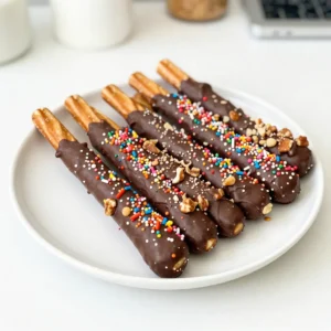 To make chocolate dipped pretzel rods, you need just a few simple items: - 1 cup pretzel rods - 1 cup semi-sweet chocolate chips - 1 tablespoon coconut oil (optional) The pretzel rods give a nice crunch, while the chocolate adds sweetness. Using semi-sweet chocolate chips melts well and tastes great. Coconut oil is not a must, but it helps. Adding it makes the chocolate smoother and easier to dip. If you want a nice shine on your pretzel rods, consider using coconut oil. You can have fun with toppings! Here are some ideas: - Colorful sprinkles - Crushed nuts Sprinkles add color and joy, while nuts give a crunchy bite. Choose your favorite toppings to make your treats unique! {{ingredient_image_2}} Start by getting your baking sheet ready. Line it with parchment paper. This paper helps keep the pretzels from sticking. Plus, it makes cleanup super easy. Set the sheet aside for now. Take a microwave-safe bowl. Add the semi-sweet chocolate chips and coconut oil if you want. Heat the bowl in the microwave. Do this in 30-second bursts. Stir well each time. Keep going until the chocolate is smooth and shiny. This step is key for a perfect dip. Grab a pretzel rod by one end. Dip it into the melted chocolate. Aim to coat about two-thirds of the rod. Once dipped, lift it out. Give it a gentle shake to let extra chocolate fall back into the bowl. This avoids messy drips. Now for the fun part! While the chocolate is still warm, add your toppings. You can roll the chocolate-covered part in sprinkles or crushed nuts. Or, you can sprinkle them on top with your hands. Make it colorful and festive to impress your friends. Next, place the dipped pretzel rod onto the lined baking sheet. Repeat this with all the pretzel rods. Once done, put the entire sheet in the fridge. Let them chill for about 30 minutes. This helps the chocolate set and become firm. Once the chocolate is hard, it’s time to enjoy! You can eat them right away. Or, store them in an airtight container for later. These chocolate-dipped pretzel rods look great on a plate. You can even stand them up in a tall glass for a fun display at parties. To get smooth chocolate, start with high-quality chocolate chips. Use a microwave-safe bowl. Mix in one tablespoon of coconut oil if you want a smoother melt. Heat the chocolate in 30-second bursts. Stir often to avoid burning. When fully melted, it should look glossy and thick. Hold the pretzel rod by one end. Dip about two-thirds of the rod into the melted chocolate. Gently shake off the extra chocolate. This gives you a nice coating without being too thick. Work quickly to add toppings while the chocolate is still warm. Present your pretzel rods on a fun plate or in a tall glass. You can also tie them up with colorful ribbons for gifts. Use different colors of sprinkles for a festive look. Arrange them in a creative way to catch the eye at any party. Pro Tips Use Quality Chocolate: Opt for high-quality chocolate chips for a richer flavor. Chocolate with a higher cocoa content will provide a more intense chocolate taste. Experiment with Flavors: Try using different types of chocolate such as white chocolate or dark chocolate for a variety of flavors. You can even add a few drops of flavored extracts to the chocolate for a unique twist. Decorate Creatively: Use a variety of toppings like crushed candy canes, toffee bits, or even edible glitter to make your pretzel rods festive and visually appealing. Store Properly: If you have leftovers, store your pretzel rods in an airtight container in a cool, dry place to maintain their freshness and crunch. {{image_4}} You can use various types of chocolate for your pretzel rods. Milk chocolate gives a sweet and creamy taste. Dark chocolate offers a rich and bold flavor. White chocolate adds a sweet and buttery touch. Each type changes the whole feel of your treat. Try mixing them for a fun twist! Toppings make your pretzel rods unique. You can use colorful sprinkles for a festive look. Crushed nuts add crunch and flavor. Try mini chocolate chips or coconut flakes for a new taste. You can even use crushed cookies or pretzel bits for an extra crunch. Get creative and mix different toppings for fun! You can easily make seasonal pretzel rods. For Halloween, use orange and black sprinkles. For Christmas, try red and green toppings. Valentine’s Day calls for pink sprinkles or heart shapes. You can even drizzle more chocolate on top for added flair. Seasonal themes make these treats fun for any celebration! To keep your chocolate dipped pretzel rods fresh, store them in a cool, dry place. Avoid direct sunlight, as it can melt the chocolate. If placed in a warm area, the chocolate might lose its shine and texture. Use an airtight container for storage. This helps to keep the pretzel rods crisp and protects them from moisture. Place layers of parchment paper between each layer of pretzel rods. This prevents them from sticking together and keeps them looking great. If you want to store your pretzel rods for a long time, freezing is a great option. Wrap each rod in plastic wrap to prevent freezer burn. Then, place them in a freezer-safe bag or container. They can last up to three months in the freezer. When you’re ready to eat them, let them thaw in the fridge for a few hours. Enjoy those tasty treats anytime! Yes, you can use pre-made chocolate for dipping. Look for chocolate melts or candy coating. They melt easily and set nicely. This option saves time and effort. Just follow the package directions for melting. You can store chocolate dipped pretzel rods for about two weeks. Keep them in an airtight container at room temperature. This helps keep them fresh. If you live in a warm area, store them in the fridge to prevent melting. If you want alternatives, try white chocolate, dark chocolate, or yogurt coating. You can also use carob chips for a non-chocolate option. Each type gives a unique flavor and look. Experiment to see which you like best. Yes, you can make these gluten-free. Just use gluten-free pretzel rods. Many brands offer delicious gluten-free options. Always check the label to ensure they meet your needs. You can make chocolate dipped pretzel rods ahead of time. Prepare them up to a week in advance. Store them in an airtight container. This way, you can enjoy them on special occasions without stress. You can easily make delicious chocolate dipped pretzel rods by following simple steps. We covered the main ingredients, optional additions, and the best toppings. Preparing and melting chocolate, dipping rods, and adding your creative touches is fun. Remember to keep them fresh with proper storage. With these tips and variations, you can impress anyone. Enjoy making these treats for any occasion!