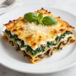 - 9 lasagna noodles - 2 cups fresh spinach, roughly chopped - 2 cups mushrooms, thinly sliced (cremini or button) - 1 cup ricotta cheese - 1 cup mozzarella cheese, shredded - 1 cup Parmesan cheese, finely grated - 2 cups marinara sauce - 1 tablespoon extra virgin olive oil - 2 cloves garlic, minced - 1 teaspoon dried oregano - 1 teaspoon dried basil - Salt and pepper to taste - 1/2 teaspoon red pepper flakes (optional) Gathering these ingredients makes the cooking fun and easy. Each one brings a unique flavor. The lasagna noodles create layers of goodness. Spinach adds freshness and color. Mushrooms bring a savory depth. Ricotta, mozzarella, and Parmesan combine for a creamy, cheesy delight. You can choose cremini or button mushrooms based on your taste. Marinara sauce adds a tangy touch. Olive oil helps sauté the garlic and mushrooms. Fresh herbs like oregano and basil enhance the flavors. Don't forget salt and pepper to balance everything. If you like heat, sprinkle in red pepper flakes. This dish is not just tasty; it is also healthy. Spinach is rich in nutrients, while mushrooms provide fiber. With these ingredients, you will create a comforting, flavorful meal. {{ingredient_image_2}} - Preheat your oven to 375°F (190°C). - Cook 9 lasagna noodles until they are al dente. Drain and set them aside. - In a large skillet, heat 1 tablespoon of extra virgin olive oil over medium heat. - Add 2 cloves of minced garlic. Sauté for about 1 minute until fragrant. - Next, add 2 cups of thinly sliced mushrooms. Stir and cook for 5-7 minutes until tender. - Add 2 cups of roughly chopped spinach. Sprinkle in 1 teaspoon of dried oregano and 1 teaspoon of dried basil. - Season with salt and pepper to taste. If you like heat, add 1/2 teaspoon of red pepper flakes. Sauté for 2-3 minutes until the spinach wilts. Remove from heat. - Spread a thin layer of 2 cups of marinara sauce on the bottom of a 9x13 inch baking dish. - Place 3 lasagna noodles over the sauce. Spread half of the ricotta mixture over these noodles. - Add half of the spinach and mushroom mix, then sprinkle on some shredded mozzarella cheese. - Repeat the layers: add more marinara sauce, 3 noodles, the rest of the ricotta, the remaining spinach and mushroom mix, and another sprinkle of mozzarella. - For the final layer, place the last 3 noodles on top. Cover with the remaining marinara sauce, and sprinkle the rest of the mozzarella and grated Parmesan cheese. - Cover the baking dish tightly with aluminum foil. Bake in the preheated oven for 25 minutes. - After 25 minutes, carefully remove the foil. Bake for another 15 minutes until the cheese is golden and bubbly. - Remove the lasagna from the oven. Let it set for 10 minutes before cutting. This resting time makes serving easier. To cook your noodles without them sticking, use plenty of water. Add a bit of salt to the water for flavor. Stir the noodles often while they cook. This helps keep them separate. Once they are al dente, drain them well. Lay them flat on greased parchment paper to prevent sticking. For a creamy filling, mix ricotta cheese with a pinch of salt and pepper. Blend until smooth. You can also add a splash of milk if needed. This adds extra creaminess and makes it easy to spread. To boost flavor, consider adding more herbs. Fresh parsley or thyme can brighten the dish. A dash of nutmeg adds warmth to the spinach. If you like heat, increase the red pepper flakes. Pair your lasagna with a light side salad. A simple mix of greens, cucumbers, and a lemon vinaigrette works well. The fresh taste balances the rich lasagna. For a beautiful serving, cut the lasagna into neat squares. Serve on individual plates for a nice touch. Garnish each slice with fresh basil or parsley for color. Best sides include garlic bread or a light salad. These complement the lasagna’s rich flavors. You can also serve a glass of red wine for a lovely pairing. Pro Tips Use Fresh Ingredients: Fresh spinach and mushrooms will enhance the flavor and texture of your lasagna, making it more vibrant and delicious. Layering Technique: Ensure you spread the ricotta and spinach mixture evenly to avoid dry spots and achieve a well-balanced flavor in each bite. Resting Time: Allowing the lasagna to rest for 10 minutes after baking helps the layers set, making it easier to slice and serve. Adding Depth of Flavor: Consider adding a splash of white wine to the mushroom mixture while cooking for an extra layer of richness. {{image_4}} To make your creamy spinach mushroom lasagna gluten-free, use gluten-free lasagna noodles. These noodles cook just like regular ones. Check the package for cooking times, as they may vary. For a vegan version, swap out the ricotta and mozzarella. Use cashew cheese or tofu mixed with nutritional yeast. This creates a creamy texture and adds flavor. You can also use vegan cheese for the mozzarella layer. If you want to add protein, try chicken or sausage. Cook them in the skillet before adding the mushrooms. This will make your dish heartier. You can also mix in other vegetables. Zucchini, bell peppers, or kale work well. They add color and extra nutrition. Just sauté them with the mushrooms and spinach. Get creative with your sauce! Instead of marinara, use pesto or Alfredo. Pesto adds a fresh herb flavor, while Alfredo gives a rich creaminess. You can also experiment with cheese blends. Try using gouda or fontina for a unique taste. Mixing different cheeses will add depth to your lasagna. To store leftover lasagna, let it cool first. Once cooled, wrap it tightly in plastic wrap or foil. You can also place it in an airtight container. This helps keep it fresh. Store it in the fridge for up to three days. When you’re ready to eat, simply reheat it in the oven or microwave. You can freeze lasagna either before or after baking. If you freeze it before baking, assemble it as usual. Then, cover it tightly with plastic wrap and foil. This helps prevent freezer burn. It can last up to three months in the freezer. To freeze after baking, let it cool completely. Wrap it well in plastic wrap and foil, then freeze. When you’re ready to enjoy, thaw it in the fridge overnight. Bake it at 375°F until heated through, about 25-30 minutes. Lasagna stays fresh for a few days in the fridge. If stored properly, it can last about three days. In the freezer, it remains good for around three months. Always check for any signs of spoilage before eating. Enjoy your creamy spinach mushroom lasagna at its best! How long should I bake the lasagna? Bake the lasagna for a total of 40 minutes. First, cover it with foil and bake for 25 minutes. Then, remove the foil and bake for another 15 minutes. This ensures the cheese gets golden and bubbly. Can I make creamy spinach mushroom lasagna in advance? Yes, you can prepare this lasagna ahead of time. Assemble it fully, then cover it tightly. Store it in the fridge for up to two days before baking. You may need to add a few extra minutes to the baking time if it’s cold from the fridge. What are the calories and nutrition facts per serving? Each serving has about 400 calories. It contains 20 grams of protein and 25 grams of fat. The rich cheese and creamy filling make it a filling meal. Is this dish suitable for a vegetarian diet? Yes, this dish is perfect for vegetarians. It has no meat and is packed with nutrients from spinach and mushrooms. How to fix a watery lasagna? If your lasagna turns out watery, try these tips. First, make sure to drain the mushrooms well after cooking. You can also use less marinara sauce. Lastly, let the lasagna sit for a few minutes after baking. This helps it firm up. What can I substitute for ricotta cheese? If you need a substitute for ricotta, try cottage cheese. Blend it for a smoother texture. You can also use cream cheese or Greek yogurt for a different taste and creaminess. This creamy spinach mushroom lasagna is a delight. You learned about key ingredients and simple steps to make it. The tips provided will help you avoid common pitfalls and enhance flavors. You can even modify the recipe to suit different diets or tastes. Proper storage info ensures your leftovers stay fresh. Enjoy testing out variations and impressing family or friends. Cooking should be fun and delicious, and this lasagna is both! Happy cooking!