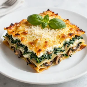 - 9 lasagna noodles - 2 cups fresh spinach, roughly chopped - 2 cups mushrooms, thinly sliced (cremini or button) - 1 cup ricotta cheese - 1 cup mozzarella cheese, shredded - 1 cup Parmesan cheese, finely grated - 2 cups marinara sauce - 1 tablespoon extra virgin olive oil - 2 cloves garlic, minced - 1 teaspoon dried oregano - 1 teaspoon dried basil - Salt and pepper to taste - 1/2 teaspoon red pepper flakes (optional) Gathering these ingredients makes the cooking fun and easy. Each one brings a unique flavor. The lasagna noodles create layers of goodness. Spinach adds freshness and color. Mushrooms bring a savory depth. Ricotta, mozzarella, and Parmesan combine for a creamy, cheesy delight. You can choose cremini or button mushrooms based on your taste. Marinara sauce adds a tangy touch. Olive oil helps sauté the garlic and mushrooms. Fresh herbs like oregano and basil enhance the flavors. Don't forget salt and pepper to balance everything. If you like heat, sprinkle in red pepper flakes. This dish is not just tasty; it is also healthy. Spinach is rich in nutrients, while mushrooms provide fiber. With these ingredients, you will create a comforting, flavorful meal. {{ingredient_image_2}} - Preheat your oven to 375°F (190°C). - Cook 9 lasagna noodles until they are al dente. Drain and set them aside. - In a large skillet, heat 1 tablespoon of extra virgin olive oil over medium heat. - Add 2 cloves of minced garlic. Sauté for about 1 minute until fragrant. - Next, add 2 cups of thinly sliced mushrooms. Stir and cook for 5-7 minutes until tender. - Add 2 cups of roughly chopped spinach. Sprinkle in 1 teaspoon of dried oregano and 1 teaspoon of dried basil. - Season with salt and pepper to taste. If you like heat, add 1/2 teaspoon of red pepper flakes. Sauté for 2-3 minutes until the spinach wilts. Remove from heat. - Spread a thin layer of 2 cups of marinara sauce on the bottom of a 9x13 inch baking dish. - Place 3 lasagna noodles over the sauce. Spread half of the ricotta mixture over these noodles. - Add half of the spinach and mushroom mix, then sprinkle on some shredded mozzarella cheese. - Repeat the layers: add more marinara sauce, 3 noodles, the rest of the ricotta, the remaining spinach and mushroom mix, and another sprinkle of mozzarella. - For the final layer, place the last 3 noodles on top. Cover with the remaining marinara sauce, and sprinkle the rest of the mozzarella and grated Parmesan cheese. - Cover the baking dish tightly with aluminum foil. Bake in the preheated oven for 25 minutes. - After 25 minutes, carefully remove the foil. Bake for another 15 minutes until the cheese is golden and bubbly. - Remove the lasagna from the oven. Let it set for 10 minutes before cutting. This resting time makes serving easier. To cook your noodles without them sticking, use plenty of water. Add a bit of salt to the water for flavor. Stir the noodles often while they cook. This helps keep them separate. Once they are al dente, drain them well. Lay them flat on greased parchment paper to prevent sticking. For a creamy filling, mix ricotta cheese with a pinch of salt and pepper. Blend until smooth. You can also add a splash of milk if needed. This adds extra creaminess and makes it easy to spread. To boost flavor, consider adding more herbs. Fresh parsley or thyme can brighten the dish. A dash of nutmeg adds warmth to the spinach. If you like heat, increase the red pepper flakes. Pair your lasagna with a light side salad. A simple mix of greens, cucumbers, and a lemon vinaigrette works well. The fresh taste balances the rich lasagna. For a beautiful serving, cut the lasagna into neat squares. Serve on individual plates for a nice touch. Garnish each slice with fresh basil or parsley for color. Best sides include garlic bread or a light salad. These complement the lasagna’s rich flavors. You can also serve a glass of red wine for a lovely pairing. Pro Tips Use Fresh Ingredients: Fresh spinach and mushrooms will enhance the flavor and texture of your lasagna, making it more vibrant and delicious. Layering Technique: Ensure you spread the ricotta and spinach mixture evenly to avoid dry spots and achieve a well-balanced flavor in each bite. Resting Time: Allowing the lasagna to rest for 10 minutes after baking helps the layers set, making it easier to slice and serve. Adding Depth of Flavor: Consider adding a splash of white wine to the mushroom mixture while cooking for an extra layer of richness. {{image_4}} To make your creamy spinach mushroom lasagna gluten-free, use gluten-free lasagna noodles. These noodles cook just like regular ones. Check the package for cooking times, as they may vary. For a vegan version, swap out the ricotta and mozzarella. Use cashew cheese or tofu mixed with nutritional yeast. This creates a creamy texture and adds flavor. You can also use vegan cheese for the mozzarella layer. If you want to add protein, try chicken or sausage. Cook them in the skillet before adding the mushrooms. This will make your dish heartier. You can also mix in other vegetables. Zucchini, bell peppers, or kale work well. They add color and extra nutrition. Just sauté them with the mushrooms and spinach. Get creative with your sauce! Instead of marinara, use pesto or Alfredo. Pesto adds a fresh herb flavor, while Alfredo gives a rich creaminess. You can also experiment with cheese blends. Try using gouda or fontina for a unique taste. Mixing different cheeses will add depth to your lasagna. To store leftover lasagna, let it cool first. Once cooled, wrap it tightly in plastic wrap or foil. You can also place it in an airtight container. This helps keep it fresh. Store it in the fridge for up to three days. When you’re ready to eat, simply reheat it in the oven or microwave. You can freeze lasagna either before or after baking. If you freeze it before baking, assemble it as usual. Then, cover it tightly with plastic wrap and foil. This helps prevent freezer burn. It can last up to three months in the freezer. To freeze after baking, let it cool completely. Wrap it well in plastic wrap and foil, then freeze. When you’re ready to enjoy, thaw it in the fridge overnight. Bake it at 375°F until heated through, about 25-30 minutes. Lasagna stays fresh for a few days in the fridge. If stored properly, it can last about three days. In the freezer, it remains good for around three months. Always check for any signs of spoilage before eating. Enjoy your creamy spinach mushroom lasagna at its best! How long should I bake the lasagna? Bake the lasagna for a total of 40 minutes. First, cover it with foil and bake for 25 minutes. Then, remove the foil and bake for another 15 minutes. This ensures the cheese gets golden and bubbly. Can I make creamy spinach mushroom lasagna in advance? Yes, you can prepare this lasagna ahead of time. Assemble it fully, then cover it tightly. Store it in the fridge for up to two days before baking. You may need to add a few extra minutes to the baking time if it’s cold from the fridge. What are the calories and nutrition facts per serving? Each serving has about 400 calories. It contains 20 grams of protein and 25 grams of fat. The rich cheese and creamy filling make it a filling meal. Is this dish suitable for a vegetarian diet? Yes, this dish is perfect for vegetarians. It has no meat and is packed with nutrients from spinach and mushrooms. How to fix a watery lasagna? If your lasagna turns out watery, try these tips. First, make sure to drain the mushrooms well after cooking. You can also use less marinara sauce. Lastly, let the lasagna sit for a few minutes after baking. This helps it firm up. What can I substitute for ricotta cheese? If you need a substitute for ricotta, try cottage cheese. Blend it for a smoother texture. You can also use cream cheese or Greek yogurt for a different taste and creaminess. This creamy spinach mushroom lasagna is a delight. You learned about key ingredients and simple steps to make it. The tips provided will help you avoid common pitfalls and enhance flavors. You can even modify the recipe to suit different diets or tastes. Proper storage info ensures your leftovers stay fresh. Enjoy testing out variations and impressing family or friends. Cooking should be fun and delicious, and this lasagna is both! Happy cooking!