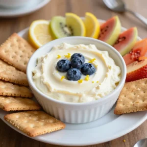 To make this delicious lemon blueberry cheesecake dip, you'll need: - 1 package (8 oz) cream cheese, softened - 1 cup powdered sugar - 1 cup plain Greek yogurt - Zest of 1 medium lemon - 2 tablespoons freshly squeezed lemon juice - 1 cup blueberries (fresh or frozen, thawed if frozen) - 1 teaspoon pure vanilla extract - 1/4 teaspoon sea salt - Graham crackers or assorted fruit slices for serving When picking blueberries, look for firm, plump berries. They should have a deep blue color. Avoid berries that are mushy or have white spots. Fresh blueberries should have a slight shine and no wrinkles. If you can, choose organic blueberries for better flavor and safety. Rinse them gently before using to remove dirt and pesticides. This dip pairs well with many treats. Try serving it with graham crackers for a classic touch. You can also use fruit slices like strawberries, apples, or bananas for a colorful platter. For a fun twist, add mini pretzels for a salty crunch. You could even top it with whipped cream for extra sweetness! {{ingredient_image_2}} Start by taking the cream cheese out. Let it sit at room temperature until it is soft. This makes it easier to mix. In a large bowl, use an electric mixer. Beat the cream cheese until it is smooth. You want to make sure there are no lumps. This step is key for a creamy dip. Next, add the powdered sugar slowly. Sift it into the bowl while mixing. This helps to keep the dip fluffy. Then, mix in the plain Greek yogurt. Add the zest of one lemon and the fresh lemon juice. Don’t forget the vanilla extract and sea salt. Keep mixing until everything is smooth and well blended. The flavors will start to come together nicely. Now it’s time for the blueberries. Gently fold them into the mixture. Use a spatula to keep their shape. Be careful not to over-mix. You want those beautiful berries to stay whole. Set aside a few blueberries for garnish. Once everything is combined, scoop the dip into a serving bowl. Smooth the top for an inviting look. To make your dip creamy, start with room-temperature cream cheese. Cold cream cheese can lead to lumps. Use an electric mixer to beat it until smooth. This step is key for a rich base. After mixing in the powdered sugar, add Greek yogurt. This adds creaminess and a nice tart flavor. Mix until smooth, but don’t overdo it. When adding blueberries, be gentle. Fold them into the dip carefully. This keeps them whole and beautiful. If you mix too hard, they will break apart. Reserve some blueberries for garnish. This adds a nice touch to your final dish. It makes the dip look fresh and inviting. For serving, choose a bright bowl that stands out. A colorful bowl makes the dip pop. Use a spatula to smooth the top of the dip. Garnish with reserved blueberries and a sprinkle of lemon zest. This gives your dip a fresh look. Arrange graham crackers and fruit slices around the bowl. This creates a pretty platter everyone will enjoy. Pro Tips Softened Cream Cheese: Make sure your cream cheese is at room temperature before mixing to ensure a smooth and creamy texture without lumps. Gentle Blueberry Folding: When adding blueberries to the mixture, fold them in gently to maintain their shape and prevent them from breaking apart. Fresh Lemon Zest: For an extra burst of flavor, use freshly grated lemon zest rather than pre-packaged zest for the best taste. Chill Before Serving: Allow the dip to chill in the refrigerator for about 30 minutes before serving to enhance the flavors and improve the texture. {{image_4}} You can change the fruit in this dip for new tastes. Try ripe strawberries for a sweet twist. Fresh raspberries add a tart touch. You can even use peaches for a summer vibe. Mix and match to find your favorite. The key is to keep the fruit fresh and juicy. This way, your dip stays vibrant and tasty. If you're watching your calories, low-fat cream cheese works well. It keeps the dip creamy without the extra fat. You can also cut back on sugar. Just reduce the powdered sugar by half. The Greek yogurt adds a nice texture and taste. This swap makes the dip lighter, but still delicious. Want to jazz up your dip? Consider adding spices like cinnamon or nutmeg. A pinch can bring warmth and depth. You can also try flavored extracts like almond or coconut. Just a little goes a long way. These small changes can create new flavor profiles, making each bite exciting. To store leftover dip, place it in an airtight container. Make sure the lid seals well to keep out air. This prevents the dip from drying out. If you do not have a container, cover it tightly with plastic wrap. When storing, ensure the dip is cool before sealing. The dip can last in the fridge for about three days. If you want to keep it longer, you can freeze it. It stays good in the freezer for about one month. When freezing, use a freezer-safe container. Leave some space at the top because the dip will expand as it freezes. When you want to enjoy your dip again, take it out of the fridge or freezer. If it’s frozen, let it thaw in the fridge overnight. You can gently reheat it in the microwave, but do it in short bursts. Heat for about 20 seconds at a time. Stir in between to ensure it warms evenly. If the dip seems thick, add a little yogurt to bring back the creamy texture. Yes, you can make this dip ahead of time. It keeps well in the fridge. I suggest storing it in an airtight container. It tastes even better after chilling for a couple of hours. This lets the flavors blend nicely. Just stir it gently before serving to bring it back to life. If you don't have Greek yogurt, you can use sour cream. It adds a nice tang. You can also use regular plain yogurt, but it may be thinner. To keep the dip thick, add a bit more cream cheese. This helps keep the same creamy texture you want. Yes, this recipe can be gluten-free. Just use gluten-free graham crackers or serve it with fruit slices. Fruits like strawberries, apples, and bananas are great options. Always check labels to be safe. This way, everyone can enjoy the dip! This blog post covered a delightful lemon blueberry cheesecake dip. We explored ingredients, tips for fresh blueberries, and serving ideas. You learned how to prepare the cream cheese base, mix flavors, and fold in blueberries without over-mixing. Finally, we discussed variations and storage tips. This dip is easy to make and fun to share. With a few simple steps, you can create a tasty treat. Now, gather your ingredients and enjoy every bite!