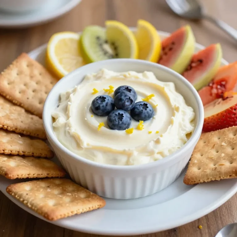 To make this delicious lemon blueberry cheesecake dip, you'll need: - 1 package (8 oz) cream cheese, softened - 1 cup powdered sugar - 1 cup plain Greek yogurt - Zest of 1 medium lemon - 2 tablespoons freshly squeezed lemon juice - 1 cup blueberries (fresh or frozen, thawed if frozen) - 1 teaspoon pure vanilla extract - 1/4 teaspoon sea salt - Graham crackers or assorted fruit slices for serving When picking blueberries, look for firm, plump berries. They should have a deep blue color. Avoid berries that are mushy or have white spots. Fresh blueberries should have a slight shine and no wrinkles. If you can, choose organic blueberries for better flavor and safety. Rinse them gently before using to remove dirt and pesticides. This dip pairs well with many treats. Try serving it with graham crackers for a classic touch. You can also use fruit slices like strawberries, apples, or bananas for a colorful platter. For a fun twist, add mini pretzels for a salty crunch. You could even top it with whipped cream for extra sweetness! {{ingredient_image_2}} Start by taking the cream cheese out. Let it sit at room temperature until it is soft. This makes it easier to mix. In a large bowl, use an electric mixer. Beat the cream cheese until it is smooth. You want to make sure there are no lumps. This step is key for a creamy dip. Next, add the powdered sugar slowly. Sift it into the bowl while mixing. This helps to keep the dip fluffy. Then, mix in the plain Greek yogurt. Add the zest of one lemon and the fresh lemon juice. Don’t forget the vanilla extract and sea salt. Keep mixing until everything is smooth and well blended. The flavors will start to come together nicely. Now it’s time for the blueberries. Gently fold them into the mixture. Use a spatula to keep their shape. Be careful not to over-mix. You want those beautiful berries to stay whole. Set aside a few blueberries for garnish. Once everything is combined, scoop the dip into a serving bowl. Smooth the top for an inviting look. To make your dip creamy, start with room-temperature cream cheese. Cold cream cheese can lead to lumps. Use an electric mixer to beat it until smooth. This step is key for a rich base. After mixing in the powdered sugar, add Greek yogurt. This adds creaminess and a nice tart flavor. Mix until smooth, but don’t overdo it. When adding blueberries, be gentle. Fold them into the dip carefully. This keeps them whole and beautiful. If you mix too hard, they will break apart. Reserve some blueberries for garnish. This adds a nice touch to your final dish. It makes the dip look fresh and inviting. For serving, choose a bright bowl that stands out. A colorful bowl makes the dip pop. Use a spatula to smooth the top of the dip. Garnish with reserved blueberries and a sprinkle of lemon zest. This gives your dip a fresh look. Arrange graham crackers and fruit slices around the bowl. This creates a pretty platter everyone will enjoy. Pro Tips Softened Cream Cheese: Make sure your cream cheese is at room temperature before mixing to ensure a smooth and creamy texture without lumps. Gentle Blueberry Folding: When adding blueberries to the mixture, fold them in gently to maintain their shape and prevent them from breaking apart. Fresh Lemon Zest: For an extra burst of flavor, use freshly grated lemon zest rather than pre-packaged zest for the best taste. Chill Before Serving: Allow the dip to chill in the refrigerator for about 30 minutes before serving to enhance the flavors and improve the texture. {{image_4}} You can change the fruit in this dip for new tastes. Try ripe strawberries for a sweet twist. Fresh raspberries add a tart touch. You can even use peaches for a summer vibe. Mix and match to find your favorite. The key is to keep the fruit fresh and juicy. This way, your dip stays vibrant and tasty. If you're watching your calories, low-fat cream cheese works well. It keeps the dip creamy without the extra fat. You can also cut back on sugar. Just reduce the powdered sugar by half. The Greek yogurt adds a nice texture and taste. This swap makes the dip lighter, but still delicious. Want to jazz up your dip? Consider adding spices like cinnamon or nutmeg. A pinch can bring warmth and depth. You can also try flavored extracts like almond or coconut. Just a little goes a long way. These small changes can create new flavor profiles, making each bite exciting. To store leftover dip, place it in an airtight container. Make sure the lid seals well to keep out air. This prevents the dip from drying out. If you do not have a container, cover it tightly with plastic wrap. When storing, ensure the dip is cool before sealing. The dip can last in the fridge for about three days. If you want to keep it longer, you can freeze it. It stays good in the freezer for about one month. When freezing, use a freezer-safe container. Leave some space at the top because the dip will expand as it freezes. When you want to enjoy your dip again, take it out of the fridge or freezer. If it’s frozen, let it thaw in the fridge overnight. You can gently reheat it in the microwave, but do it in short bursts. Heat for about 20 seconds at a time. Stir in between to ensure it warms evenly. If the dip seems thick, add a little yogurt to bring back the creamy texture. Yes, you can make this dip ahead of time. It keeps well in the fridge. I suggest storing it in an airtight container. It tastes even better after chilling for a couple of hours. This lets the flavors blend nicely. Just stir it gently before serving to bring it back to life. If you don't have Greek yogurt, you can use sour cream. It adds a nice tang. You can also use regular plain yogurt, but it may be thinner. To keep the dip thick, add a bit more cream cheese. This helps keep the same creamy texture you want. Yes, this recipe can be gluten-free. Just use gluten-free graham crackers or serve it with fruit slices. Fruits like strawberries, apples, and bananas are great options. Always check labels to be safe. This way, everyone can enjoy the dip! This blog post covered a delightful lemon blueberry cheesecake dip. We explored ingredients, tips for fresh blueberries, and serving ideas. You learned how to prepare the cream cheese base, mix flavors, and fold in blueberries without over-mixing. Finally, we discussed variations and storage tips. This dip is easy to make and fun to share. With a few simple steps, you can create a tasty treat. Now, gather your ingredients and enjoy every bite!