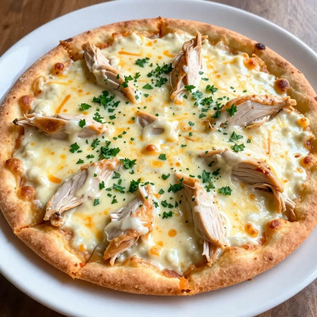 To make Chicken Alfredo Pizza, you will need the following ingredients: - 1 pre-made pizza dough (or homemade, rolled out to desired thickness) - 1 cup cooked chicken breast, shredded into bite-sized pieces - 1 cup heavy cream - 1 cup freshly grated Parmesan cheese - 1 cup shredded mozzarella cheese - 2 cloves garlic, minced finely - 2 tablespoons extra virgin olive oil - 1 teaspoon Italian seasoning blend - Salt and freshly cracked black pepper to taste - Fresh parsley, chopped (for a vibrant garnish) If you need to swap ingredients, here are some ideas: - Pizza Dough: Use a cauliflower crust for a low-carb option. - Chicken: Leftover rotisserie chicken works great. - Cream: You can use half-and-half for a lighter sauce. - Cheese: Try using provolone or gouda for a twist. - Herbs: Fresh basil can replace Italian seasoning for a fresh taste. Choosing the right brands can enhance your dish. Here are a few trusted options: - Pizza Dough: Look for brands like Trader Joe’s or Boboli for pre-made crusts. - Chicken: Organic or free-range chicken from brands like Perdue or Bell & Evans offers great flavor. - Cream: Organic Valley is a good choice for heavy cream. - Cheese: For Parmesan, Grana Padano offers a nice flavor profile. Use Whole Foods' mozzarella for its meltability. - Olive Oil: Extra virgin olive oil from California Olive Ranch is pure and tasty. {{ingredient_image_2}} First, preheat your oven to 475°F (245°C). This helps make a crispy crust. If you use homemade dough, roll it out to your favorite thickness. If you choose store-bought dough, it’s ready to go! Next, place the dough on a pizza stone or a baking sheet lined with parchment paper. This makes it easy to clean up later. In a medium saucepan, heat 2 tablespoons of extra virgin olive oil over medium heat. Add 2 cloves of minced garlic and sauté for about 1 minute. You want it fragrant but not burnt. Slowly pour in 1 cup of heavy cream while stirring constantly. Bring it to a gentle simmer. Gradually add 1 cup of freshly grated Parmesan cheese, stirring until it melts into a creamy sauce. Mix in 1 teaspoon of Italian seasoning and season with salt and freshly cracked black pepper to taste. Remove from heat when it’s smooth and rich. Spread the creamy Alfredo sauce evenly over the pizza dough, leaving a small border for the crust. Next, sprinkle 1 cup of shredded chicken evenly over the sauce. Then, top with 1 cup of shredded mozzarella cheese. Make sure it’s well-covered for that cheesy goodness! Place your loaded pizza in the preheated oven and bake for 12-15 minutes. Look for a golden brown crust and bubbly cheese. Once baked, let it cool for a couple of minutes. Finally, garnish with fresh parsley before slicing. Enjoy every cheesy bite! To get a great crust, start with a hot oven. Preheat to 475°F (245°C). This high heat helps the crust rise and become crispy. If you use a pizza stone, place it in the oven while it heats. Roll out the dough on a floured surface to your desired thickness. A thinner crust will be crispier, while a thicker crust will be soft and chewy. Don’t forget to leave a small edge for the crust. This edge will puff up nicely when baked. A few mistakes can ruin your pizza. First, don’t overload it with sauce or toppings. Too much can make the pizza soggy. Also, watch your cooking time. Baking too long can burn the crust, while not enough time leaves it undercooked. Make sure to chop garlic finely. Large pieces can burn and taste bitter. Lastly, avoid using cold ingredients. Let your cheese and chicken sit at room temperature before using them. To kick up the flavor, try adding fresh herbs. Basil or oregano can bring a bright taste. You can also use sun-dried tomatoes for a tangy twist. If you like a little heat, sprinkle some crushed red pepper flakes on top. For a richer taste, consider adding a sprinkle of smoked paprika. Each of these options adds a unique layer to your Chicken Alfredo Pizza. Enjoy experimenting! Pro Tips Use Fresh Ingredients: Opt for fresh herbs and quality cheeses to elevate the flavor of your pizza. Preheat Your Oven: Ensure your oven is fully preheated to 475°F (245°C) for that perfect crispy crust. Experiment with Toppings: Feel free to add vegetables like spinach or sun-dried tomatoes for added texture and flavor. Let It Rest: Allow your pizza to cool for a few minutes before slicing to retain its cheesy goodness. {{image_4}} You can easily boost your Chicken Alfredo Pizza with fresh veggies. Try adding spinach, bell peppers, or mushrooms. These veggies add color and nutrients. Simply sauté them with garlic before adding to the pizza. This step brings out their flavors and keeps them tender. You will enjoy a richer taste and more health benefits. Cheese is key to a great pizza. While Parmesan and mozzarella are classic, you can mix things up. Consider using gouda, fontina, or even goat cheese. Each cheese gives a distinct taste. Blend them together for a creamy, rich texture that makes your pizza special. Experiment with different cheeses based on your preference. If you love heat, spice up your Chicken Alfredo Pizza! Add crushed red pepper flakes to the Alfredo sauce. You can also use spicy chicken or jalapeños. This adds a kick that pairs well with the creamy sauce. A little heat can transform your dish into a flavor-packed delight. To keep your Chicken Alfredo Pizza fresh, you need to store it right. First, let the pizza cool down to room temperature. Then, slice it into pieces. Place the slices in an airtight container. If you don't have one, wrap each piece in plastic wrap. This keeps the pizza moist and tasty. Store it in the fridge for up to 3 days. Always check for any signs of spoilage before eating. If you want to save your pizza for later, freezing works well. Wrap each slice tightly in plastic wrap. Then, place the wrapped slices in a freezer bag. This prevents freezer burn. You can freeze the pizza for up to 2 months. When you're ready to eat it, take it out and let it thaw in the fridge overnight. To reheat your pizza, the oven is best. Preheat the oven to 375°F (190°C). Place the pizza slices on a baking sheet. Heat them for about 10-15 minutes. This keeps the crust crispy and the cheese melty. You can also use a skillet. Heat the skillet over medium heat and cover it. Cook for about 5-7 minutes. This method keeps the bottom crisp while warming the toppings. Enjoy your delicious pizza just like fresh! Yes, you can use store-bought Alfredo sauce. It saves time and still tastes good. Just choose a brand you enjoy. Look for one with simple ingredients. This way, you keep the flavor rich without extra work. You can serve many sides with Chicken Alfredo pizza. A crisp green salad is a great choice. It adds fresh flavors and balances the rich pizza. Garlic bread is another favorite. It’s perfect for dipping in extra sauce. You could also serve roasted vegetables for a healthy touch. Preparing Chicken Alfredo pizza takes about 30 minutes. It takes 15 minutes to prep and 12-15 minutes to bake. This quick cook time makes it a great weeknight meal. You can enjoy a delicious pizza without spending hours in the kitchen. You can make great Chicken Alfredo Pizza by using quality ingredients and clear steps. I shared a full list of ingredients, tasty substitutes, and recommended brands. I detailed the process to prepare the dough, make the sauce, and bake your pizza. Plus, I offered tips for a perfect crust and common mistakes to avoid. Explore fun variations to add nutrition and flavor. Finally, I provided smart storage and reheating tips. Enjoy your delicious meals, and remember, cooking is all about having fun!