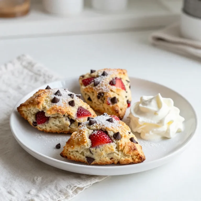 - 2 cups all-purpose flour - 1/4 cup granulated sugar - 2 teaspoons baking powder - 1/2 teaspoon salt - 1/2 cup cold unsalted butter, diced into small cubes - 1/2 cup heavy cream - 1 large egg, at room temperature - 1 teaspoon vanilla extract - 1 cup fresh strawberries, hulled and diced into small pieces - 3/4 cup semisweet chocolate chips - 1 tablespoon coarse sugar for topping When I make these scones, I use fresh and high-quality ingredients. Each one plays a key role. The flour provides the base, while sugar adds sweetness. Baking powder makes them rise. Salt enhances the flavors and balances the sweetness. Using cold butter is crucial. It creates a flaky texture. The heavy cream brings moisture to the dough. The egg helps bind everything together. Vanilla adds a warm flavor that pairs well with chocolate and strawberries. Fresh strawberries bring a burst of flavor and color. They add moisture and a fruity zing. Semisweet chocolate chips give a rich sweetness that complements the strawberries. Lastly, coarse sugar on top gives a nice crunch. - Fresh herbs like basil or mint can uplift the flavor. - Adding citrus zest, like lemon or orange, brightens the scone. - You can also swap sugar for honey or maple syrup. - Use almond flour or oat flour for gluten-free options. These enhancements allow you to customize the recipe. Feel free to experiment based on your taste. Use what you have on hand to create your perfect scone. {{ingredient_image_2}} - Preheat your oven to 400°F (200°C). This step is key for a good bake. - Line a baking sheet with parchment paper. This helps prevent the scones from sticking. - In a large bowl, mix 2 cups of all-purpose flour, 1/4 cup of granulated sugar, 2 teaspoons of baking powder, and 1/2 teaspoon of salt. Whisk these dry ingredients together well. - Add 1/2 cup of cold unsalted butter, diced into small cubes, to the flour mixture. - Use a pastry cutter or your fingers to mix the butter into the flour. You want a crumbly texture. This helps the scones become light and flaky. - In a separate bowl, whisk together 1/2 cup of heavy cream, 1 large egg, and 1 teaspoon of vanilla extract. Mix until smooth. - Pour the wet mixture into the dry ingredients. Gently stir until just combined. Be careful not to overmix. - Fold in 1 cup of diced fresh strawberries and 3/4 cup of semisweet chocolate chips. Make sure they are evenly mixed. - Transfer the dough onto a floured surface. Pat it into a round disc about 1-inch thick. - Use a sharp knife to cut the disc into 8 wedges. Place the wedges on the prepared baking sheet. Leave space between each scone. - Sprinkle 1 tablespoon of coarse sugar on top of each scone for a nice finish. - Bake the scones for 15 to 20 minutes. They should be golden brown at the edges. Watch them closely as they bake! - Once done, cool the scones on a wire rack for a few minutes. Enjoy them warm! To make light and flaky scones, use cold butter. Cold butter makes small pockets in the dough. This helps create a tender texture. Cut the butter into the flour until it looks like coarse crumbs. This step is key for great scones. Be careful not to overmix the dough. Overmixing can lead to tough scones. Mix until just combined. This keeps your scones soft and fluffy. Watch the bake time closely. You want golden edges for perfect scones. Depending on your oven, bake for 15 to 20 minutes. Check them at the 15-minute mark to avoid burning. Let the scones cool on a wire rack. This helps them keep a nice texture. Cooling allows steam to escape, keeping them fluffy. Serve your scones warm with whipped cream or fruit jams. A dollop of whipped cream adds a rich touch. You can also use your favorite jam for a sweet burst of flavor. Pair the scones with tea or coffee. A hot drink complements the sweet scones well. Enjoy them as a delightful breakfast or snack! Pro Tips Use Cold Ingredients: Ensure your butter and cream are cold to achieve the best texture for your scones. This helps create a flaky and tender result. Don't Overmix: Mix the dough just until combined. Overmixing can lead to dense scones, so be gentle when combining the wet and dry ingredients. Fresh Strawberries: Use fresh strawberries for the best flavor and texture. Frozen strawberries can make the dough too wet and affect the baking process. Watch the Baking Time: Keep an eye on the scones towards the end of baking. They should be golden brown at the edges, and a few minutes can make a significant difference. {{image_4}} You can change the fruit to suit the season. Blueberries and raspberries work great in this recipe. They add a fresh taste and look beautiful. If you find a fruit in season, give it a try! You may discover a new favorite. Just make sure to chop any larger fruits into small pieces. This helps the dough mix evenly. Chocolate chips can vary too! You can choose dark chocolate instead of semisweet. Dark chocolate gives a richer taste. If you prefer something sweeter, go for white chocolate chips. Each type of chocolate brings a unique flavor to the scones. Feel free to mix and match your chocolate choices for fun experiments. If you need gluten-free scones, you can use gluten-free flour mixes. These mixes are easy to find in stores. They can replace regular flour in a 1:1 ratio. Just check the packaging for any special instructions. Your scones will still taste delicious and fluffy! Enjoy all the flavors without the gluten. To keep your scones fresh, store them in an airtight container. This method helps maintain their soft texture. You can leave them at room temperature for up to two days. If you want to keep them longer, consider freezing. You can freeze both pre-baked and baked scones. For pre-baked scones, shape the dough and place the wedges on a baking sheet. Freeze them for about an hour. Once frozen, transfer them to a zip-lock bag. For baked scones, let them cool completely before wrapping in plastic wrap. Then place them in a freezer bag. To thaw, leave them at room temperature for a few hours. Reheat baked scones in the oven at 350°F for about 10 minutes for a fresh taste. Look for a few signs. The scones should turn golden brown around the edges. You can also lightly tap the top; it should feel firm. If they sound hollow when you knock on the bottom, they are done. Yes, you can prepare the dough in advance. Mix the dry and wet ingredients, then combine. Wrap the dough in plastic wrap and refrigerate it for up to 24 hours. When you are ready, shape and bake the scones as usual. To warm leftover scones, preheat your oven to 350°F (175°C). Place the scones on a baking sheet lined with parchment. Heat them for about 5 to 10 minutes. This method keeps them fresh and tasty. Enjoy with a bit of butter for added flavor. This blog post covered all the important steps to make delicious scones. You learned about the key ingredients and optional enhancements that can make your treats unique. We discussed preparation, dough-making, and shaping tips to ensure your scones are light and flaky. Remember to try different fruits, chocolates, and gluten-free options for variety. Finally, store leftovers properly or freeze them to keep them fresh. With these tips, you'll bake perfect scones every time. Enjoy your baking adventure!