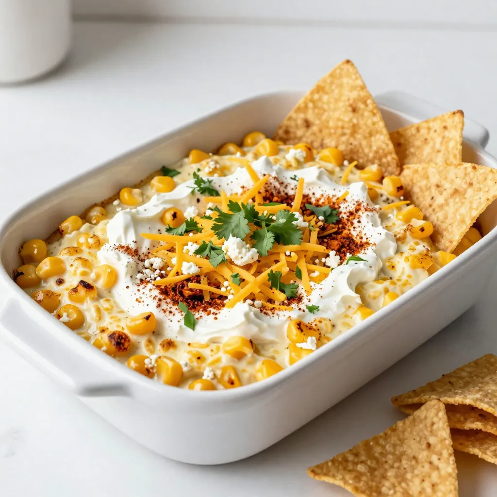 - 4 ears of fresh corn, grilled and kernels removed - 1 cup cream cheese, softened to room temperature - 1 cup sour cream - 1 cup shredded sharp cheddar cheese - 1/2 cup crumbled cotija cheese - 1/4 cup mayonnaise - 1 tablespoon fresh lime juice - 1 teaspoon chili powder - 1/2 teaspoon garlic powder - 1/4 cup fresh cilantro, finely chopped - Salt and freshly ground black pepper to taste - Tortilla chips, for serving Fresh corn is key here. I use 4 ears, grilling them first. Grilling adds a nice smoky flavor that makes this dip shine. After grilling, let the corn cool, then cut the kernels off. Cream cheese, sour cream, and cheese bring a rich creaminess. I use a cup of each cream cheese and sour cream. Sharp cheddar and cotija add depth. The cotija cheese gives a nice salty touch. Lime juice, chili powder, and garlic powder add zing. Lime juice brightens the dip. Chili powder adds warmth, while garlic powder gives it a savory depth. Fresh cilantro adds a burst of freshness that lifts all the flavors. - Alternative cheeses - Dairy-free options - Spicy additions You can swap cheeses if you like. Try mozzarella or pepper jack for a different taste. For those avoiding dairy, use vegan cream cheese and sour cream. You can also skip the mayonnaise. Want more spice? Add diced jalapeños or a splash of hot sauce. This dip can easily be made as spicy or mild as you wish. {{ingredient_image_2}} First, get your grill ready. Preheat it to medium-high heat. Grill the corn on the cob for 10 to 15 minutes. Turn it often to get an even char. The kernels should be golden and a bit charred. Once done, let the corn cool. Use a sharp knife to cut the kernels off the cob. Place the kernels in a mixing bowl. In a large bowl, mix the softened cream cheese, sour cream, shredded cheddar, cotija cheese, and mayonnaise. Stir with a spatula until it is smooth and creamy. Next, add fresh lime juice, chili powder, garlic powder, and chopped cilantro. Then, mix in the grilled corn kernels. Stir gently to blend everything. Taste your dip and add salt and black pepper as needed. If you like heat, sprinkle in some cayenne pepper or extra chili powder. Now, take an oven-safe baking dish and spoon the dip into it. Smooth the top with your spatula. Preheat your oven to 350°F (175°C). Bake the dip for 20 to 25 minutes. The top should bubble and turn golden brown. Once baked, let it cool for about 5 to 10 minutes. This helps avoid burns when you dig in! - Start with softened cream cheese. This helps it mix well. Cold cream cheese can make your dip lumpy. - Mix gently but thoroughly. Use a spatula or wooden spoon to blend the ingredients. This keeps the dip smooth and creamy. - Adjust spice levels to your taste. If you like heat, add more chili powder or cayenne. - Try adding fresh herbs like oregano or green onions. They can give your dip a fresh kick. You can also use lime zest for extra zing. - Serve this dip warm for a gooey texture. It’s best right out of the oven. - If you serve it cold, let it chill for 30 minutes. Garnish with extra cilantro and a dash of chili powder. This makes the dish look vibrant and inviting. Pro Tips Use Fresh Corn: For the best flavor and texture, always opt for fresh corn on the cob. The sweetness and crunch of freshly grilled corn elevate the dip to another level. Customize the Heat: Adjust the spiciness of your dip by varying the amount of chili powder or adding diced jalapeños for a fresh kick. Taste as you go! Make Ahead: This dip can be prepared a day in advance. Just mix all ingredients and store in the refrigerator. Bake before serving for a warm, gooey treat! Garnish Creatively: Enhance the visual appeal by garnishing with additional cilantro, diced tomatoes, or avocado slices just before serving. {{image_4}} To kick up the heat, add jalapeños or hot sauce. Fresh jalapeños bring a nice crunch and a burst of heat. Chop them finely and mix them into your dip before baking. If you prefer a smoother heat, use hot sauce. Just a few dashes will do the trick. You can always add more later if you want it spicier. For a vegetarian dip, you can keep all the ingredients as they are. If you want a vegan version, swap the cream cheese, sour cream, and mayo for dairy-free alternatives. Brands like Tofutti and Daiya offer great vegan cream cheese and sour cream. You can also replace the cheeses with cashew cheese or nutritional yeast for a cheesy flavor. Feel free to explore different spices that reflect regional tastes. You might try adding smoked paprika for a deep, smoky flavor. Or, if you're feeling adventurous, add some cumin or chili powder for a more authentic Mexican taste. You can even sprinkle in some taco seasoning for a twist. Each variation can open a new door to flavor! To store leftovers, first let the dip cool to room temperature. Then, place it in an airtight container. It’s best to cover the dip tightly to keep it fresh. The dip will stay good for about 3 to 5 days in the fridge. When reheating, use the oven or microwave. For the oven, set it to 350°F (175°C). Heat the dip for about 15 minutes. This helps keep the dip creamy and warm. If using a microwave, heat in short bursts of 30 seconds. Stir in between to avoid hot spots. You can freeze the dip if you have a lot left. Use a freezer-safe container and leave some space at the top. This dip can last up to 2 months in the freezer. To defrost, place it in the fridge overnight. Reheat as mentioned above for the best results. You can serve this dip with: - Crispy tortilla chips - Fresh veggie sticks like carrots and cucumbers - Pita bread or crackers - Sliced bell peppers for a crunchy bite - Warm tortillas for a fun twist Pair these dippers with the dip to enhance the flavor. Each option brings a new taste and texture. I love using tortilla chips since they add a nice crunch. You can also try mixing in some diced avocado for extra creaminess. Yes, you can prep this dip ahead of time. Here are some tips: - Mix the dip and store it in the fridge for up to two days. - Cover it tightly with plastic wrap or a lid to keep it fresh. - When ready to serve, bake it just before your guests arrive. If you want to reheat it, just place it back in the oven at 350°F (175°C) until it’s hot and bubbly. Stir it halfway to ensure even heating. This way, you save time and enjoy the dip warm. The heat level can change based on your taste. The chili powder adds a mild kick. If you want more spice, here are some ideas: - Add cayenne pepper for extra heat. - Mix in diced jalapeños for a fresh, spicy flavor. - Drizzle with hot sauce before serving for a zesty punch. Taste the dip before serving to find the right heat for you. You can always add more, but it’s hard to take out spice once it’s in! In this post, we explored how to make a tasty Cheesy Mexican Street Corn Dip. We covered key ingredients like fresh corn, cheeses, and spices. I shared step-by-step instructions for preparation, mixing, and baking. Tips helped achieve the perfect creaminess and flavor. We discussed variations and storage methods too. This dip is fun, easy, and packed with flavor. Try it for your next gathering!