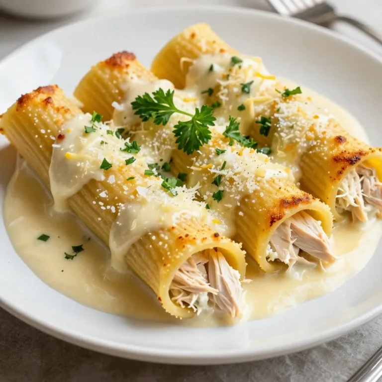 To make Chicken Alfredo Stuffed Manicotti, gather these essential ingredients: - 12 manicotti tubes - 2 cups cooked chicken, shredded - 1 cup ricotta cheese - 1 1/2 cups mozzarella cheese, shredded - 1/2 cup grated Parmesan cheese - 2 cups Alfredo sauce (store-bought or homemade) - 1 teaspoon garlic powder - 1 teaspoon Italian seasoning - Salt and pepper to taste - Fresh parsley, chopped (for garnish) These ingredients come together to create a creamy and flavorful dish. The chicken adds protein and heartiness, while the cheeses bring rich flavors. You can customize your Chicken Alfredo Stuffed Manicotti with these options: - Spinach: Add fresh or cooked spinach for a healthy twist. - Mushrooms: Sautéed mushrooms can enhance the flavor. - Different cheeses: Swap mozzarella for provolone or gouda for a new taste. - Store-bought sauce: If short on time, grab a jar of your favorite Alfredo sauce. Feel free to mix and match based on your tastes. Cooking should be fun and flexible! To prepare your Chicken Alfredo Stuffed Manicotti, you will need: - A large mixing bowl - A spoon or piping bag for stuffing - A large baking dish - Aluminum foil - An oven for baking the dish Having the right tools makes the process easier. Make sure your oven is preheated to 350°F (175°C) before you start cooking for the best results. {{ingredient_image_2}} Start by preheating your oven to 350°F (175°C). This step is crucial. A warm oven will help cook the manicotti evenly. While the oven heats, grab a large mixing bowl. In this bowl, combine the cooked chicken, ricotta cheese, and 1 cup of shredded mozzarella cheese. Add the garlic powder, Italian seasoning, and a sprinkle of salt and pepper. Mix everything well until smooth. The filling should be rich and creamy. Now it’s time to fill those manicotti tubes! You can use a small spoon or a piping bag for this task. Take one manicotti tube and carefully stuff it with the chicken and cheese mix. Make sure to pack it well, but don’t overfill to avoid spills. Repeat this step until all tubes are filled. Each tube should be nice and plump. Next, grab a large baking dish. Spread 1 cup of Alfredo sauce evenly at the bottom. This keeps the manicotti from sticking. Place the filled manicotti tubes in a single layer over the sauce. Pour the remaining Alfredo sauce on top, covering each tube completely. This ensures every bite is creamy and delicious. Now, sprinkle the rest of the mozzarella and Parmesan cheese over the top. Cover the dish with aluminum foil to keep moisture in. Bake this in the oven for 25 minutes. After that, remove the foil and bake for another 10-15 minutes. You want the cheese to bubble and turn golden brown. Once done, let it cool for 5 minutes. Finally, sprinkle fresh parsley on top for a nice touch. Enjoy your Chicken Alfredo Stuffed Manicotti! When you stuff manicotti, make it fun and easy. Here are my best tips: - Use a piping bag: This makes filling each tube faster and cleaner. If you don’t have one, a small spoon works too. - Pack the filling tightly: You want every bite to be full of flavor. Don’t be shy; fill them well! - Keep it simple: Don’t overfill. Leave a little space to avoid spills while cooking. Homemade Alfredo sauce is simple and tasty. Here’s how to whip it up: 1. Gather your ingredients: You need butter, heavy cream, garlic, and Parmesan cheese. 2. Melt the butter: In a pan over medium heat, melt 1/2 cup of butter. 3. Add garlic: Stir in 2 minced garlic cloves and cook for 1 minute. 4. Pour in cream: Slowly add 2 cups of heavy cream and let it simmer. 5. Mix in cheese: Add 1 cup of grated Parmesan cheese and stir until smooth. Season with salt and pepper to taste. Serving Chicken Alfredo Stuffed Manicotti can be creative. Here are some ideas: - Add a salad: A fresh green salad with vinaigrette pairs well. It balances the creaminess of the dish. - Serve with garlic bread: This adds a nice crunch and flavor. - Garnish with herbs: Sprinkle fresh parsley on top for a pop of color and taste. With these tips, your Chicken Alfredo Stuffed Manicotti will shine in any meal! Enjoy every bite! Pro Tips Choose the Right Pasta: Use manicotti tubes that are sturdy and wide enough to hold your filling. This ensures easy stuffing and prevents breakage during baking. Prep Ahead: You can prepare the stuffed manicotti in advance and refrigerate them before baking. Just add a few extra minutes to the baking time if cooking from cold. Mixing the Filling: For an extra creamy filling, consider mixing in some cream cheese or sour cream with the ricotta. This adds richness and enhances the flavor. Garnish with Fresh Herbs: Fresh parsley or basil not only adds a pop of color but also brightens the dish's flavor. Scatter it just before serving for the best effect. {{image_4}} You can make a great vegetarian version of Chicken Alfredo Stuffed Manicotti. Start by swapping out the chicken for vegetables. Good options include spinach, mushrooms, or zucchini. Use the same cheese mix for that rich flavor. You can add more garlic or fresh herbs to boost the taste. This makes a hearty dish without meat, perfect for any veggie lover. If you like heat, try a Spicy Alfredo Stuffed Manicotti. To add spice, mix crushed red pepper flakes into the Alfredo sauce. You can also add diced jalapeños or pepper jack cheese to the filling. This gives the dish a nice kick that will excite your taste buds. Adjust the spice level to fit your crowd, so everyone enjoys it. For those needing gluten-free options, select gluten-free manicotti tubes. Many brands offer pasta made from rice or corn that works well. Ensure your Alfredo sauce is gluten-free, too. Homemade sauces are a safe bet, as you control the ingredients. This way, everyone can enjoy this creamy comfort meal without worry. After you enjoy your Chicken Alfredo Stuffed Manicotti, you might have some tasty leftovers. To store them, let the dish cool first. Then, transfer them to an airtight container. This keeps flavors fresh and prevents drying. You can store leftovers in the fridge for up to three days. When you want to enjoy them again, just pull them out. If you want to save some for later, freezing is a great option. First, let the manicotti cool completely. Then, wrap each piece in plastic wrap or foil. Place them in a freezer-safe container or bag. Label it with the date for easy reference. Frozen Chicken Alfredo Stuffed Manicotti can last for up to three months. When you're ready to eat, just thaw them in the fridge overnight before reheating. To reheat your Chicken Alfredo Stuffed Manicotti, you have a few choices. The best way is to use an oven. Preheat it to 350°F (175°C). Place the manicotti in a baking dish and cover it with foil. Bake for about 20 minutes until warmed through. If you're in a hurry, you can use a microwave. Place one or two pieces on a plate and cover them with a damp paper towel. Heat for about 1-2 minutes, checking every 30 seconds. Always make sure the dish is hot all the way through before serving. Enjoy those creamy flavors once again! Yes, you can use other pasta shapes. Try using shells or cannelloni. These shapes work well for stuffing. Just remember to adjust the cooking time. You want the pasta to be tender but not too soft. You can tell the manicotti is done when the cheese is bubbly and golden brown. The sauce should be hot all the way through. If you want to check, insert a knife into the middle. It should feel warm, not cold. If you want a different taste, try cottage cheese or cream cheese. Blending these can give you a smooth texture. You can also use Greek yogurt for a tangy flavor. Each option will add a unique twist to your dish. We covered the main ingredients for Chicken Alfredo Stuffed Manicotti and highlighted optional ones. I shared step-by-step instructions, tips for perfect stuffing, and variations to try. Remember, you can store leftovers and even freeze them. This dish is easy and fun to make. It's always a crowd-pleaser, no matter the occasion. Get creative with flavors and make it your own. Enjoy your cooking!