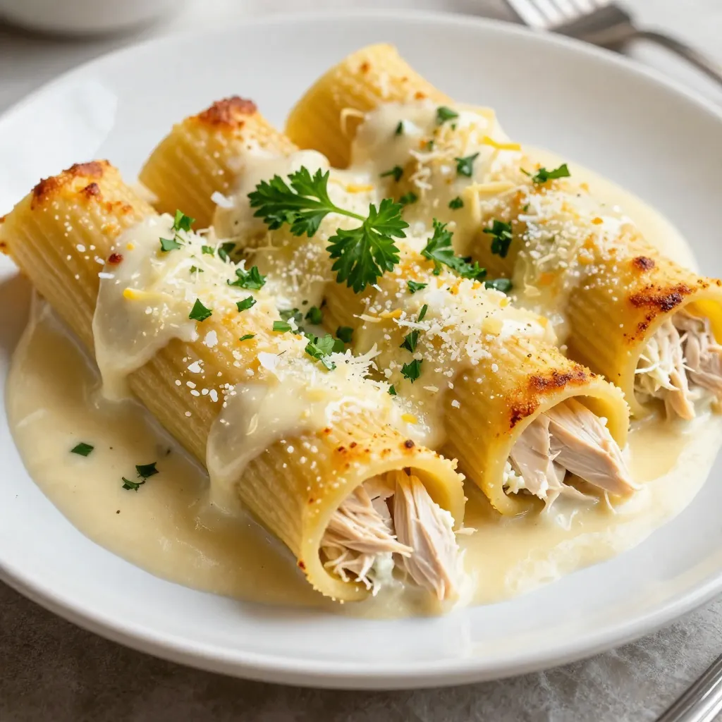 To make Chicken Alfredo Stuffed Manicotti, gather these essential ingredients: - 12 manicotti tubes - 2 cups cooked chicken, shredded - 1 cup ricotta cheese - 1 1/2 cups mozzarella cheese, shredded - 1/2 cup grated Parmesan cheese - 2 cups Alfredo sauce (store-bought or homemade) - 1 teaspoon garlic powder - 1 teaspoon Italian seasoning - Salt and pepper to taste - Fresh parsley, chopped (for garnish) These ingredients come together to create a creamy and flavorful dish. The chicken adds protein and heartiness, while the cheeses bring rich flavors. You can customize your Chicken Alfredo Stuffed Manicotti with these options: - Spinach: Add fresh or cooked spinach for a healthy twist. - Mushrooms: Sautéed mushrooms can enhance the flavor. - Different cheeses: Swap mozzarella for provolone or gouda for a new taste. - Store-bought sauce: If short on time, grab a jar of your favorite Alfredo sauce. Feel free to mix and match based on your tastes. Cooking should be fun and flexible! To prepare your Chicken Alfredo Stuffed Manicotti, you will need: - A large mixing bowl - A spoon or piping bag for stuffing - A large baking dish - Aluminum foil - An oven for baking the dish Having the right tools makes the process easier. Make sure your oven is preheated to 350°F (175°C) before you start cooking for the best results. {{ingredient_image_2}} Start by preheating your oven to 350°F (175°C). This step is crucial. A warm oven will help cook the manicotti evenly. While the oven heats, grab a large mixing bowl. In this bowl, combine the cooked chicken, ricotta cheese, and 1 cup of shredded mozzarella cheese. Add the garlic powder, Italian seasoning, and a sprinkle of salt and pepper. Mix everything well until smooth. The filling should be rich and creamy. Now it’s time to fill those manicotti tubes! You can use a small spoon or a piping bag for this task. Take one manicotti tube and carefully stuff it with the chicken and cheese mix. Make sure to pack it well, but don’t overfill to avoid spills. Repeat this step until all tubes are filled. Each tube should be nice and plump. Next, grab a large baking dish. Spread 1 cup of Alfredo sauce evenly at the bottom. This keeps the manicotti from sticking. Place the filled manicotti tubes in a single layer over the sauce. Pour the remaining Alfredo sauce on top, covering each tube completely. This ensures every bite is creamy and delicious. Now, sprinkle the rest of the mozzarella and Parmesan cheese over the top. Cover the dish with aluminum foil to keep moisture in. Bake this in the oven for 25 minutes. After that, remove the foil and bake for another 10-15 minutes. You want the cheese to bubble and turn golden brown. Once done, let it cool for 5 minutes. Finally, sprinkle fresh parsley on top for a nice touch. Enjoy your Chicken Alfredo Stuffed Manicotti! When you stuff manicotti, make it fun and easy. Here are my best tips: - Use a piping bag: This makes filling each tube faster and cleaner. If you don’t have one, a small spoon works too. - Pack the filling tightly: You want every bite to be full of flavor. Don’t be shy; fill them well! - Keep it simple: Don’t overfill. Leave a little space to avoid spills while cooking. Homemade Alfredo sauce is simple and tasty. Here’s how to whip it up: 1. Gather your ingredients: You need butter, heavy cream, garlic, and Parmesan cheese. 2. Melt the butter: In a pan over medium heat, melt 1/2 cup of butter. 3. Add garlic: Stir in 2 minced garlic cloves and cook for 1 minute. 4. Pour in cream: Slowly add 2 cups of heavy cream and let it simmer. 5. Mix in cheese: Add 1 cup of grated Parmesan cheese and stir until smooth. Season with salt and pepper to taste. Serving Chicken Alfredo Stuffed Manicotti can be creative. Here are some ideas: - Add a salad: A fresh green salad with vinaigrette pairs well. It balances the creaminess of the dish. - Serve with garlic bread: This adds a nice crunch and flavor. - Garnish with herbs: Sprinkle fresh parsley on top for a pop of color and taste. With these tips, your Chicken Alfredo Stuffed Manicotti will shine in any meal! Enjoy every bite! Pro Tips Choose the Right Pasta: Use manicotti tubes that are sturdy and wide enough to hold your filling. This ensures easy stuffing and prevents breakage during baking. Prep Ahead: You can prepare the stuffed manicotti in advance and refrigerate them before baking. Just add a few extra minutes to the baking time if cooking from cold. Mixing the Filling: For an extra creamy filling, consider mixing in some cream cheese or sour cream with the ricotta. This adds richness and enhances the flavor. Garnish with Fresh Herbs: Fresh parsley or basil not only adds a pop of color but also brightens the dish's flavor. Scatter it just before serving for the best effect. {{image_4}} You can make a great vegetarian version of Chicken Alfredo Stuffed Manicotti. Start by swapping out the chicken for vegetables. Good options include spinach, mushrooms, or zucchini. Use the same cheese mix for that rich flavor. You can add more garlic or fresh herbs to boost the taste. This makes a hearty dish without meat, perfect for any veggie lover. If you like heat, try a Spicy Alfredo Stuffed Manicotti. To add spice, mix crushed red pepper flakes into the Alfredo sauce. You can also add diced jalapeños or pepper jack cheese to the filling. This gives the dish a nice kick that will excite your taste buds. Adjust the spice level to fit your crowd, so everyone enjoys it. For those needing gluten-free options, select gluten-free manicotti tubes. Many brands offer pasta made from rice or corn that works well. Ensure your Alfredo sauce is gluten-free, too. Homemade sauces are a safe bet, as you control the ingredients. This way, everyone can enjoy this creamy comfort meal without worry. After you enjoy your Chicken Alfredo Stuffed Manicotti, you might have some tasty leftovers. To store them, let the dish cool first. Then, transfer them to an airtight container. This keeps flavors fresh and prevents drying. You can store leftovers in the fridge for up to three days. When you want to enjoy them again, just pull them out. If you want to save some for later, freezing is a great option. First, let the manicotti cool completely. Then, wrap each piece in plastic wrap or foil. Place them in a freezer-safe container or bag. Label it with the date for easy reference. Frozen Chicken Alfredo Stuffed Manicotti can last for up to three months. When you're ready to eat, just thaw them in the fridge overnight before reheating. To reheat your Chicken Alfredo Stuffed Manicotti, you have a few choices. The best way is to use an oven. Preheat it to 350°F (175°C). Place the manicotti in a baking dish and cover it with foil. Bake for about 20 minutes until warmed through. If you're in a hurry, you can use a microwave. Place one or two pieces on a plate and cover them with a damp paper towel. Heat for about 1-2 minutes, checking every 30 seconds. Always make sure the dish is hot all the way through before serving. Enjoy those creamy flavors once again! Yes, you can use other pasta shapes. Try using shells or cannelloni. These shapes work well for stuffing. Just remember to adjust the cooking time. You want the pasta to be tender but not too soft. You can tell the manicotti is done when the cheese is bubbly and golden brown. The sauce should be hot all the way through. If you want to check, insert a knife into the middle. It should feel warm, not cold. If you want a different taste, try cottage cheese or cream cheese. Blending these can give you a smooth texture. You can also use Greek yogurt for a tangy flavor. Each option will add a unique twist to your dish. We covered the main ingredients for Chicken Alfredo Stuffed Manicotti and highlighted optional ones. I shared step-by-step instructions, tips for perfect stuffing, and variations to try. Remember, you can store leftovers and even freeze them. This dish is easy and fun to make. It's always a crowd-pleaser, no matter the occasion. Get creative with flavors and make it your own. Enjoy your cooking!