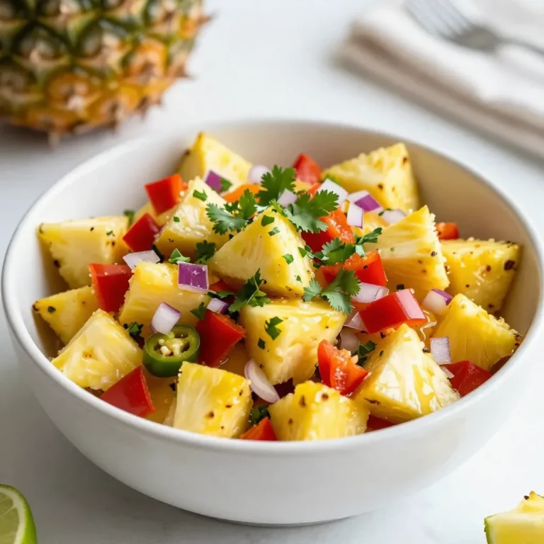 For a vibrant and fresh pineapple salsa, you need: - 1 medium ripe pineapple, diced into small cubes - 1 red bell pepper, finely chopped - 1 small red onion, finely chopped - 1 jalapeño pepper, deseeded and minced - 1/4 cup fresh cilantro, roughly chopped - 2 tablespoons freshly squeezed lime juice These fresh ingredients bring color and taste to your dish. The pineapple adds sweetness, while the jalapeño gives a nice kick. If you like a sweeter salsa, consider these add-ins: - 1 tablespoon honey Adding honey can balance the heat from the jalapeño. It gives your salsa a unique twist. Every great salsa needs seasoning. Use: - Salt to taste - Black pepper to taste Season your salsa to your liking. Salt enhances the flavors, making each bite more enjoyable. {{ingredient_image_2}} Start with a ripe pineapple. Cut off the top and bottom. This gives you a stable base. Slice off the skin, making sure to remove all the brown “eyes.” Cut the pineapple into halves. Now, dice it into small cubes and place them in a large bowl. This fresh pineapple is the star of your salsa. Next, grab your red bell pepper. Finely chop it and add it to the bowl. Then, take your red onion. Chop it finely and add it in too. Now, for some heat, take a jalapeño pepper. Make sure to deseed it and mince it well. Add this to the mix. Stir all these colorful ingredients together until they are blended. Now it's time to add some herbs. Sprinkle in the freshly chopped cilantro for freshness. Squeeze in the lime juice for brightness. If you want a hint of sweetness, drizzle in some honey. Gently stir everything to coat it well. Finally, season with salt and black pepper to taste. Let your salsa rest for 15-20 minutes. This helps the flavors blend beautifully. Enjoy this burst of tropical flavors! To pick a ripe pineapple, look for a sweet scent. A strong aroma means the fruit is ready. The skin should be golden and firm. You can gently squeeze it; it should give slightly. Check the leaves at the top. They should be green and fresh, not brown or dry. A ripe pineapple will be heavy for its size. When mixing your salsa, stir gently to keep the pineapple cubes intact. After mixing, let the salsa rest for 15-20 minutes. This waiting time helps the flavors blend. Cover the bowl with a clean cloth to keep it fresh. If you can, taste it after resting. You might want to add more lime juice or salt. Serve your pineapple salsa in a bright bowl. Adding some extra cilantro on top looks nice. You can also serve it with lime wedges for a pop of color. For crunch, pair it with tortilla chips. This makes a great snack or party dip. You can even use it on grilled fish or chicken for added flavor. Pro Tips Choose a Ripe Pineapple: Ensure your pineapple is ripe by checking for a sweet aroma and a slight give when pressed. A ripe pineapple will have a golden color at the base and will be slightly soft to the touch. Adjust Spice Level: If you prefer a milder salsa, remove all the seeds and membranes from the jalapeño. For a spicier kick, keep some seeds in or add an extra jalapeño! Let It Rest: Allowing the salsa to rest for at least 15-20 minutes helps the flavors meld together, creating a more cohesive and delicious taste. Experiment with Add-Ins: Feel free to add diced mango, avocado, or even black beans for a unique twist on this salsa. Each addition can enhance the flavor and texture! {{image_4}} You can boost your salsa by adding other fruits. Mango adds a sweet twist. Try diced kiwi for a tart kick. Berries like strawberries or blueberries can also enhance the flavor. Each fruit brings its own taste, making your salsa unique. Mix and match until you find your perfect combo. If you like heat, add more jalapeño. For a milder salsa, use less or skip it. You can also try a pinch of cayenne pepper for warmth. If you want a smoky flavor, consider adding chipotle peppers. Balance the heat with sweet ingredients like honey or mango. Experiment with herbs for new tastes. Mint or basil can give a bright flavor. Lime zest adds extra zing without extra juice. You can also try adding a splash of coconut milk for creaminess. These twists can make your salsa stand out at any gathering. To store leftover salsa, place it in an airtight container. This keeps the flavors fresh. Make sure to remove any air before sealing. If you have a lot, divide it into smaller portions. This way, you can enjoy it over time without losing taste. Fresh pineapple salsa lasts in the fridge for about three days. After that, the ingredients may lose their crunch. You can freeze salsa, but the texture may change. To freeze, pour it into a freezer-safe bag. Squeeze out the air and seal it tight. It will keep for up to three months. When ready to use, thaw it in the fridge overnight. The best containers for salsa are glass or plastic with tight-fitting lids. Glass jars are great because they don't absorb smells. Plastic containers are lightweight and easy to stack. Always choose clear ones, so you can see the salsa inside. This helps you remember what you have on hand! Yes, you can use canned pineapple. However, fresh pineapple gives better flavor and texture. Canned pineapple may be softer and sweeter. If using canned, choose unsweetened and drain it well. This helps avoid a watery salsa. Fresh pineapple adds a nice crunch and bright taste. Fresh pineapple salsa lasts about 2-3 days in the fridge. Store it in an airtight container. The flavors will change over time. After a day, the salsa might get watery. Stir it well before serving. If it smells off, it’s best to toss it. Pineapple salsa pairs well with many dishes. Try it with grilled chicken or fish. It adds a fresh kick to tacos and burritos. You can serve it with tortilla chips for a tasty snack. It's also great on burgers for a tropical twist. This blog post outlined how to make a tasty pineapple salsa. We discussed fresh and optional ingredients, with tips on seasoning. I shared a step-by-step process, from preparing pineapples to mixing the flavors. You learned how to select ripe fruit and enhance your salsa’s look. We explored fun variations, from adding other fruits to adjusting spice levels. Finally, I covered storage tips and answered common questions. Now, you can create your own delicious pineapple salsa and impress everyone! Enjoy making this dish.