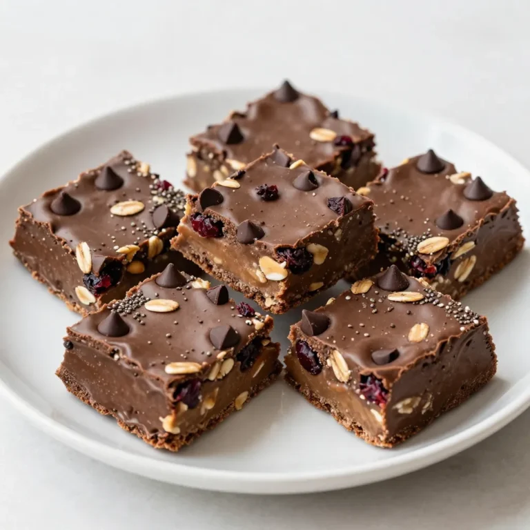 When making Chocolate Peanut Butter Energy Bars, you need simple and tasty ingredients. Here’s what you will need: - 1 cup rolled oats - ½ cup natural peanut butter (preferably creamy) - ¼ cup honey or maple syrup - ½ cup dark chocolate chips (or chopped dark chocolate) - ¼ cup chia seeds - ¼ cup dried cranberries or raisins - 1 teaspoon vanilla extract - A pinch of sea salt These ingredients work together to create a bar full of flavor and energy. The rolled oats give the bars a nice chew. The natural peanut butter adds creaminess and protein. Honey or maple syrup adds sweetness, making it a treat. Dark chocolate chips bring rich chocolate flavor, which makes these bars hard to resist. Chia seeds add crunch and nutrients, while dried cranberries or raisins add a fruity touch. Vanilla extract enhances all the flavors. Lastly, the pinch of sea salt balances the sweetness perfectly. Gather these ingredients before you start. You will love how easy it is to mix them into a delicious snack! {{ingredient_image_2}} Start by grabbing a medium mixing bowl. Combine 1 cup of rolled oats, ¼ cup of chia seeds, and a pinch of sea salt. Mix them well. This blend gives your bars a nice texture and adds nutrients. Next, take a separate microwave-safe bowl. Add ½ cup of natural peanut butter, ¼ cup of honey (or maple syrup), and 1 teaspoon of vanilla extract. Heat this mix in the microwave for 15-20 seconds. Stir until it becomes smooth and creamy. This simple step makes the peanut butter easier to mix with the dry ingredients. Now, pour the warmed peanut butter mixture into the bowl with dry ingredients. Use a spatula to stir gently. You want to combine everything until it feels cohesive. Once mixed, fold in ½ cup of dark chocolate chips and ¼ cup of dried cranberries (or raisins). This adds a sweet touch and delicious flavor. Prepare an 8x8-inch baking pan by lining it with parchment paper. Leave some paper hanging over the edges. This helps with easy removal later. Transfer the mixture into the pan. Use your hands or a spatula to press it down firmly. This helps the bars hold together well. Place the pan in the refrigerator for 1 hour. After chilling, lift the whole slab out of the pan using the parchment paper. Cut it into squares or rectangles. Enjoy your homemade Chocolate Peanut Butter Energy Bars! They’re great for a quick snack or a tasty treat. To make these bars great, compact the mixture well. This step is key. Firmly press the mix into the pan. A tight fit creates a sturdy bar that holds together well. You can adjust the sweetness using honey or maple syrup. If you want sweeter bars, add a bit more syrup. For less sweetness, reduce it a little. You can add fun twists to these bars. Try mixing in nuts or seeds for extra crunch. Almonds, walnuts, or sunflower seeds work well. They add flavor and healthy fats. For drizzling, melt dark chocolate gently. Use a microwave or double boiler. Start with short bursts of heat. Stir often to avoid burning. Serve your energy bars on a nice plate for a special touch. A rustic wooden board looks great. You can sprinkle chia seeds on top for a pop of color. A drizzle of melted chocolate also makes them appealing. These small details make your bars look as good as they taste! Pro Tips Use Fresh Ingredients: Ensure that your oats, nuts, and dried fruits are fresh for the best flavor and texture in your energy bars. Experiment with Sweeteners: Feel free to substitute honey with agave syrup or date syrup for a different sweetness profile, especially for vegan options. Customize Your Add-ins: You can mix in other ingredients like shredded coconut, chopped nuts, or seeds to make these bars uniquely yours. Press Firmly: When packing the mixture into the baking pan, make sure to press it down firmly to avoid crumbly bars once cut. {{image_4}} To make these bars vegan, use maple syrup instead of honey. Maple syrup adds a nice sweetness. It keeps the bars moist and tasty. You won't miss the honey at all. Just swap it in the recipe where it says honey. The rest of the ingredients stay the same. You still get that rich chocolate and nut flavor. Plus, you can enjoy them without any animal products. Want to boost the protein in your bars? Add protein powder or nut butters. You can mix in one scoop of your favorite protein powder. This is a great way to fuel up after a workout. If you prefer more nutty flavor, use almond or cashew butter. These will add creaminess and extra protein. Just remember to keep the total nut butter amount the same to maintain texture. Feel free to get creative with flavors! Different dried fruits and nuts can change your bars. Try using dried cherries, apricots, or even apples. Each fruit adds its own unique taste. You can also mix in nuts like walnuts or pecans for crunch. These additions make your bars more exciting and fun. Experiment with what you like best! To keep your chocolate peanut butter energy bars fresh, store them in an airtight container. This helps prevent moisture from getting in and keeps the bars tasty. You can use glass or plastic containers with tight lids. For extra care, wrap each bar in plastic wrap before placing them in the container. This way, they stay separate and fresh longer. Refrigerating your bars is also a great idea. The cool temperature helps them hold their shape and flavor. Just make sure they are in a sealed container to avoid any fridge odors. These energy bars can stay fresh in the refrigerator for up to two weeks. After that, they may lose flavor or texture. If you notice any changes, it’s best to toss them. Always check for any signs of spoilage before enjoying them. If you want to store your energy bars for longer, freezing is a good option. To freeze, wrap each bar tightly in plastic wrap. Then, place them in a freezer bag or airtight container. Make sure to label the bag with the date. You can freeze the bars for up to three months. When you’re ready to enjoy them, let the bars thaw in the fridge overnight. This keeps them from getting too mushy. Enjoy your delicious treat anytime! These energy bars are a tasty snack. Each bar has about 150 calories. You get 5 grams of protein and 8 grams of sugar. The oats and chia seeds add fiber, which is great for digestion. The dark chocolate chips bring antioxidants, making it a smart treat! To make these bars gluten-free, choose certified gluten-free oats. You can also use almond flour instead of oats for a different texture. Make sure your peanut butter and chocolate chips are gluten-free, too. This way, everyone can enjoy these delicious bars! Yes, you can! Agave syrup and stevia are great options. If you want a lower-calorie choice, try stevia. If you like a milder flavor, agave syrup works well. Just remember to adjust the amount to taste, as they can be sweeter than honey. For clean cuts, use a sharp knife. Make sure the bars are cold before cutting. This helps them hold their shape. You can also wipe the knife with a damp cloth between cuts. This keeps the edges neat and prevents crumbling. You now have a tasty recipe for Chocolate Peanut Butter Energy Bars. We covered the key ingredients needed, step-by-step instructions for making them, and helpful tips to enhance flavor and texture. Also included are variations, storage best practices, and answers to common questions. These energy bars are easy to make and great for snacks. Enjoy crafting your own version to fit your taste!