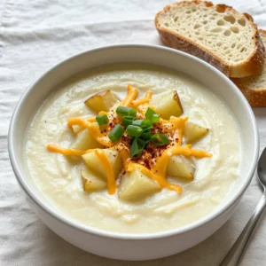To make a delicious loaded baked potato soup, gather these items: - 4 large russet potatoes, peeled and diced into 1-inch cubes - 1 medium onion, finely chopped - 3 cloves garlic, minced - 4 cups vegetable broth - 1 cup heavy cream (or substitute with coconut milk for a dairy-free option) - 1 cup shredded cheddar cheese (plus extra for garnishing) - 1/2 cup sour cream (or Greek yogurt for a tangy twist) - 3 green onions, thinly sliced (for garnish) - 1 teaspoon smoked paprika - Salt and black pepper to taste - 2 tablespoons extra-virgin olive oil These ingredients give the soup its rich and creamy texture. The russet potatoes are key. They break down well, making the soup thick and hearty. Adding onion and garlic boosts the flavor base, creating a warm aroma that fills your kitchen. You can make this soup even better with some optional items: - 1 cup broccoli florets (for added nutrition and color) - Greek yogurt as a sour cream alternative - Alternative dairy choices for a vegan version Broccoli adds both color and nutrients. If you want a lighter soup, try Greek yogurt instead of sour cream. You can also swap heavy cream with coconut milk for a dairy-free option. These choices let you customize the soup to your taste and dietary needs. {{ingredient_image_2}} First, heat 2 tablespoons of extra-virgin olive oil in a large pot over medium heat. Next, add 1 medium onion, finely chopped. Sauté for about 5 minutes. The onion should turn translucent and fragrant. Then, stir in 3 cloves of minced garlic. Cook for just 1 minute. You want it aromatic but not browned. Now, add 4 large russet potatoes, peeled and diced into 1-inch cubes, along with 4 cups of vegetable broth. Increase the heat to bring the mixture to a gentle boil. Once the soup reaches a boil, reduce the heat to low. Cover the pot and let it simmer for 15-20 minutes. You want the potatoes to be fork-tender and fall apart easily. If you like, now is the time to add 1 cup of broccoli florets. Stir them in after the potatoes are tender. Cook for an extra 5 minutes. This adds color and nutrition. Next, use an immersion blender to blend the soup until smooth. For a chunkier soup, blend only half. This keeps some texture and body. Return the pot to low heat. Stir in 1 cup of heavy cream or coconut milk, 1 cup of shredded cheddar cheese, and 1/2 cup of sour cream. Add 1 teaspoon of smoked paprika for flavor. Season with salt and black pepper to taste. Heat the mixture through for about 5 minutes until warm. Taste the soup and adjust the seasoning as needed. Finally, ladle the hot soup into deep bowls. Garnish with extra cheddar cheese and sliced green onions. Enjoy this creamy and comforting dish! - Choose large russet potatoes. They have a creamy texture that works great. - Look for firm potatoes with smooth skin. Avoid any with dents or sprouts. - For seasoning, use smoked paprika. It adds a nice depth to the flavor. - Taste as you go. Adjust salt and pepper to match your liking. - You can use a slow cooker. Cook on low for 6-8 hours for deep flavor. - An Instant Pot saves time. Cook on high pressure for only 10 minutes. - For blending, use an immersion blender. It’s easy and keeps your pot clean. - If you want texture, blend half the soup. Leave some chunks for a heartier bite. - To make it dairy-free, swap heavy cream for coconut milk. It gives a nice flavor. - For gluten-free, check your broth. Ensure it’s labeled gluten-free to be safe. - Use Greek yogurt instead of sour cream. It adds a tangy twist without dairy. Pro Tips Choose the Right Potatoes: For the best texture, use russet potatoes as they become fluffy and creamy when cooked, perfect for a smooth soup. Adjust Thickness: If you prefer a thicker soup, blend less of the mixture or add more potatoes. For a thinner consistency, simply add more broth or cream. Flavor Boost: Enhance the flavor by adding a splash of Worcestershire sauce or a dash of hot sauce for a little kick. Garnish Creatively: Elevate the presentation by adding crispy bacon bits or fresh herbs like parsley or chives for an extra pop of color and flavor. {{image_4}} You can make loaded baked potato soup even better. Adding herbs and spices brings new life. Try fresh chives or thyme for a fragrant twist. A pinch of cayenne pepper adds warmth. Smoked paprika gives a nice depth. You can also add crispy bacon or ham for a savory crunch. The salty bite of bacon pairs well with creamy soup. You can cook this soup in different ways. A slow cooker option is great for busy days. Just add all the ingredients and let it run for six hours on low. This method infuses flavors well. For a quick meal, use an Instant Pot. Cook it on high pressure for about 10 minutes. This cuts the cooking time down and gives you a tasty soup fast. Adding more veggies is a fun way to boost nutrition. Corn adds sweetness, while carrots give a nice texture. Spinach can sneak in some greens without changing the flavor much. Don't forget customizable toppings! You can add more cheese, crispy onions, or chopped herbs. These toppings make the soup look pretty and add flavor. To keep your loaded baked potato soup fresh, you can use two main methods: refrigerating and freezing. - Refrigerating leftovers: Let the soup cool down first. Then, store it in an airtight container. It will stay fresh for up to 4 days in the fridge. Always label the container with the date. - Freezing for long-term storage: If you plan to save it longer, freeze the soup. Use a freezer-safe container or a resealable bag. Be sure to leave some space for expansion. It can last for up to three months in the freezer. When it's time to enjoy your soup again, reheating it properly is key. - Best methods to reheat soup without losing flavor: The stovetop is the best choice. Pour the soup into a pot and heat it over medium-low heat. Stir often to prevent sticking. You can also use a microwave, but choose a microwave-safe bowl. Heat it in short bursts, stirring in between. - Tips for restoring creaminess after freezing: If the soup loses creaminess after freezing, just add a splash of heavy cream or coconut milk while reheating. Stir well to bring back its smooth texture. Knowing how long your soup lasts helps avoid waste. - Duration for refrigerated vs. frozen soup: In the fridge, your loaded baked potato soup lasts about 4 days. In the freezer, it stays good for 3 months. If you want to enjoy it longer, freezing is your best bet. Just make sure to label it with the date. Can I make this soup ahead of time? Yes, you can make this soup ahead. Store it in the fridge for up to three days. Just reheat it gently on the stove. This allows the flavors to meld and deepen. What can I substitute for heavy cream? You can use coconut milk as a great dairy-free option. It adds creaminess and a hint of sweetness. Other choices include cashew cream or almond milk for lighter versions. Just pick one that fits your taste. What to do if the soup is too thick or thin? If the soup is too thick, add more vegetable broth or water. Stir well and heat to blend. If it's too thin, simmer it longer to reduce and thicken the soup. You can also mash some potatoes directly in the pot for added texture. How to improve bland flavors? To boost flavor, add more salt and pepper. You can also stir in fresh herbs like chives or parsley. A squeeze of lemon juice or a dash of hot sauce can add brightness. Taste as you go to find the right balance. Alternatives for vegetable broth Chicken broth or beef broth works well if you’re not vegetarian. For a lighter option, use water with added herbs and spices. You can also make a quick broth using leftover vegetable scraps. Non-dairy cheese options for toppings Look for cashew-based or almond-based cheeses. Nutritional yeast is a great option, too. It adds a cheesy flavor without dairy. Just sprinkle it on top for a tasty finish. You can create a delicious Loaded Baked Potato Soup using simple, essential ingredients. Start with large russet potatoes, onion, garlic, and creamy options like broth and cheese. Follow the step-by-step guidelines for perfect cooking, seasoning, and blending. Customize your soup with tasty toppings or dietary swaps to suit your needs. Store leftovers properly to enjoy later. This soup stands out for its warmth and comfort, making it a great meal anytime. With these tips and tricks, you are ready to impress friends and family with your cooking skills. Enjoy your soup journey!