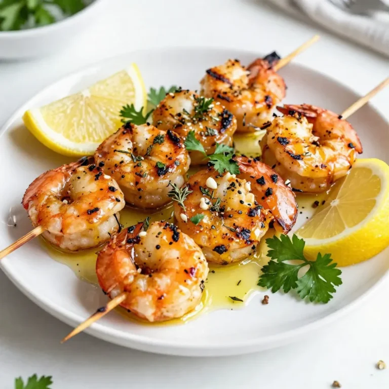 To make Lemon Herb Grilled Shrimp, gather these items: - 1 pound large shrimp, peeled and deveined - 3 tablespoons extra virgin olive oil - 2 tablespoons freshly squeezed lemon juice - Zest of 1 large lemon - 3 cloves garlic, finely minced - 1 teaspoon dried oregano - 1 teaspoon dried thyme - 1 teaspoon smoked paprika - Salt and freshly cracked black pepper to taste - Fresh parsley, finely chopped (for garnish) - Lemon wedges, for serving When cooking, you may need to convert measurements. Here are some quick tips: - 1 tablespoon equals 3 teaspoons. - 1 ounce equals about 2 tablespoons. - 1 cup equals 8 fluid ounces. - Keep a conversion chart handy for easy reference. If you don't have an ingredient, try these swaps: - Use lime juice instead of lemon juice for a different flavor. - If you lack fresh herbs, dried herbs work well too. - For oil, you can use avocado oil or canola oil. - Smoked paprika can be replaced with regular paprika or cayenne for heat. These tips help you create a tasty dish with what you have at home. Enjoy your cooking! {{ingredient_image_2}} To start, take a medium mixing bowl. Add 3 tablespoons of extra virgin olive oil. Squeeze 2 tablespoons of fresh lemon juice into the bowl. Next, add the zest of 1 large lemon for extra flavor. Then, finely mince 3 cloves of garlic, and toss them in. Now, sprinkle in 1 teaspoon each of dried oregano and dried thyme. Add 1 teaspoon of smoked paprika for a smoky touch. Finally, season with salt and freshly cracked black pepper to taste. Whisk everything together until it blends well. This marinade brings bright, fresh flavors to the shrimp. Now, it’s time to add the shrimp. Take 1 pound of large shrimp that are peeled and deveined. Place them in the bowl with the marinade. Make sure each shrimp is coated evenly. Cover the bowl with plastic wrap. Refrigerate the shrimp for at least 30 minutes. This allows the shrimp to soak up all the tasty flavors. Don't rush this step; it makes a big difference in taste. While the shrimp marinates, preheat your grill to medium-high heat. If you use wooden skewers, soak them in water for 30 minutes. This will stop them from burning on the grill. After marinating, carefully thread the shrimp onto the skewers. Aim for about 4-5 shrimp per skewer. Discard any leftover marinade to keep things safe. When the grill is hot, place the skewers on it. Cook for about 2-3 minutes on each side. Watch closely as the shrimp turn pink and opaque. Don’t overcook them, or they will get rubbery. Once done, remove the skewers from the grill. Let them rest for a minute. Finally, sprinkle fresh parsley on top and serve with lemon wedges for a zesty finish! To get great grilled shrimp, start with fresh shrimp. Large shrimp work best for this recipe. Make sure they are peeled and deveined. Marinate the shrimp for at least 30 minutes. This helps the flavors soak in. Use a medium-high heat on your grill. This gives a nice char and keeps the shrimp juicy. Watch the shrimp closely as they cook. They only need 2-3 minutes on each side. When they turn pink and opaque, they are done. One common mistake is overcooking the shrimp. They can turn tough and rubbery if cooked too long. Another mistake is skipping the marinade. The marinade adds flavor and helps tenderize the shrimp. Also, avoid using high heat right away. Shrimp cook quickly, and too much heat can burn them. Lastly, don't crowd the grill. Give each shrimp space for even cooking. For this recipe, you need a few simple tools: - A mixing bowl for the marinade - A whisk to blend the marinade well - Wooden or metal skewers for grilling - A grill or grill pan for cooking If using wooden skewers, soak them in water first. This keeps them from burning. A good pair of tongs helps you flip the shrimp easily. A meat thermometer can ensure they are cooked just right. With these tools, grilling shrimp becomes easy and fun! Pro Tips Marinating Time: Allowing the shrimp to marinate for at least 30 minutes helps to infuse them with flavor, but you can extend it to 2 hours for a more intense taste. Skewer Safety: If using wooden skewers, soak them in water for at least 30 minutes before grilling to prevent burning, ensuring your shrimp cook perfectly. Grilling Temperature: Preheat your grill to medium-high heat to achieve a nice sear on the shrimp. If it's too hot, the shrimp may cook too quickly and become rubbery. Garnishing: Don't skip the fresh parsley garnish! It adds a pop of color and a fresh flavor that complements the lemon and herbs beautifully. {{image_4}} If you like heat, add some spice to your grilled shrimp. To create spicy lemon herb grilled shrimp, mix in some cayenne pepper or red pepper flakes. Start with 1/2 teaspoon and adjust to your taste. This kick enhances the lemon and herb mix. The result is a shrimp dish that sizzles with flavor and warmth. Pair it with a cooling dip, like yogurt sauce, to balance the heat. Make a fun twist by turning your grilled shrimp into tacos. Use small corn or flour tortillas. After grilling, place the shrimp in the tortillas. Top with fresh cabbage, diced tomatoes, and a squeeze of lime. You can also add avocado for creaminess. This makes a quick and tasty meal that’s perfect for sharing with friends or family. A grilled lemon herb shrimp salad is light and fresh. Start with a bed of mixed greens, like arugula and spinach. Add your grilled shrimp on top. Toss in sliced cucumbers, cherry tomatoes, and red onion for crunch. Drizzle with olive oil and more lemon juice for dressing. This dish is healthy and packed with nutrients. It’s perfect for a summer day or a light dinner. After you enjoy your Lemon Herb Grilled Shrimp, you might have some left. To keep it fresh, place the shrimp in an airtight container. Make sure it is cool before sealing. Store it in the fridge for up to three days. If you plan to keep it longer, consider freezing. To reheat the shrimp, use the stovetop or oven. Avoid the microwave, as it can make shrimp rubbery. Heat a pan on low and add a splash of olive oil. Cook for a few minutes until warm. For the oven, set it to 350°F and bake for about 5-10 minutes. This keeps the shrimp tasty and moist. If you want to freeze your grilled shrimp, let it cool completely first. Place it in a freezer-safe bag or container. Remove as much air as possible to prevent freezer burn. You can freeze it for up to three months. When ready to eat, thaw in the fridge overnight before reheating. This method helps maintain the flavor and texture. Yes, you can use frozen shrimp. Just make sure to thaw them first. Place the shrimp in the fridge overnight or run them under cold water for a quick thaw. This way, you keep the texture nice. When thawed, follow the recipe steps like normal. You can mix in other herbs like basil, dill, or cilantro. Each herb brings a different flavor. Feel free to experiment! Using fresh herbs can also add a bright taste. Just chop them finely for the best results. Shrimp cook quickly and change color as they cook. Look for a pink hue and opaque texture. When they curl into a "C" shape, they are done. This usually takes 2-3 minutes per side on the grill. Avoid cooking too long, as shrimp can turn tough and chewy. In this post, we covered the essential ingredients for grilled shrimp, from measurements to swaps. I shared step-by-step instructions for perfect marinating and grilling. We discussed tips to avoid common mistakes and recommended tools to make cooking easy. Variations, like spicy lemon herb options, add fun twists. Finally, we included storage tips to keep leftovers fresh. Grilling shrimp can be simple and delicious. With practice, you’ll impress everyone at your next meal!