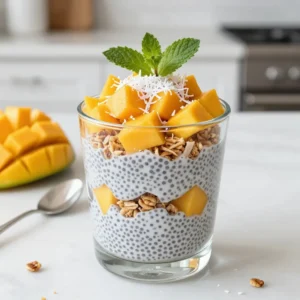 To make your Mango Coconut Chia Parfait, gather these ingredients: - 1 cup coconut milk (canned or carton) - 1/4 cup chia seeds - 2 tablespoons maple syrup (or honey) - 1 ripe mango, diced into small cubes - 1/2 cup granola (coconut-flavored is best) - 1/4 cup shredded coconut (sweetened or unsweetened) - Fresh mint leaves for garnish You can easily swap some ingredients if needed. Use almond milk or oat milk instead of coconut milk. If you want a different sweetener, try agave syrup. You can use any fruit for the layers, like berries or bananas. For granola, pick your favorite flavor or a nut mix. Don't have mint? Use basil or leave it out altogether. Coconut milk gives a rich, creamy texture. It pairs well with chia seeds, which thicken the pudding. Chia seeds are full of fiber and protein. They help keep you full. Maple syrup adds a natural sweetness. You can use honey if you prefer. The ripe mango adds a fresh, juicy flavor. Granola adds crunch, and shredded coconut adds more tropical flair. Mint leaves finish it off, adding freshness and color. {{ingredient_image_2}} To start, grab a medium bowl. Add 1 cup of coconut milk, 1/4 cup of chia seeds, and 2 tablespoons of maple syrup. You can use honey instead if you like. Whisk or stir the mix well. Make sure the chia seeds are evenly spread in the coconut milk. This step is key to avoid clumps. Cover the bowl with plastic wrap or a lid. Place it in the fridge for at least 2 hours. For the best texture, let it sit overnight. This allows the chia seeds to soak up the milk and thicken. Once your chia mixture is thick, it’s time to layer. Get your parfait glasses or bowls ready. Start by spooning a good layer of chia pudding into each glass. Make sure it covers the bottom. Next, add a layer of diced mango on top of the chia. Spread the mango evenly for a nice look. Then, sprinkle a layer of granola over the mango. This adds a nice crunch. Follow this with another spoonful of chia pudding. Repeat the layers until you reach the top. Aim for a bright finish with a final layer of mango. Top each parfait with shredded coconut. For best results, use clear glasses or bowls. This shows off your colorful layers beautifully. Make sure each layer is even to enhance the look. You can add a slice of fresh mango on the rim of the glass for flair. Use fresh mint leaves as a garnish. This adds a touch of color and a fresh taste. Enjoy the process and have fun with your presentation! Chia seeds are tiny but mighty. They soak up liquid and expand. For the best results, mix them well in coconut milk. Let them sit for a few hours or overnight. This helps them thicken nicely. You want a pudding-like texture. If you skip this step, your parfait may be runny. To make your parfait burst with flavor, choose ripe mangoes. Ripe mangoes are sweet and juicy. They pair well with the creamy coconut. Adding maple syrup or honey brings a touch of sweetness. Consider using coconut-flavored granola for extra taste. Shredded coconut adds a nice crunch too. If you like it sweet, go for sweetened coconut. If you prefer less sugar, choose unsweetened. Make your parfaits look amazing! Use clear cups or glasses to show off the layers. Start with chia pudding at the bottom, then mango, and granola. Repeat the layers until you reach the top. Finish with a final layer of mango. Sprinkle some shredded coconut on top. A sprig of fresh mint makes a beautiful garnish. It adds a pop of color and a fresh taste. Pro Tips Chill Time Matters: Allow the chia pudding to chill overnight for the best texture and flavor absorption. Perfect Mango Selection: Choose a ripe mango for the sweetest taste; it should yield slightly to pressure when squeezed. Granola Variations: Experiment with different flavors of granola to customize the taste profile of your parfait. Garnish for Appeal: Fresh mint not only adds flavor but also elevates the visual presentation of your parfait. {{image_4}} You can switch up the fruit in your parfait. Mango is sweet and tasty, but other fruits work great too. You might try berries like strawberries, blueberries, or raspberries. They add a nice tartness. Bananas bring a creamy texture and mild flavor. You could also use pineapple for a tropical twist. Just remember, any fruit you pick should be ripe and juicy for the best taste. Don’t feel stuck with coconut milk. You can use almond milk for a nutty flavor. Oat milk is another great choice. It makes the parfait creamy without strong taste. If you want a richer flavor, try cashew milk. Each milk option will change the final taste a bit, so feel free to explore. Want to add more protein? You can mix in yogurt. Greek yogurt is a great choice because it is thick and creamy. It also adds a nice tang. You could use protein powder too. Just stir a scoop into your chia mixture for a boost. Nuts and seeds are another option. Sprinkle some on top for a crunchy finish and more protein. You should store your Mango Coconut Chia Parfait in the fridge. Use an airtight container to keep it fresh. The parfait will stay good for up to three days. Make sure to cover it well to avoid drying out. If you used fresh mango, check for any signs of spoilage before serving again. I do not recommend freezing the parfait. The texture of the chia pudding and fresh fruit will change once frozen. If you want to prep ahead, make the chia mixture and mango separately. You can freeze the chia mixture for up to one month. Thaw it in the fridge before you layer it. Each ingredient has its own shelf life: - Coconut milk: Store in the fridge after opening, use within 5-7 days. - Chia seeds: Keep in a cool, dry place; they last for years if stored properly. - Maple syrup: It can last for months in the pantry, but refrigerate after opening. - Mango: Fresh mango lasts for about 3-5 days when ripe; check for softness. - Granola: Store in a sealed bag or container; it stays fresh for 2-3 months. - Shredded coconut: Keep it in an airtight container; it lasts for 6-12 months. You can store the parfait in the fridge for up to three days. Make sure to cover it well. If you notice the chia pudding thickens too much, you can add a splash of coconut milk to loosen it. This keeps it fresh and tasty. Yes, you can make this parfait ahead of time. I recommend preparing it the night before. This allows the chia seeds to soak and thicken properly. Just store it in the fridge and layer it before serving. Your guests will love the fresh taste. Chia seeds are tiny powerhouses of nutrition. They are high in fiber, which helps with digestion. They also contain omega-3 fatty acids, which are great for heart health. Plus, chia seeds are packed with protein, vitamins, and minerals. Adding them to your diet can boost your overall health. In this blog post, we covered the ingredients for a Mango Coconut Chia Parfait. I shared substitutions and explained key ingredients. You learned how to prepare the chia mixture and assemble the layers. We explored tips for perfect layering and how to enhance flavor. We also discussed fruit and milk variations and important storage guidelines. Chia seeds are not just tasty; they are good for you, too. With creativity, you can make a parfait that suits your taste.