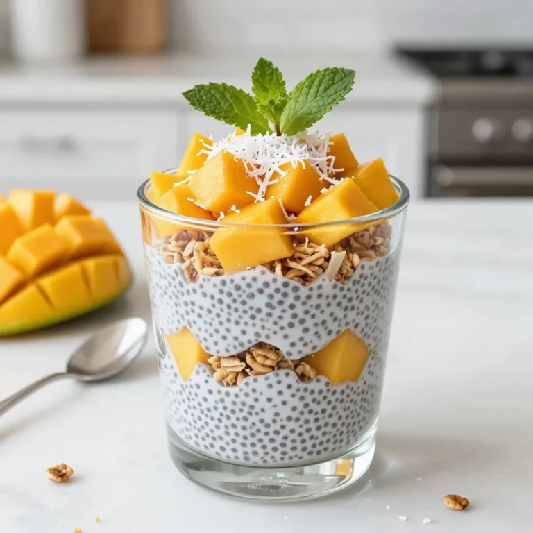 To make your Mango Coconut Chia Parfait, gather these ingredients: - 1 cup coconut milk (canned or carton) - 1/4 cup chia seeds - 2 tablespoons maple syrup (or honey) - 1 ripe mango, diced into small cubes - 1/2 cup granola (coconut-flavored is best) - 1/4 cup shredded coconut (sweetened or unsweetened) - Fresh mint leaves for garnish You can easily swap some ingredients if needed. Use almond milk or oat milk instead of coconut milk. If you want a different sweetener, try agave syrup. You can use any fruit for the layers, like berries or bananas. For granola, pick your favorite flavor or a nut mix. Don't have mint? Use basil or leave it out altogether. Coconut milk gives a rich, creamy texture. It pairs well with chia seeds, which thicken the pudding. Chia seeds are full of fiber and protein. They help keep you full. Maple syrup adds a natural sweetness. You can use honey if you prefer. The ripe mango adds a fresh, juicy flavor. Granola adds crunch, and shredded coconut adds more tropical flair. Mint leaves finish it off, adding freshness and color. {{ingredient_image_2}} To start, grab a medium bowl. Add 1 cup of coconut milk, 1/4 cup of chia seeds, and 2 tablespoons of maple syrup. You can use honey instead if you like. Whisk or stir the mix well. Make sure the chia seeds are evenly spread in the coconut milk. This step is key to avoid clumps. Cover the bowl with plastic wrap or a lid. Place it in the fridge for at least 2 hours. For the best texture, let it sit overnight. This allows the chia seeds to soak up the milk and thicken. Once your chia mixture is thick, it’s time to layer. Get your parfait glasses or bowls ready. Start by spooning a good layer of chia pudding into each glass. Make sure it covers the bottom. Next, add a layer of diced mango on top of the chia. Spread the mango evenly for a nice look. Then, sprinkle a layer of granola over the mango. This adds a nice crunch. Follow this with another spoonful of chia pudding. Repeat the layers until you reach the top. Aim for a bright finish with a final layer of mango. Top each parfait with shredded coconut. For best results, use clear glasses or bowls. This shows off your colorful layers beautifully. Make sure each layer is even to enhance the look. You can add a slice of fresh mango on the rim of the glass for flair. Use fresh mint leaves as a garnish. This adds a touch of color and a fresh taste. Enjoy the process and have fun with your presentation! Chia seeds are tiny but mighty. They soak up liquid and expand. For the best results, mix them well in coconut milk. Let them sit for a few hours or overnight. This helps them thicken nicely. You want a pudding-like texture. If you skip this step, your parfait may be runny. To make your parfait burst with flavor, choose ripe mangoes. Ripe mangoes are sweet and juicy. They pair well with the creamy coconut. Adding maple syrup or honey brings a touch of sweetness. Consider using coconut-flavored granola for extra taste. Shredded coconut adds a nice crunch too. If you like it sweet, go for sweetened coconut. If you prefer less sugar, choose unsweetened. Make your parfaits look amazing! Use clear cups or glasses to show off the layers. Start with chia pudding at the bottom, then mango, and granola. Repeat the layers until you reach the top. Finish with a final layer of mango. Sprinkle some shredded coconut on top. A sprig of fresh mint makes a beautiful garnish. It adds a pop of color and a fresh taste. Pro Tips Chill Time Matters: Allow the chia pudding to chill overnight for the best texture and flavor absorption. Perfect Mango Selection: Choose a ripe mango for the sweetest taste; it should yield slightly to pressure when squeezed. Granola Variations: Experiment with different flavors of granola to customize the taste profile of your parfait. Garnish for Appeal: Fresh mint not only adds flavor but also elevates the visual presentation of your parfait. {{image_4}} You can switch up the fruit in your parfait. Mango is sweet and tasty, but other fruits work great too. You might try berries like strawberries, blueberries, or raspberries. They add a nice tartness. Bananas bring a creamy texture and mild flavor. You could also use pineapple for a tropical twist. Just remember, any fruit you pick should be ripe and juicy for the best taste. Don’t feel stuck with coconut milk. You can use almond milk for a nutty flavor. Oat milk is another great choice. It makes the parfait creamy without strong taste. If you want a richer flavor, try cashew milk. Each milk option will change the final taste a bit, so feel free to explore. Want to add more protein? You can mix in yogurt. Greek yogurt is a great choice because it is thick and creamy. It also adds a nice tang. You could use protein powder too. Just stir a scoop into your chia mixture for a boost. Nuts and seeds are another option. Sprinkle some on top for a crunchy finish and more protein. You should store your Mango Coconut Chia Parfait in the fridge. Use an airtight container to keep it fresh. The parfait will stay good for up to three days. Make sure to cover it well to avoid drying out. If you used fresh mango, check for any signs of spoilage before serving again. I do not recommend freezing the parfait. The texture of the chia pudding and fresh fruit will change once frozen. If you want to prep ahead, make the chia mixture and mango separately. You can freeze the chia mixture for up to one month. Thaw it in the fridge before you layer it. Each ingredient has its own shelf life: - Coconut milk: Store in the fridge after opening, use within 5-7 days. - Chia seeds: Keep in a cool, dry place; they last for years if stored properly. - Maple syrup: It can last for months in the pantry, but refrigerate after opening. - Mango: Fresh mango lasts for about 3-5 days when ripe; check for softness. - Granola: Store in a sealed bag or container; it stays fresh for 2-3 months. - Shredded coconut: Keep it in an airtight container; it lasts for 6-12 months. You can store the parfait in the fridge for up to three days. Make sure to cover it well. If you notice the chia pudding thickens too much, you can add a splash of coconut milk to loosen it. This keeps it fresh and tasty. Yes, you can make this parfait ahead of time. I recommend preparing it the night before. This allows the chia seeds to soak and thicken properly. Just store it in the fridge and layer it before serving. Your guests will love the fresh taste. Chia seeds are tiny powerhouses of nutrition. They are high in fiber, which helps with digestion. They also contain omega-3 fatty acids, which are great for heart health. Plus, chia seeds are packed with protein, vitamins, and minerals. Adding them to your diet can boost your overall health. In this blog post, we covered the ingredients for a Mango Coconut Chia Parfait. I shared substitutions and explained key ingredients. You learned how to prepare the chia mixture and assemble the layers. We explored tips for perfect layering and how to enhance flavor. We also discussed fruit and milk variations and important storage guidelines. Chia seeds are not just tasty; they are good for you, too. With creativity, you can make a parfait that suits your taste.