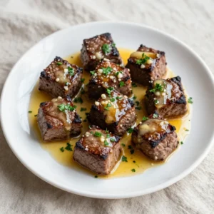 For the best garlic butter steak bites, you need: - 1 lb sirloin steak, cut into bite-sized cubes - 4 tablespoons unsalted butter, divided - 4 cloves garlic, minced Starting with high-quality sirloin steak is key. This cut has great flavor and tenderness. Cutting the steak into bite-sized cubes helps them cook quickly and evenly. The seasonings add depth to the dish. You will need: - 1 teaspoon fresh thyme leaves (or ½ teaspoon dried thyme) - 1 teaspoon smoked paprika - Salt and freshly cracked black pepper, to taste Thyme brings a lovely herbal note. Smoked paprika adds a hint of warmth and color. Always season generously with salt and pepper to enhance the natural flavors of the steak. To finish your dish, consider: - Fresh parsley, chopped (for garnish) Chopped parsley adds a fresh touch and bright color to your steak bites. For a complete meal, pair these bites with sautéed seasonal vegetables or a crisp green salad. This balance of flavors makes your dish even more enjoyable. {{ingredient_image_2}} First, dry the steak cubes with a paper towel. This step is key for a good sear. Next, place the steak cubes in a bowl. Season them with salt, black pepper, and smoked paprika. Mix well so each piece is covered evenly. Heat a large skillet on medium-high heat. Add 2 tablespoons of butter. Wait until the butter sizzles. Carefully add the steak cubes in a single layer. Avoid crowding the pan. Sear for 2-3 minutes on one side. This helps form a nice crust. Then, flip the steak bites. Sear the other side for another 2-3 minutes for medium-rare. Cook longer if you want it more done. Now, reduce the heat to medium. Add the remaining 2 tablespoons of butter to the skillet. Toss in the minced garlic and thyme. Stir them around the steak. Cook this mixture for 1-2 minutes. Watch the garlic closely to keep it from burning. When it turns fragrant and light gold, remove the skillet from heat. Finally, sprinkle freshly chopped parsley on top before serving. To get a nice sear on your steak bites, start with dry meat. Pat the steak cubes with a paper towel. Moisture will stop a good crust from forming. Use a hot skillet and don’t overcrowd the pan. This way, the heat stays high, and your steak gets that beautiful brown color. Let the steak cook without moving it for 2-3 minutes. Then flip it and give the other side the same treatment. This helps lock in flavors and juices. For garlic butter steak bites, I recommend using sirloin steak. It has great flavor and tenderness. Other good choices are ribeye and tenderloin. These cuts are juicy and cook well. Choose steak that has some marbling. This adds flavor and keeps the meat moist. Always look for fresh, high-quality meat for the best results. Many home cooks make a few simple errors. One common mistake is not seasoning enough. Don’t be shy with salt and pepper! Another mistake is cooking the steak too long. Overcooked steak becomes tough and dry. Use a meat thermometer if you can. Aim for 130°F for medium-rare. Lastly, don’t forget to let the steak rest after cooking. This helps the juices redistribute, making every bite tender and juicy. Pro Tips Pat the Steak Dry: Ensuring the steak cubes are completely dry before seasoning is key for a perfect sear. Don’t Overcrowd the Pan: Sear the steak in batches if necessary. Overcrowding will lower the pan's temperature, preventing a good crust. Use a Meat Thermometer: For precision, check the internal temperature of the steak bites. Aim for 130°F for medium-rare. Let It Rest: Allow the steak bites to rest for a few minutes after cooking. This helps the juices redistribute for a more flavorful bite. {{image_4}} You can use various cuts of steak for garlic butter steak bites. While sirloin is a great choice, consider ribeye for its rich marbling. This cut adds extra flavor and tenderness. Tenderloin is another option. It’s lean and very soft, perfect for quick cooking. Feel free to mix up the seasonings! Use rosemary instead of thyme for a different taste. You can also try adding a pinch of cayenne for some heat. For a smoky flavor, add some chipotle powder. Experiment with your favorite herbs to create a unique twist. Serve garlic butter steak bites with toothpicks for easy eating. Pair them with a fresh salad for a light meal. You can also serve them alongside garlic bread to soak up that tasty butter. For a hearty dinner, add mashed potatoes or roasted veggies. These sides balance the rich flavors of the steak bites beautifully. To store leftover steak bites, let them cool first. Place them in an airtight container. Make sure to cover them well. Store in the fridge for up to three days. If you want them to last longer, consider freezing. When you are ready to eat your leftovers, reheat them gently. Use a skillet over medium heat. Add a little butter or oil to keep them moist. Heat for about 3-4 minutes, stirring often. You can also use a microwave, but be careful not to overcook them. Heat in short bursts, checking often. If you want to freeze the steak bites, place them in a freezer-safe bag. Remove as much air as possible to prevent freezer burn. They can last up to three months in the freezer. When you are ready to use them, thaw in the fridge overnight before reheating. The best steak for garlic butter steak bites is sirloin. Sirloin has great flavor and is tender. It cooks well and is easy to cut into cubes. You can also use ribeye or tenderloin if you prefer a richer taste. Both will give you a juicy bite. Just make sure the steak is fresh for the best flavor. Yes, you can make garlic butter steak bites in the oven. Preheat your oven to 400°F (200°C). After you season the steak, place the cubes on a baking sheet. Bake for about 8-10 minutes. Toss them halfway through for even cooking. Then, add the garlic butter mixture in the last few minutes to keep it flavorful. To check if the steak is cooked, use a meat thermometer. For medium-rare, it should read 130-135°F (54-57°C). If you don’t have a thermometer, you can check by touch. A medium-rare steak feels like the area between your thumb and forefinger when relaxed. For more doneness, increase the cooking time. Always remember to let the steak rest for a few minutes after cooking. This helps keep it juicy and tasty. Garlic butter steak bites are tasty and easy to make. We covered the main ingredients, from the steak cuts to seasonings. I shared clear steps for preparing and cooking. You now have tips for perfect sears and common mistakes to dodge. Don't forget the variations to keep things fresh, plus storage tips for leftovers. With this guide, you can enjoy a flavorful dish any time. Happy cooking!