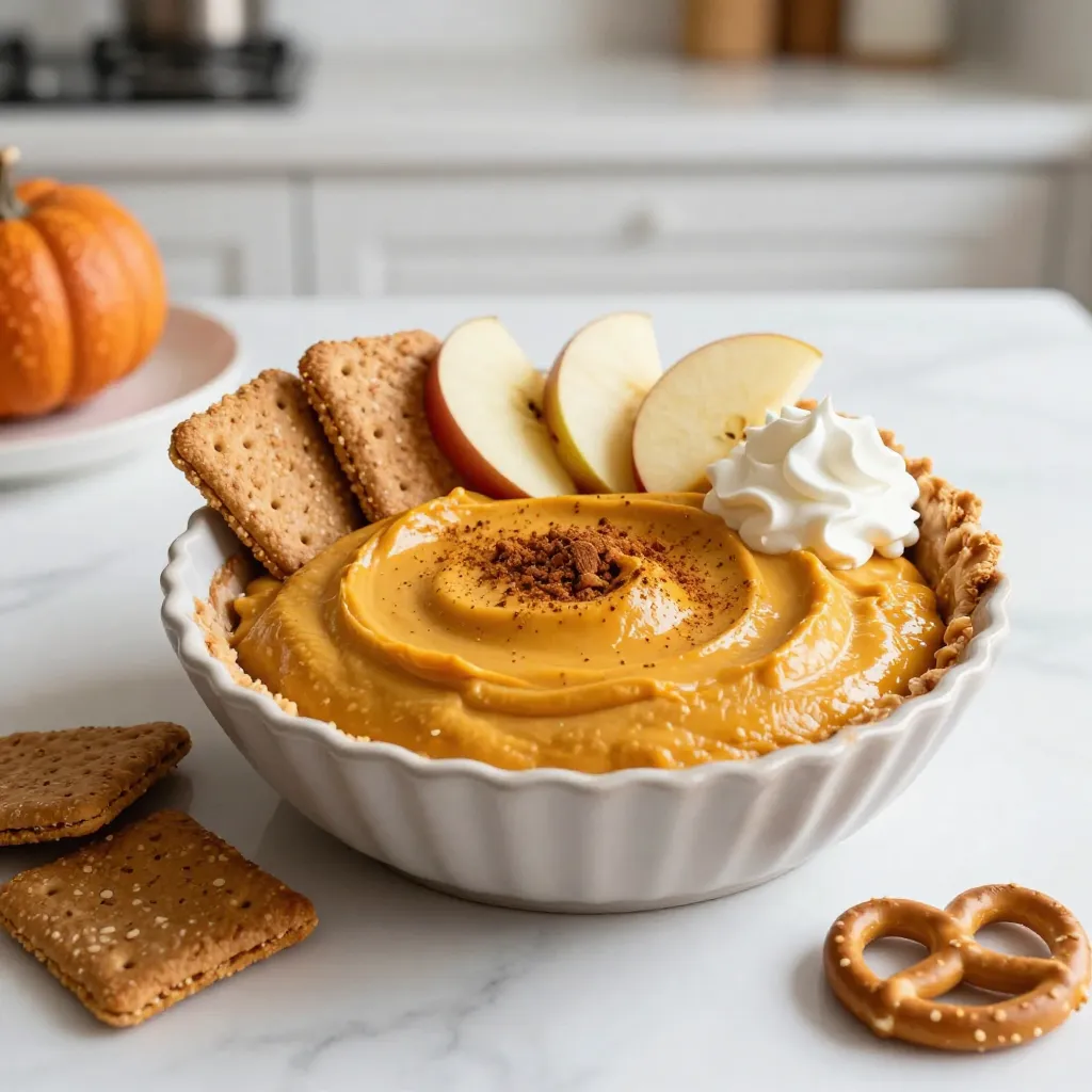 To make this creamy dip, you need: - 8 oz cream cheese, softened to room temperature - 1 cup powdered sugar - 1 cup canned pumpkin puree - 1 teaspoon pure vanilla extract - 1 teaspoon pumpkin pie spice - 1 tablespoon freshly squeezed lemon juice - 1 cup heavy whipped cream (whipped to soft peaks) - Assorted dippers: graham crackers, fresh apple slices, or pretzel sticks You can swap some ingredients if needed. Use Greek yogurt instead of cream cheese for a lighter version. If you don’t have powdered sugar, regular sugar works too, though it may not blend as smoothly. For pumpkin spice, you can mix cinnamon, nutmeg, and ginger if you're out. For dippers, try cookies, fruit, or even cake cubes. Using high-quality ingredients makes a big difference. Fresh cream cheese gives the dip a rich taste. Canned pumpkin should be pure pumpkin, not pumpkin pie filling. This ensures the dip has the right flavor and texture. Good-quality whipped cream adds a light touch. Always choose fresh spices for the best flavor. Quality ingredients lead to a more delicious dip everyone will enjoy. {{ingredient_image_2}} Start by gathering all your ingredients. You need cream cheese, powdered sugar, pumpkin puree, vanilla extract, pumpkin pie spice, lemon juice, and whipped cream. Make sure the cream cheese is soft. This helps it mix easily. Place it in a large bowl. Use an electric mixer to beat the cream cheese until smooth. This step is key for a creamy dip. Now, it’s time to add the fun flavors. Gradually mix in the powdered sugar. Then add the pumpkin puree, vanilla extract, pumpkin pie spice, and lemon juice. Keep mixing on medium speed. You want everything to blend well. The final texture should be silky and smooth. Next, gently fold in the whipped cream with a spatula. Be careful not to squish the whipped cream. This keeps your dip light and fluffy. Once mixed, transfer your dip to a serving bowl. You can add a sprinkle of pumpkin pie spice or crushed graham crackers on top. This makes it look extra tasty. For serving, arrange some graham crackers, apple slices, or pretzel sticks around the bowl. This gives everyone great options for dipping. To add a touch of fall, place a small pumpkin or faux leaves next to the bowl. To whip cream to soft peaks, start with cold cream. Use a clean bowl and beaters. Pour the cream into the bowl and begin mixing at low speed. Gradually increase the speed. Watch closely as the cream thickens. Stop when you see soft peaks form. This means the cream holds its shape but still looks smooth. Avoid overmixing, or it will turn grainy. To balance flavors, use fresh lemon juice. It adds brightness and cuts through the creaminess. The pumpkin pie spice gives warmth and depth. Adjust the spice to your taste. Taste your dip after mixing. If it feels too sweet, add a bit more lemon juice. You want it to be sweet but not overpowering. For a great display, choose a nice serving bowl. A clear bowl shows off the dip's creamy texture. Arrange dippers around the bowl. Use graham crackers, apple slices, and pretzel sticks. You can even add a decorative touch. Place a small pumpkin or some faux leaves next to the bowl. This creates a warm autumn vibe that draws people in. Pro Tips Room Temperature Cream Cheese: Make sure your cream cheese is softened to room temperature for a smooth and creamy dip without any lumps. Gentle Folding: When incorporating the whipped cream, fold it in gently to keep the dip light and airy, preserving its fluffy texture. Flavor Enhancements: For an extra flavor boost, consider adding a pinch of nutmeg or cinnamon along with the pumpkin pie spice. Chill Before Serving: Allow the dip to chill in the refrigerator for at least 30 minutes before serving to let the flavors meld together beautifully. {{image_4}} You can change the flavor of your dip easily. To make it spiced, add more pumpkin pie spice. This gives a warm, cozy taste. If you love chocolate, mix in some cocoa powder or melted chocolate. This adds a rich twist that many enjoy. You can also add maple syrup for a sweeter flavor. Each change creates a new way to enjoy this dip. If you need a dairy-free option, use dairy-free cream cheese. This keeps the creaminess without dairy. You can also swap the heavy cream for coconut cream. For a low-sugar option, use sugar substitutes like stevia or erythritol. These make the dip sweet without extra sugar. Each option lets more people enjoy this tasty treat. Dippers can make or break your dip experience. Graham crackers are classic, but try fresh apple slices for a crunchy, fruity bite. Pretzel sticks add a salty crunch that pairs well with the sweet dip. You can also use sweet potato chips for a fun twist. Even cookies can work as dippers! The key is to find what you love best. To keep your leftover dip fresh, place it in an airtight container. This will help keep out air and moisture. Store it in the fridge for up to three days. Before serving again, give it a gentle stir. This will help restore its creamy texture. Always check the dates on your ingredients. Use fresh cream cheese and pumpkin puree for the best taste. Store your cream cheese in the coldest part of the fridge. For whipped cream, keep it in a tightly sealed container to maintain its fluffiness. If you buy canned pumpkin, keep it in a cool, dark place until you need it. This dip is best served cold or at room temperature. If you want to warm it slightly, use a microwave. Heat it in short bursts of ten seconds. Stir in between so it heats evenly. Avoid overheating, as it can lose its creamy texture. Pumpkin Pie Cheesecake Dip is a creamy dessert. It combines rich cream cheese, pumpkin puree, and sweet spices. The dip has a smooth texture and a delightful flavor. You can serve it with graham crackers, apple slices, or pretzel sticks. It is perfect for fall gatherings or any time you crave something sweet and cozy. You can make this dip a day before your event. Prepare it as directed and store it in the fridge. Just cover the bowl with plastic wrap to keep it fresh. When you're ready to serve, give it a quick stir. This will help restore its creamy texture. Yes, you can freeze this dip, but it might change in texture. To freeze, place the dip in an airtight container. Make sure to leave some space at the top, as it may expand when frozen. To use, thaw it in the fridge overnight. Then, stir it well before serving to help bring back its smoothness. In this blog post, we explored how to make Pumpkin Pie Cheesecake Dip. We discussed key ingredients, their quality, and possible substitutes. You learned step-by-step instructions to create a smooth and tasty dip. We shared tips for the perfect texture and presentation. Variations let you try fun flavors and dietary options. Lastly, we covered storage and answered common questions. Now you can impress your friends with this easy, delicious dip! Enjoy making it your own.