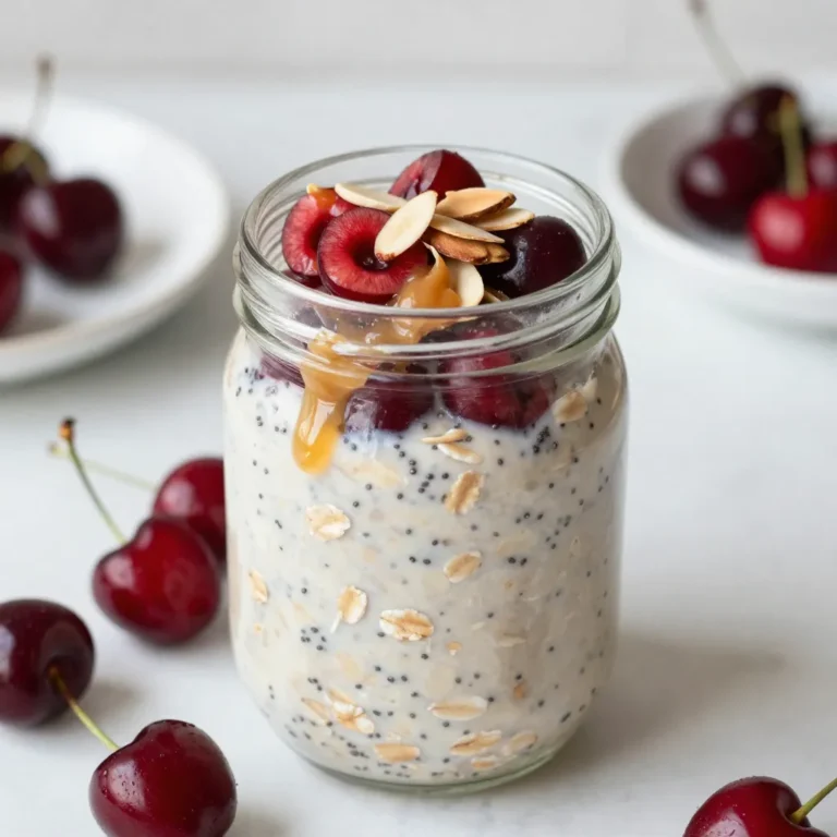 In this recipe, we need a few simple ingredients to make Cherry Almond Overnight Oats. Each one adds its own unique flavor and texture. - 1 cup rolled oats - 1 ½ cups almond milk (or any milk of your choice) - ½ cup cherries, pitted and halved (fresh or frozen) - 2 tablespoons almond butter - 1 tablespoon honey or maple syrup (optional, adjust to taste) - 1 teaspoon vanilla extract - ¼ teaspoon almond extract - 2 tablespoons chia seeds - ¼ teaspoon cinnamon - Fresh cherries and slivered almonds for garnish Using rolled oats is key. They soak up the milk well, giving a creamy texture. Almond milk is my favorite, but feel free to use any milk you enjoy. Cherries add a sweet and tart flavor. You can use fresh cherries in season or frozen ones when they are not available. Almond butter gives richness and a nutty taste. Honey or maple syrup sweetens the oats just right. Vanilla and almond extracts enhance the flavor, making it more special. Chia seeds are a great addition, as they help thicken the mix and add nutrients. Finally, a sprinkle of cinnamon adds warmth. When serving, fresh cherries and slivered almonds create a beautiful look, plus they add crunch to each bite. This combination is not just tasty; it's also a healthy way to start your day. {{ingredient_image_2}} 1. Mixing the base ingredients Start with a medium bowl. Add 1 cup of rolled oats. Pour in 1 ½ cups of almond milk. Then, add 2 tablespoons of almond butter. If you want some sweetness, include 1 tablespoon of honey or maple syrup. For flavor, mix in 1 teaspoon of vanilla extract and ¼ teaspoon of almond extract. Don’t forget the nutrition boost—add 2 tablespoons of chia seeds and ¼ teaspoon of cinnamon. Use a whisk to blend everything well. 2. Incorporating the cherries Take ½ cup of pitted and halved cherries. Gently fold them into the oat mixture. Be careful not to break the cherries. This step adds a fresh burst of flavor that pairs perfectly with the almond notes. 3. Distributing into jars Now, grab two jars or airtight containers. Evenly distribute the mixture into each jar. Make sure each jar has the same amount. This way, you’ll enjoy the same great taste in each serving. 4. Refrigeration time Seal each jar tightly with its lid. Place the jars in the fridge to chill overnight. If you’re in a hurry, let them sit for at least 4 hours. This time lets the oats and chia seeds soak up the almond milk, making them soft and creamy. - How to garnish In the morning, take your jars out of the fridge. Stir the oats well. If they feel too thick, add a splash of almond milk. Top each jar with fresh, halved cherries for color and flavor. Don’t forget to sprinkle some slivered almonds on top for a nice crunch! - Pairing with other breakfast items These cherry almond overnight oats are great on their own. But they also pair well with yogurt or a smoothie. You can enjoy them with a slice of whole-grain toast too. This way, you get a complete and balanced breakfast! Soaking time is key for great overnight oats. I recommend letting your oats sit overnight. This gives the oats and chia seeds time to soak up the almond milk. This process makes the oats soft and creamy. If you are short on time, soak them for at least four hours. You can adjust the consistency with almond milk. If your oats are too thick in the morning, just add a splash of almond milk. Stir it in until you reach the texture you like. To boost the flavor, consider adding spices. Cinnamon works well in this recipe. You can also try nutmeg or cardamom for a unique twist. For sweetness, honey or maple syrup are great options. You can adjust the amount to fit your taste. If you want a lower-calorie choice, use a sugar substitute. Pro Tips Use Fresh Cherries: If possible, opt for fresh cherries as they provide a vibrant flavor and texture compared to frozen ones. Adjust Sweetness: Taste the mixture before refrigerating and adjust the sweetness to your liking. Some cherries can be sweeter than others. Chill Time Matters: Allowing the oats to sit overnight is crucial for optimal texture—don’t rush this step! Creative Toppings: Experiment with different toppings like nuts, seeds, or even a dollop of yogurt for added flavor and nutrition. {{image_4}} You can easily swap the almond milk for other types of milk. Try oat milk or coconut milk for a creamy taste. If you need it nut-free, use rice milk or soy milk. Each option brings its own flavor, so choose what you like best. Mix up the fruit for a fresh twist. Use blueberries in summer or apples in fall. You can also try other nut butters. Sunflower seed butter works well if you want a nut-free choice. Each new flavor makes your oats exciting and different. You can store cherry almond overnight oats in the fridge for up to five days. Keep them in airtight jars or containers. This helps to keep the oats fresh and tasty. Check for signs of spoilage before eating. If you see mold or notice an off smell, toss them out. Yes, you can freeze overnight oats! However, the texture may change. To freeze, pour the oats into freezer-safe containers. Leave some space at the top for expansion. When ready to eat, move the oats to the fridge overnight to thaw. You can also warm them in the microwave. Just add a splash of almond milk to regain creaminess. Enjoy your healthy breakfast! Overnight oats are a great start to your day. They are packed with fiber. This fiber helps keep you full longer. Oats also offer vitamins and minerals. These nutrients support heart health. Chia seeds add omega-3 fatty acids, which are good for your brain. Cherries provide antioxidants that boost your immunity. You get a balanced meal that is easy to digest and low in sugar. You can use quick oats, but they will make your overnight oats mushy. Steel-cut oats are chewier and need more time to soak. If you prefer steel-cut oats, soak them longer, at least 8 hours. Quick oats work well if you want a faster option. Rolled oats are still the best choice for the right texture. To meal prep, simply double or triple the recipe. Mix all your ingredients in one bowl. Then distribute them into jars. Store them in the fridge for up to 5 days. Each morning, grab a jar and enjoy. Adding fresh toppings each day keeps it exciting! Almond butter adds a rich flavor and creaminess. However, you can skip it if needed. You can also use peanut butter or sunflower seed butter. These options still give you healthy fats. The oats will taste good even without nut butter. Yes, this recipe is easy to make vegan. Simply use maple syrup instead of honey. Almond milk is already vegan, so you're set there. The rest of the ingredients are plant-based. Enjoy this tasty breakfast while sticking to a vegan diet! Overnight oats are an easy and tasty breakfast option. We covered the key ingredients, from rolled oats to fresh cherries. You learned how to prepare them step by step and enjoyed ideas for serving. Tips helped you get the best texture and flavor, while variations showed you fun swaps for different diets. Lastly, I shared how to store them safely. With this guide, you can enjoy delicious cherry almond overnight oats any time. You're now ready to start your day with a healthy meal!