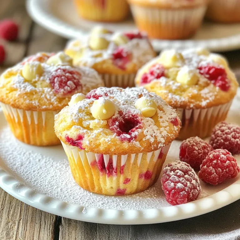 When making Raspberry White Chocolate Muffins, using the right ingredients is key. Here is what you need: - 1 cup fresh raspberries (or frozen) - 1 cup white chocolate chips - 2 cups all-purpose flour - 1 cup granulated sugar - 1/2 cup unsalted butter, melted - 1 cup buttermilk (or substitute) - 2 large eggs, room temperature - 1 tablespoon baking powder - 1/2 teaspoon baking soda - 1/4 teaspoon salt - 1 teaspoon vanilla extract Each ingredient plays an important role. Fresh or frozen raspberries add a burst of flavor. White chocolate chips bring sweetness and creaminess. All-purpose flour gives structure, while sugar adds sweetness. Melted butter keeps the muffins moist. Buttermilk makes them tender. Eggs provide richness and help with rising. Baking powder and baking soda are essential for fluffiness. Salt enhances all flavors. Finally, vanilla extract adds a warm note. When you gather your ingredients, be sure they're fresh. This way, your muffins will taste their best. If you can't find buttermilk, you can make your own. Just mix 1 cup of milk with 1 tablespoon of vinegar. Let it sit for a few minutes before using. Enjoy baking these delightful treats! {{ingredient_image_2}} - Preheat oven to 375°F (190°C). - Line or grease muffin tin. Start by preheating your oven. This step is key for even baking. While the oven heats, prepare your muffin tin. You can use paper liners or grease it with butter or cooking spray. This keeps the muffins from sticking. - Whisk together melted butter, sugar, and eggs. - Add buttermilk and vanilla extract. In a large bowl, whisk the melted butter and sugar. Mix until smooth. Then add the eggs one at a time, blending well. Next, pour in the buttermilk and vanilla. Whisk until everything is combined. This creates a creamy base for your muffins. - Sift dry ingredients and incorporate into wet mixture. - Gently fold in raspberries and white chocolate. In another bowl, sift the flour, baking powder, baking soda, and salt. This helps to remove lumps. Gradually add this mixture to the wet ingredients. Stir gently until just combined. Do not overmix; this keeps the muffins light. Now, fold in the raspberries and white chocolate chips carefully. Ensure they are evenly distributed. - Divide batter into muffin cups. - Bake for 18-20 minutes and check for doneness. Using a spoon or scoop, fill each muffin cup about two-thirds full. This allows room for rising. Place the muffin tin in the oven. Bake for 18 to 20 minutes. To check for doneness, insert a toothpick into the center. It should come out clean or with a few moist crumbs. Once ready, remove the muffins and let them cool for a few minutes before transferring to a wire rack. - Avoid overmixing the batter. This keeps the muffins light and fluffy. Mix just until you see no dry flour. - Use room temperature ingredients. This helps the batter blend smoothly and rise better. - Dust with powdered sugar. It adds a sweet touch and looks great. - Garnish with fresh raspberries. They add color and a burst of flavor. - Use gluten-free flour options like almond flour or a gluten-free blend. This makes the muffins suitable for everyone. - For vegan swaps, you can use flax eggs instead of regular eggs. Substitute buttermilk with almond milk and vinegar mix. Pro Tips Use Fresh Raspberries: Fresh raspberries will provide the best flavor and texture. If using frozen, ensure they are thoroughly thawed and drained to avoid excess moisture in the batter. Room Temperature Ingredients: Allow your eggs and buttermilk to come to room temperature before mixing. This helps create a better emulsion and results in a lighter muffin. Don't Overmix: When combining wet and dry ingredients, mix just until you see no dry flour. Overmixing can lead to tough muffins instead of light and fluffy ones. Check for Doneness: To ensure your muffins are perfectly baked, insert a toothpick into the center. If it comes out clean or with a few moist crumbs, they are ready! {{image_4}} To make gluten-free muffins, start by swapping all-purpose flour for a gluten-free blend. Look for blends made with rice flour, almond flour, or oat flour. Each blend may change the texture. You might need to adjust the liquid in the recipe. Use a bit less buttermilk or add an extra egg for moisture. Always check the package instructions for specific tips. For vegan muffins, replace the eggs with flaxseed meal or applesauce. Mix one tablespoon of flaxseed with three tablespoons of water. Let it sit for five minutes before adding. Substitute the buttermilk with a plant-based option. Almond milk or soy milk works well. Use dairy-free white chocolate chips for a complete vegan treat. You can switch up the berries in this recipe. Try blueberries, strawberries, or blackberries for a fun twist. Each berry brings its unique flavor. You can add spices like cinnamon or nutmeg for warmth. Orange or lemon zest adds a fresh touch too. This keeps your muffins exciting all year long. Store your muffins at room temperature for up to two days. Use an airtight container to keep them fresh. If you place them in a muffin tin, they may dry out quickly. The best choice is a sealed container. This method helps prevent staleness and keeps them soft. If you live in a humid area, refrigeration can help. However, it may make them a bit dry. To freeze your muffins, first cool them completely. Wrap each muffin in plastic wrap tightly. Then place them in a freezer-safe bag. This step protects them from freezer burn. You can store them for up to three months. When you want to enjoy one, remove it from the freezer. Let it thaw at room temperature for about an hour. If you want to eat it warm, use the microwave. Heat it for 15-20 seconds. This method brings back the fresh-baked taste. Enjoy your muffins anytime! Yes, you can use frozen raspberries. Just make sure to thaw them first. This will help keep the muffins moist. Frozen raspberries may bleed a bit more color into the batter. This can add a nice pink hue to the muffins. If you don’t have buttermilk, you can make a quick substitute. Mix 1 cup of milk with 1 tablespoon of vinegar. Let this sit for about five minutes. This will mimic the tangy taste of buttermilk, and it works well in this recipe. These muffins stay fresh for about 2-3 days at room temperature. Store them in an airtight container to keep them moist. If you want them to last longer, you can freeze them. They freeze well and can last up to three months. Yes, you can make mini muffins! Just adjust the baking time. Bake them for about 10-12 minutes. Check for doneness by inserting a toothpick into the center. If it comes out clean, they are ready to enjoy! In this article, we explored how to make delicious raspberry white chocolate muffins. We covered the ingredients, step-by-step instructions, helpful tips, and possible variations. Remember, use room temperature items for the best texture, and feel free to experiment with flavors. These muffins are easy to store and freeze, making them perfect for any time. Try this recipe, and enjoy the tasty results at home. You’ll impress family and friends with your baking skills!