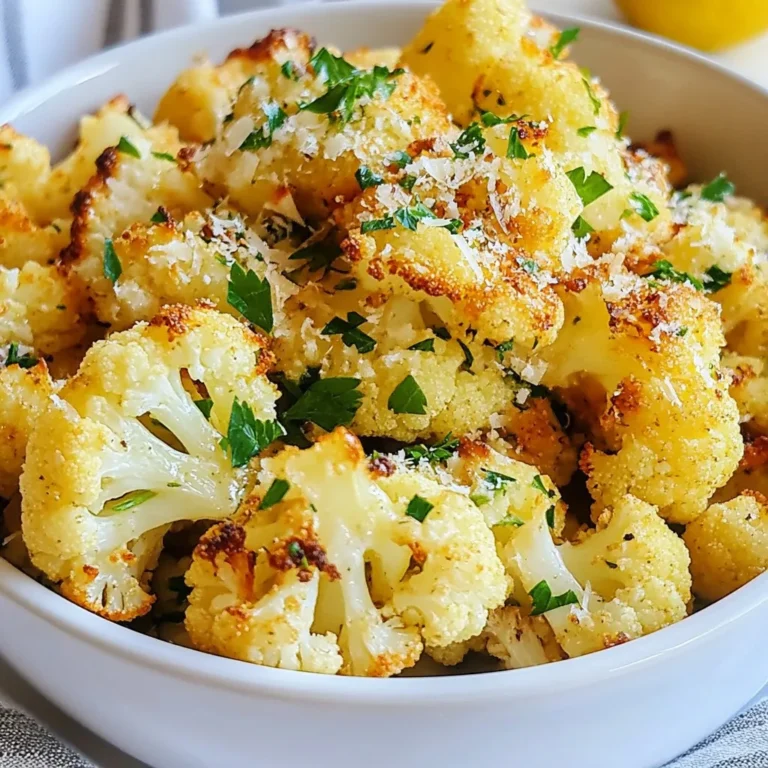 To make Roast Garlic Parmesan Cauliflower, gather these simple ingredients: - 1 large head of cauliflower, cut into evenly sized florets - 4 tablespoons extra virgin olive oil - 6 cloves fresh garlic, finely minced - 1 teaspoon garlic powder - ½ teaspoon smoked paprika for a touch of warmth - Salt and freshly cracked black pepper, to taste - ½ cup finely grated Parmesan cheese, divided - 2 tablespoons fresh parsley, roughly chopped - Zest of 1 lemon (optional, for a bright flavor boost) These ingredients blend together to create a dish full of rich flavors. The cauliflower gives a nice texture. The garlic and olive oil add depth. Parmesan cheese melts into a crispy topping that makes this dish unforgettable. Fresh herbs and lemon zest add a hint of brightness. Together, they make a perfect side dish for any meal. {{ingredient_image_2}} 1. First, preheat your oven to 425°F (220°C). This heat helps the cauliflower roast well. 2. In a large bowl, combine the cauliflower florets with olive oil, minced garlic, garlic powder, and smoked paprika. Toss them until every floret is coated in the mix. 3. Next, season the mixture with salt and pepper to your taste. Fold in half of the grated Parmesan cheese. This adds great flavor. 1. Now, line a baking sheet with parchment paper. Spread the cauliflower evenly on the sheet. Don’t overcrowd the florets; this helps them roast evenly. 2. Place the baking sheet in the hot oven and roast for 25 to 30 minutes. Halfway through, stir the cauliflower. This step allows for even browning and tenderness. 3. In the last five minutes, sprinkle the rest of the Parmesan cheese on top. This melts into a crispy, tasty layer. 1. Once the cauliflower is golden and tender, take it out of the oven. 2. Finish by adding chopped parsley and lemon zest on top. This gives a fresh and bright flavor. Now your Roast Garlic Parmesan Cauliflower is ready to impress! To ensure even roasting, cut the cauliflower into similar-sized florets. This way, they cook at the same time. Spread them out on the baking sheet. If they are too close, they will steam instead of roast. Stir halfway through roasting. This helps achieve a golden-brown color on all sides. Adjust seasoning to taste by starting with a small amount of salt and pepper. You can always add more later. Try the cauliflower before serving. If it needs more flavor, sprinkle a bit more cheese or seasoning on top. For stylish serving suggestions, use a rustic bowl or a bright platter. This makes your dish look more inviting. Garnish with fresh parsley and lemon slices. These add color and a fresh aroma. Enhance visual appeal by sprinkling the roasted cauliflower with extra Parmesan just before serving. This creates a lovely, cheesy top that catches the eye. Remember, we eat with our eyes first! Pro Tips Even Florets: Cut cauliflower florets into similar sizes to ensure they roast evenly, allowing for a consistent texture and flavor. High Heat Roasting: Roasting at 425°F (220°C) creates caramelization on the outside, enhancing the flavor and achieving that desired crispiness. Garlic Variations: For a deeper garlic flavor, try roasting whole garlic cloves alongside the cauliflower; they will become sweet and creamy. Cheese Alternatives: If you prefer a dairy-free option, nutritional yeast can be used instead of Parmesan cheese for a cheesy flavor without the dairy. {{image_4}} You can boost the flavor of your Roast Garlic Parmesan Cauliflower with some fun twists. Here are a few ideas: - Adding spices or herbs: Try adding a pinch of cayenne pepper for heat. You can also mix in dried thyme or rosemary for a fresh taste. These herbs add a nice depth without overpowering the dish. - Different cheese options: While Parmesan is great, you can experiment with other cheeses too. Grated Pecorino Romano offers a sharp kick. For a creamier texture, use shredded mozzarella or gouda. Each cheese adds its own unique flavor. This dish can fit many diets with a few easy swaps. Here’s how: - Vegan alternatives: To make it vegan, skip the cheese. Instead, you can use nutritional yeast. It has a cheesy flavor and is packed with nutrients. Just sprinkle it on after roasting for that cheesy taste. - Gluten-free considerations: This recipe is naturally gluten-free. Just ensure your seasonings, like garlic powder and smoked paprika, are gluten-free. This way, everyone can enjoy this tasty side dish without worries. To keep your roast garlic Parmesan cauliflower fresh, store it in an airtight container. Place the cooled cauliflower in the container and seal it tightly. Store it in the refrigerator. It will stay good for up to three days. If you want to save it for longer, you can freeze it. First, let the cauliflower cool completely. Next, spread it on a baking sheet in a single layer. Freeze for about one hour until it is firm. Then, transfer it to a freezer-safe bag. Remove as much air as possible before sealing. Frozen cauliflower can last for up to three months. When reheating, the best method is to use the oven. Preheat it to 350°F (175°C). Spread the cauliflower on a baking sheet. This helps keep the texture crispy. Bake for about 10-15 minutes or until heated through. If you want to use the microwave, place the cauliflower in a microwave-safe dish. Cover it to avoid drying out. Heat in short bursts of 30 seconds. Check often to prevent sogginess. For best results, the oven method is the way to go! Roast Garlic Parmesan Cauliflower pairs well with many dishes. You can serve it with grilled chicken, fish, or steak. It also complements pasta and quinoa nicely. For a vegetarian meal, try it with a hearty salad or some crusty bread. Yes, you can make this dish ahead of time. Prepare the cauliflower and seasonings, then store them in the fridge. When you're ready to cook, just roast them. You can also roast them in advance and reheat them later. The cauliflower is done when it turns golden brown and is tender. You can test it with a fork. If it goes in easily, it’s ready. The cheese on top should also be melted and crispy. Sure! You can use different oils, like avocado oil. If you don’t have Parmesan, try other cheeses like cheddar or nutritional yeast for a vegan option. You can also swap the smoked paprika for regular paprika or even cayenne for some heat. Roast Garlic Parmesan Cauliflower is simple and tasty. We covered the key ingredients, like cauliflower, olive oil, and cheese. Then, we went through the steps for preparation and roasting. I shared tips for perfecting the dish and ideas for presentation. There are also variations to suit different diets. Storing leftovers properly keeps food fresh. Keep this guide handy for making a delicious side dish. Enjoy your cooking and impress your guests with this easy recipe!
