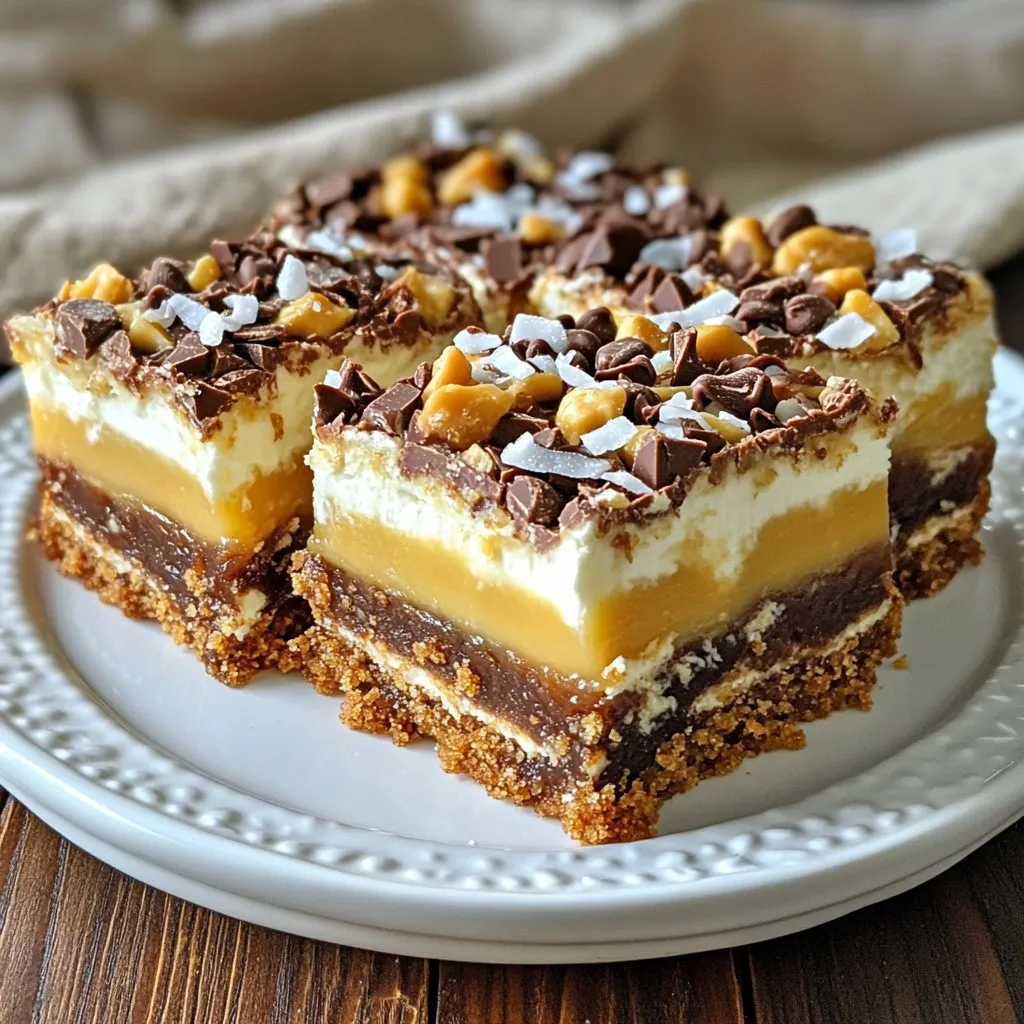 To make Coconut Caramel Magic Bars, gather these ingredients: - 1 cup graham cracker crumbs - 1/2 cup unsweetened shredded coconut - 1/2 cup unsalted butter, melted - 1 tablespoon brown sugar - 1 cup sweetened condensed milk - 1 cup semisweet chocolate chips - 1 cup butterscotch chips - 1/2 cup chopped pecans or walnuts (optional) - 1 teaspoon vanilla extract - Pinch of sea salt These ingredients create a sweet and rich flavor that everyone loves. You can swap some ingredients for variations or dietary needs. Here are a few ideas: - Graham cracker crumbs can be replaced with crushed cookies like Digestives or Oreos. - Unsweetened shredded coconut can be replaced with sweetened if you like more sweetness. - Unsalted butter can be substituted with coconut oil for a dairy-free option. - Sweetened condensed milk can be replaced with coconut cream for a vegan treat. - Chocolate chips can be dark chocolate or even white chocolate based on your preference. These swaps let you customize the bars to your taste. Using high-quality ingredients makes a big difference. Here are my tips: - Choose fresh graham crackers for the best texture. - Use good-quality chocolate chips for rich flavor. - Fresh nuts add crunch and taste. If you can, toast them for extra flavor. - Look for organic or fair-trade coconut to support better farming practices. Great ingredients lead to great results in your Coconut Caramel Magic Bars! {{ingredient_image_2}} Start by preheating your oven to 350°F (175°C). This step is key for even baking. While the oven warms up, prepare your baking dish. Use a 9x13 inch dish and grease it lightly. You can also line it with parchment paper. This makes it easy to remove the bars later. In a medium bowl, mix graham cracker crumbs, shredded coconut, melted butter, and brown sugar. Stir until everything is combined well. The mixture should feel like wet sand. This is your crust. Next, press the mixture firmly into the bottom of the baking dish. Use the back of a measuring cup or your fingers. Ensure it is packed tightly and evenly. This will give you a sturdy base for your magic bars. In another bowl, whisk together sweetened condensed milk, vanilla extract, and a pinch of sea salt until smooth. This filling is creamy and sweet. Carefully pour this mixture over the crust. Spread it evenly with a spatula. Now, it’s time for the toppings! Sprinkle semisweet chocolate chips and butterscotch chips over the filling. If you want nuts, add chopped pecans or walnuts on top. This adds a great crunch. Baking Coconut Caramel Magic Bars requires attention. Preheat your oven to 350°F (175°C). Bake the bars for 25 to 30 minutes. Watch for golden edges and a set center. If you overbake, they can become dry. If they look too soft, give them a few more minutes. Every oven is different, so keep an eye on yours. To slice your bars neatly, let them cool completely. I recommend chilling them in the fridge for an hour. This makes cutting much easier. Use a sharp knife for clean edges. Wipe the knife with a damp cloth between cuts. This helps prevent sticking. You can cut them into squares or rectangles, depending on your preference. Want to boost the flavor? Try adding a pinch of cinnamon to the crust mix. For a nutty twist, use chopped pecans or walnuts. You can even toss in some dried fruit like cranberries or cherries. Get creative! Each addition can make these bars unique. Just remember to keep the balance of flavors in mind. Pro Tips Chill for Clean Cuts: Allow the bars to chill in the refrigerator for at least an hour before slicing. This will help achieve cleaner, more uniform cuts. Customize Your Toppings: Feel free to mix and match your favorite toppings! Consider adding dried fruits, different nuts, or even a layer of caramel for extra flavor. Watch the Baking Time: Keep an eye on the bars as they bake. Ovens can vary, so check for a golden brown edge and a set center to avoid overbaking. Store Properly: Store any leftovers in an airtight container at room temperature for up to a week or in the fridge for longer freshness. {{image_4}} You can change the flavors in your Coconut Caramel Magic Bars easily. For the graham cracker crumbs, use vanilla wafers for a sweeter taste. Want a nutty flavor? Swap in almond flour instead. You can also try using different types of chocolate. Dark chocolate adds a rich taste, while white chocolate gives a sweet twist. If you want to make these bars vegan, use coconut oil instead of butter. Replace the sweetened condensed milk with coconut cream and maple syrup for a sweet touch. For gluten-free bars, choose gluten-free graham crackers. This way, everyone can enjoy these tasty treats. You can add special ingredients based on the season. In the fall, add pumpkin spice for a cozy flavor. In summer, fresh berries like raspberries or strawberries will brighten the bars. You can also sprinkle in some orange zest for a fresh burst of citrus. These small changes make your bars unique and fun! To keep your Coconut Caramel Magic Bars fresh, store them in an airtight container. Place a piece of parchment paper between layers to prevent sticking. This helps maintain their texture and flavor. Keep the container in a cool, dry place. They can last up to five days at room temperature. If you want to save some bars for later, freezing is a great option. Cut the bars into squares first. Wrap each piece in plastic wrap and then place them in a freezer-friendly bag. This keeps them fresh and prevents freezer burn. They can last up to three months in the freezer. When ready to enjoy, thaw them in the fridge overnight. If you prefer warm bars, reheat them in the oven. Preheat your oven to 350°F (175°C). Place the bars on a baking sheet and cover with foil to prevent over-browning. Heat them for about 10 minutes. This will make the chocolate and butterscotch chips nice and gooey again. Enjoy them warm for a delightful treat! Yes, you can make Coconut Caramel Magic Bars ahead of time. These bars taste great after a day or two. Just store them in an airtight container. This keeps them fresh and chewy. If you need a substitute for sweetened condensed milk, try coconut cream. Mix it with sugar to get the right sweetness. Another option is evaporated milk with sugar added. Both choices work well in this recipe. These bars can last about five days at room temperature. Keep them in an airtight container to stay fresh. If it’s very warm, store them in the fridge to prevent melting. Absolutely! You can use other nuts like almonds or macadamia nuts. You can also add dried fruits like cherries or cranberries. These changes give your bars a unique flavor and texture. We've covered a lot about making delicious Coconut Caramel Magic Bars. You learned about key ingredients and how to choose the best ones. We also went through easy steps for baking and tips to make them perfect. Don't forget the fun variations you can try out. Lastly, I shared smart ways to store your bars for later. Enjoy experimenting and making these treats your own! You’ll love how simple and tasty they can be.