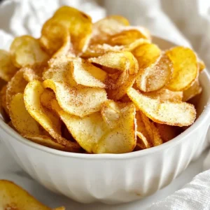 To make tasty cinnamon sugar apple chips, gather these simple items: - 2 large apples (such as Honeycrisp or Fuji) - 2 tablespoons coconut oil, melted - 1 tablespoon ground cinnamon - 2 tablespoons granulated sugar (or substitute with coconut sugar) - Pinch of fine sea salt You can swap a few ingredients if needed. For the apples, any firm variety works. Gala or Granny Smith can be great options. If you want a sweeter taste, choose Honeycrisp or Fuji. Instead of coconut oil, you can use melted butter. This will add a rich flavor. If you prefer a healthier option, use coconut sugar instead of granulated sugar. It has a lower glycemic index and a nice caramel taste. When picking apples, look for ones that are firm and have smooth skin. Avoid any with bruises or soft spots. Fresh apples taste better and make crispier chips. Honeycrisp apples are sweet and juicy. Fuji apples are also sweet and have a nice crunch. If you want a tangy flavor, choose Granny Smith. These apples will give your chips a unique taste that balances well with the cinnamon sugar. {{ingredient_image_2}} To make these tasty cinnamon sugar apple chips, start with clean apples. I like using Honeycrisp or Fuji. They are sweet and crisp. Slice them into thin rounds, about 1/8 inch thick. A mandoline makes this easy. If you don’t have one, a sharp knife works too. Next, mix the ground cinnamon, sugar, and salt in a bowl. This cinnamon sugar blend is the star of the show. In another bowl, drizzle melted coconut oil over the apple slices. Toss them gently to coat every piece. Then, sprinkle the cinnamon sugar mix over the apples and toss again. Now, lay the apple slices in a single layer on a baking sheet lined with parchment paper. This step is key. Make sure none of the slices overlap. Oven temperature is very important for crisping the apple chips. Preheat your oven to 225°F (110°C). This low temperature helps them dry out slowly. If the oven is too hot, the chips might burn before they get crispy. Trust me, patience pays off here. Bake the apple slices for about 1 to 1.5 hours. Flip them halfway through to get even crispness. Keep a close eye on them near the end. You want them golden and crispy, not burnt. Once they finish baking, let them cool for a few minutes. Then, move the chips to a wire rack. This helps them crisp up even more. Enjoy your homemade apple chips! One big mistake is slicing the apples too thick. Aim for 1/8 inch thickness. This helps the chips crisp up nicely. Another mistake is overcrowding the baking sheet. Make sure they lay flat without touching. If they overlap, they won’t get crispy. Keep an eye on the oven. Watch for burning, especially toward the end of baking. Use a mandoline slicer for even slices. It makes the job quick and easy. A sharp knife works too, but be careful. You’ll also need a baking sheet and parchment paper. They help with cleanup and prevent sticking. A mixing bowl is essential for tossing the slices with oil and sugar. Want to spice things up? Try adding nutmeg or ginger to the cinnamon mix. A pinch of cayenne can add heat if you like it spicy. For a sweeter twist, consider vanilla extract or even a splash of maple syrup. These additions can make your apple chips even more fun and tasty. Pro Tips Choose the Right Apples: Selecting apples that are crisp and sweet, like Honeycrisp or Fuji, will enhance the flavor and texture of your chips. Slice Evenly: Using a mandoline slicer will ensure that all apple slices are of uniform thickness, which is key for even baking and crisping. Monitor Baking Time: Baking at a low temperature for longer helps the apples dehydrate properly. Keep an eye on them towards the end to avoid burning. Storage Tips: Store your apple chips in an airtight container at room temperature to keep them crispy. If they lose their crunch, you can re-bake them briefly! {{image_4}} When making cinnamon sugar apple chips, you can choose many apple types. Honeycrisp apples work well. They have a sweet taste and a nice crunch. Fuji apples are another great choice. They are also sweet and firm, perfect for chips. You can experiment with tart apples too. Granny Smith apples add a nice contrast to the sweet cinnamon sugar. Try mixing different apples for unique flavors. If you want to cut down on sugar, there are tasty options. Coconut sugar is a great substitute. It has a lower glycemic index and a light caramel flavor. You can also use honey or maple syrup. Just remember to adjust the amount since they are sweeter. Another option is to use a sugar-free sweetener, like stevia. These alternatives keep your chips tasty without added sugar. You can elevate your apple chips with extra ingredients. Try adding chopped nuts for crunch. Almonds, walnuts, or pecans add texture and flavor. If you love chocolate, drizzle melted dark chocolate over the chips. This adds richness to your snack. For a sweet treat, serve the chips with caramel sauce. Dip the chips for a fun twist. Feel free to mix and match these extras to create your favorite combinations. To keep your apple chips fresh, store them in an airtight container. This helps maintain their crispness. You can use a glass jar or a plastic bag with a seal. Make sure the chips cool completely before sealing them. If they are still warm, moisture can build up inside. When stored properly, cinnamon sugar apple chips can last up to two weeks. Keep them in a cool, dry place away from sunlight. If you notice any signs of moisture or sogginess, it's time to toss them out. If your apple chips lose their crunch, don't worry! You can easily re-crisp them. Preheat your oven to 225°F (110°C). Spread the chips on a baking sheet in a single layer. Bake for about 10-15 minutes. Keep an eye on them to prevent burning. Once they cool, they should be crispy again! Yes, you can use other sweeteners. Coconut sugar works well as a substitute. You can also try honey or maple syrup, but they may change the texture. If you want a low-calorie option, stevia is a good choice. Just remember, different sweeteners can taste a bit different. Adjust the amount based on your preference. The chips are done when they are crispy and slightly golden. You should flip them halfway through baking to help them crisp evenly. Keep an eye on them in the last few minutes. If they start to turn dark brown, take them out. The baking time can vary, so trust your eyes and ears. Cinnamon sugar apple chips can be a healthy snack. Apples are full of fiber and vitamins. Using coconut oil adds some healthy fats. Just be careful with the sugar. You can reduce the sugar or use a substitute to make them healthier. Enjoying these chips in moderation keeps them a fun treat! Making cinnamon sugar apple chips is easy and fun. We explored the needed ingredients, including substitutes and tips for choosing apples. I shared step-by-step instructions, focusing on preparation and baking for crispness. You learned common mistakes to avoid and tools to help perfect your chips. Variations like different apples and healthier sweeteners add excitement. Lastly, we discussed how to store your chips and keep them fresh. Now, you have what you need to create delicious snacks that impress! Enjoy your tasty creations and keep experimenting with flavors.