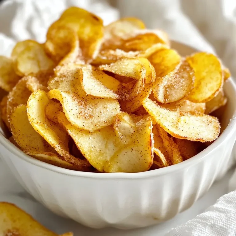 To make tasty cinnamon sugar apple chips, gather these simple items: - 2 large apples (such as Honeycrisp or Fuji) - 2 tablespoons coconut oil, melted - 1 tablespoon ground cinnamon - 2 tablespoons granulated sugar (or substitute with coconut sugar) - Pinch of fine sea salt You can swap a few ingredients if needed. For the apples, any firm variety works. Gala or Granny Smith can be great options. If you want a sweeter taste, choose Honeycrisp or Fuji. Instead of coconut oil, you can use melted butter. This will add a rich flavor. If you prefer a healthier option, use coconut sugar instead of granulated sugar. It has a lower glycemic index and a nice caramel taste. When picking apples, look for ones that are firm and have smooth skin. Avoid any with bruises or soft spots. Fresh apples taste better and make crispier chips. Honeycrisp apples are sweet and juicy. Fuji apples are also sweet and have a nice crunch. If you want a tangy flavor, choose Granny Smith. These apples will give your chips a unique taste that balances well with the cinnamon sugar. {{ingredient_image_2}} To make these tasty cinnamon sugar apple chips, start with clean apples. I like using Honeycrisp or Fuji. They are sweet and crisp. Slice them into thin rounds, about 1/8 inch thick. A mandoline makes this easy. If you don’t have one, a sharp knife works too. Next, mix the ground cinnamon, sugar, and salt in a bowl. This cinnamon sugar blend is the star of the show. In another bowl, drizzle melted coconut oil over the apple slices. Toss them gently to coat every piece. Then, sprinkle the cinnamon sugar mix over the apples and toss again. Now, lay the apple slices in a single layer on a baking sheet lined with parchment paper. This step is key. Make sure none of the slices overlap. Oven temperature is very important for crisping the apple chips. Preheat your oven to 225°F (110°C). This low temperature helps them dry out slowly. If the oven is too hot, the chips might burn before they get crispy. Trust me, patience pays off here. Bake the apple slices for about 1 to 1.5 hours. Flip them halfway through to get even crispness. Keep a close eye on them near the end. You want them golden and crispy, not burnt. Once they finish baking, let them cool for a few minutes. Then, move the chips to a wire rack. This helps them crisp up even more. Enjoy your homemade apple chips! One big mistake is slicing the apples too thick. Aim for 1/8 inch thickness. This helps the chips crisp up nicely. Another mistake is overcrowding the baking sheet. Make sure they lay flat without touching. If they overlap, they won’t get crispy. Keep an eye on the oven. Watch for burning, especially toward the end of baking. Use a mandoline slicer for even slices. It makes the job quick and easy. A sharp knife works too, but be careful. You’ll also need a baking sheet and parchment paper. They help with cleanup and prevent sticking. A mixing bowl is essential for tossing the slices with oil and sugar. Want to spice things up? Try adding nutmeg or ginger to the cinnamon mix. A pinch of cayenne can add heat if you like it spicy. For a sweeter twist, consider vanilla extract or even a splash of maple syrup. These additions can make your apple chips even more fun and tasty. Pro Tips Choose the Right Apples: Selecting apples that are crisp and sweet, like Honeycrisp or Fuji, will enhance the flavor and texture of your chips. Slice Evenly: Using a mandoline slicer will ensure that all apple slices are of uniform thickness, which is key for even baking and crisping. Monitor Baking Time: Baking at a low temperature for longer helps the apples dehydrate properly. Keep an eye on them towards the end to avoid burning. Storage Tips: Store your apple chips in an airtight container at room temperature to keep them crispy. If they lose their crunch, you can re-bake them briefly! {{image_4}} When making cinnamon sugar apple chips, you can choose many apple types. Honeycrisp apples work well. They have a sweet taste and a nice crunch. Fuji apples are another great choice. They are also sweet and firm, perfect for chips. You can experiment with tart apples too. Granny Smith apples add a nice contrast to the sweet cinnamon sugar. Try mixing different apples for unique flavors. If you want to cut down on sugar, there are tasty options. Coconut sugar is a great substitute. It has a lower glycemic index and a light caramel flavor. You can also use honey or maple syrup. Just remember to adjust the amount since they are sweeter. Another option is to use a sugar-free sweetener, like stevia. These alternatives keep your chips tasty without added sugar. You can elevate your apple chips with extra ingredients. Try adding chopped nuts for crunch. Almonds, walnuts, or pecans add texture and flavor. If you love chocolate, drizzle melted dark chocolate over the chips. This adds richness to your snack. For a sweet treat, serve the chips with caramel sauce. Dip the chips for a fun twist. Feel free to mix and match these extras to create your favorite combinations. To keep your apple chips fresh, store them in an airtight container. This helps maintain their crispness. You can use a glass jar or a plastic bag with a seal. Make sure the chips cool completely before sealing them. If they are still warm, moisture can build up inside. When stored properly, cinnamon sugar apple chips can last up to two weeks. Keep them in a cool, dry place away from sunlight. If you notice any signs of moisture or sogginess, it's time to toss them out. If your apple chips lose their crunch, don't worry! You can easily re-crisp them. Preheat your oven to 225°F (110°C). Spread the chips on a baking sheet in a single layer. Bake for about 10-15 minutes. Keep an eye on them to prevent burning. Once they cool, they should be crispy again! Yes, you can use other sweeteners. Coconut sugar works well as a substitute. You can also try honey or maple syrup, but they may change the texture. If you want a low-calorie option, stevia is a good choice. Just remember, different sweeteners can taste a bit different. Adjust the amount based on your preference. The chips are done when they are crispy and slightly golden. You should flip them halfway through baking to help them crisp evenly. Keep an eye on them in the last few minutes. If they start to turn dark brown, take them out. The baking time can vary, so trust your eyes and ears. Cinnamon sugar apple chips can be a healthy snack. Apples are full of fiber and vitamins. Using coconut oil adds some healthy fats. Just be careful with the sugar. You can reduce the sugar or use a substitute to make them healthier. Enjoying these chips in moderation keeps them a fun treat! Making cinnamon sugar apple chips is easy and fun. We explored the needed ingredients, including substitutes and tips for choosing apples. I shared step-by-step instructions, focusing on preparation and baking for crispness. You learned common mistakes to avoid and tools to help perfect your chips. Variations like different apples and healthier sweeteners add excitement. Lastly, we discussed how to store your chips and keep them fresh. Now, you have what you need to create delicious snacks that impress! Enjoy your tasty creations and keep experimenting with flavors.