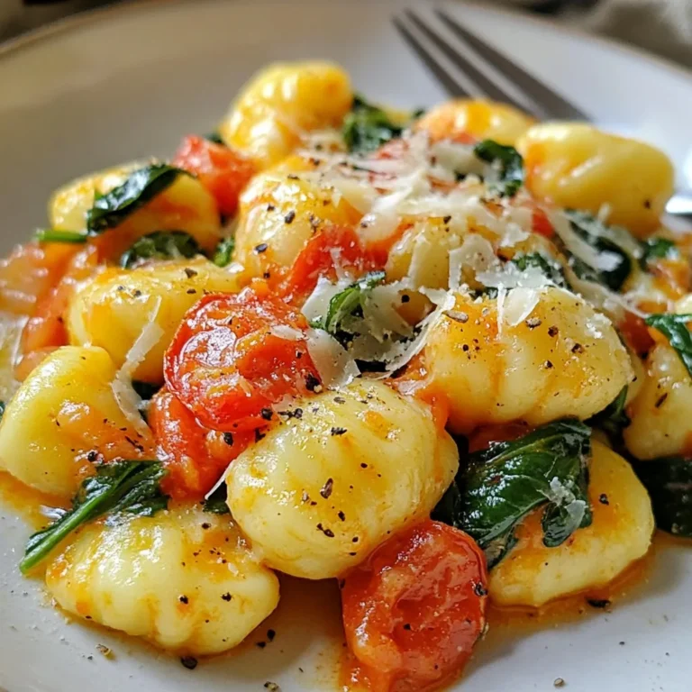 - 1 pound gnocchi (store-bought or homemade) - 2 tablespoons extra virgin olive oil - 3 cloves garlic, minced - 1 can (14 oz) diced tomatoes, including juices - 1 cup heavy cream - 2 cups fresh spinach, roughly chopped - 1 teaspoon Italian seasoning blend - ½ cup grated Parmesan cheese - Fresh basil leaves for garnish To create the creamy tomato spinach gnocchi, gather your main ingredients first. Gnocchi serves as the base, providing a soft, pillowy texture. Olive oil adds richness, while garlic gives a wonderful aroma. Next, focus on the sauce. Diced tomatoes bring acidity, and heavy cream adds a luscious creaminess. Fresh spinach not only adds color but also enhances nutrition. Finally, for seasoning and garnish, Italian seasoning blends well with the dish. Parmesan cheese brings a savory note. Fresh basil adds a pop of flavor and a lovely look. Each ingredient plays a key role, making this dish a cozy favorite. Enjoy picking fresh basil from your garden or local store for the best taste! {{ingredient_image_2}} - Boil a large pot of salted water. - Add the gnocchi and cook for 2-3 minutes. They are done when they float. Drain and set aside. - Heat 2 tablespoons of olive oil in a large skillet over medium heat. - Add 3 cloves of minced garlic. Sauté for 1-2 minutes until it smells great. Don’t let it burn. - Pour in 1 can of diced tomatoes with their juices. - Stir in 1 teaspoon of Italian seasoning, salt, and pepper. Let it simmer for 5-7 minutes until it thickens. - Lower the heat and add 1 cup of heavy cream. Stir well to mix. - Add 2 cups of chopped spinach and cook until it wilts, about 2 minutes. - Sprinkle in ½ cup of grated Parmesan cheese. Stir until it melts into the sauce. - Taste the dish and add more salt or pepper if needed. - Serve the creamy gnocchi in shallow bowls. - Garnish with fresh basil leaves, and maybe extra Parmesan on top. Enjoy! To cook gnocchi just right, boil water with salt. The water should be at a rolling boil. Cook the gnocchi for 2-3 minutes. They are done when they float to the water's surface. If you use store-bought gnocchi, follow the package directions. Homemade gnocchi may need a bit more time, so watch them closely. To boost flavor, add a pinch of red pepper flakes. A dash of garlic powder also gives depth. If you want protein, consider adding cooked chicken or shrimp. Sausage can also add a hearty touch. Each option brings its own unique taste to the dish. For a beautiful plate, use shallow bowls for serving. This allows the colorful sauce to shine. Sprinkle extra Parmesan on top for a nice touch. Add a drizzle of olive oil for a glossy finish. Fresh basil leaves add a vibrant green color, making the dish even more appealing. Pro Tips Use Fresh Ingredients: For the best flavor, use fresh spinach and high-quality canned tomatoes. This enhances the overall taste of the dish. Don't Overcook the Gnocchi: Gnocchi should be cooked just until they float to the surface to maintain a soft and pillowy texture. Adjust the Creaminess: If you prefer a lighter dish, substitute half of the heavy cream with chicken or vegetable broth for a delicious variation. Garnish with a Twist: Add a sprinkle of red pepper flakes for a touch of heat or a squeeze of lemon juice for brightness before serving. {{image_4}} To make this dish vegan, you can easily swap out the cream and cheese. Instead of heavy cream, use a plant-based cream, like cashew or coconut cream. These options add a nice richness without the dairy. For cheese, try nutritional yeast or a vegan cheese substitute. Both will give a cheesy flavor without animal products. If you need a gluten-free meal, use gluten-free gnocchi. Many brands make gluten-free gnocchi using rice or potato flour. You can find it in most grocery stores. Just follow the cooking instructions on the package, and you will enjoy the same great taste. Want to add some protein? You can include chicken, shrimp, or sausage. For chicken, use cooked, diced, or shredded pieces. If you choose shrimp, cook them until they turn pink and firm. For sausage, slice and sauté it before mixing it into the sauce. Each of these options gives your dish an extra boost of flavor and nutrition. To store leftovers, let the creamy tomato spinach gnocchi cool down. Once cool, transfer it to an airtight container. This helps keep it fresh for up to three days in the fridge. When reheating, use a skillet over medium heat. Add a splash of water or cream to keep the sauce smooth. Stir often until heated through. You can freeze this dish for later enjoyment. First, let it cool completely. Then, place it in a freezer-safe container or bag. Make sure to remove as much air as possible to avoid freezer burn. It can last up to three months in the freezer. To thaw, move it to the fridge overnight. For quick thawing, use the microwave on low. Once thawed, reheat in a skillet with a bit of water or cream. This keeps the gnocchi creamy and delicious. Gnocchi are small dumplings made from potatoes, flour, and eggs. They can be soft and chewy. You can find different types: - Potato Gnocchi: The most common type. - Ricotta Gnocchi: Made with ricotta cheese for a lighter texture. - Pumpkin Gnocchi: Adds sweetness and color. Yes, you can swap in many vegetables! Try these: - Mushrooms: Add rich flavor and texture. - Zucchini: Light and fresh. - Peas: Sweet and colorful. - Bell Peppers: For a crunchy bite. Making gnocchi takes about 30 minutes if you make it from scratch. If you use store-bought gnocchi, it only takes 10 minutes. Homemade gnocchi can taste great, but store-bought is quick and easy. You can prepare this dish ahead of time! Here are some tips: - Cooked Gnocchi: Store in the fridge for up to 2 days. - Sauce: It keeps well for about 3 days in the fridge. - Freezing: You can freeze the sauce and gnocchi separately. Just thaw and reheat before serving. This blog post covered a delicious gnocchi dish from ingredients to serving. You learned about key components like gnocchi, garlic, and Italian herbs. The step-by-step guide made cooking easy, while tips enhanced the dish’s flavor and look. Variations can suit different diets, and storage tips help keep leftovers fresh. Now, you can create a tasty meal that impresses. Enjoy cooking!