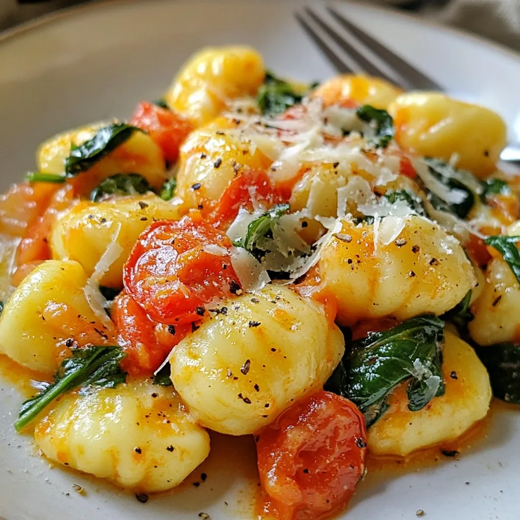 - 1 pound gnocchi (store-bought or homemade) - 2 tablespoons extra virgin olive oil - 3 cloves garlic, minced - 1 can (14 oz) diced tomatoes, including juices - 1 cup heavy cream - 2 cups fresh spinach, roughly chopped - 1 teaspoon Italian seasoning blend - ½ cup grated Parmesan cheese - Fresh basil leaves for garnish To create the creamy tomato spinach gnocchi, gather your main ingredients first. Gnocchi serves as the base, providing a soft, pillowy texture. Olive oil adds richness, while garlic gives a wonderful aroma. Next, focus on the sauce. Diced tomatoes bring acidity, and heavy cream adds a luscious creaminess. Fresh spinach not only adds color but also enhances nutrition. Finally, for seasoning and garnish, Italian seasoning blends well with the dish. Parmesan cheese brings a savory note. Fresh basil adds a pop of flavor and a lovely look. Each ingredient plays a key role, making this dish a cozy favorite. Enjoy picking fresh basil from your garden or local store for the best taste! {{ingredient_image_2}} - Boil a large pot of salted water. - Add the gnocchi and cook for 2-3 minutes. They are done when they float. Drain and set aside. - Heat 2 tablespoons of olive oil in a large skillet over medium heat. - Add 3 cloves of minced garlic. Sauté for 1-2 minutes until it smells great. Don’t let it burn. - Pour in 1 can of diced tomatoes with their juices. - Stir in 1 teaspoon of Italian seasoning, salt, and pepper. Let it simmer for 5-7 minutes until it thickens. - Lower the heat and add 1 cup of heavy cream. Stir well to mix. - Add 2 cups of chopped spinach and cook until it wilts, about 2 minutes. - Sprinkle in ½ cup of grated Parmesan cheese. Stir until it melts into the sauce. - Taste the dish and add more salt or pepper if needed. - Serve the creamy gnocchi in shallow bowls. - Garnish with fresh basil leaves, and maybe extra Parmesan on top. Enjoy! To cook gnocchi just right, boil water with salt. The water should be at a rolling boil. Cook the gnocchi for 2-3 minutes. They are done when they float to the water's surface. If you use store-bought gnocchi, follow the package directions. Homemade gnocchi may need a bit more time, so watch them closely. To boost flavor, add a pinch of red pepper flakes. A dash of garlic powder also gives depth. If you want protein, consider adding cooked chicken or shrimp. Sausage can also add a hearty touch. Each option brings its own unique taste to the dish. For a beautiful plate, use shallow bowls for serving. This allows the colorful sauce to shine. Sprinkle extra Parmesan on top for a nice touch. Add a drizzle of olive oil for a glossy finish. Fresh basil leaves add a vibrant green color, making the dish even more appealing. Pro Tips Use Fresh Ingredients: For the best flavor, use fresh spinach and high-quality canned tomatoes. This enhances the overall taste of the dish. Don't Overcook the Gnocchi: Gnocchi should be cooked just until they float to the surface to maintain a soft and pillowy texture. Adjust the Creaminess: If you prefer a lighter dish, substitute half of the heavy cream with chicken or vegetable broth for a delicious variation. Garnish with a Twist: Add a sprinkle of red pepper flakes for a touch of heat or a squeeze of lemon juice for brightness before serving. {{image_4}} To make this dish vegan, you can easily swap out the cream and cheese. Instead of heavy cream, use a plant-based cream, like cashew or coconut cream. These options add a nice richness without the dairy. For cheese, try nutritional yeast or a vegan cheese substitute. Both will give a cheesy flavor without animal products. If you need a gluten-free meal, use gluten-free gnocchi. Many brands make gluten-free gnocchi using rice or potato flour. You can find it in most grocery stores. Just follow the cooking instructions on the package, and you will enjoy the same great taste. Want to add some protein? You can include chicken, shrimp, or sausage. For chicken, use cooked, diced, or shredded pieces. If you choose shrimp, cook them until they turn pink and firm. For sausage, slice and sauté it before mixing it into the sauce. Each of these options gives your dish an extra boost of flavor and nutrition. To store leftovers, let the creamy tomato spinach gnocchi cool down. Once cool, transfer it to an airtight container. This helps keep it fresh for up to three days in the fridge. When reheating, use a skillet over medium heat. Add a splash of water or cream to keep the sauce smooth. Stir often until heated through. You can freeze this dish for later enjoyment. First, let it cool completely. Then, place it in a freezer-safe container or bag. Make sure to remove as much air as possible to avoid freezer burn. It can last up to three months in the freezer. To thaw, move it to the fridge overnight. For quick thawing, use the microwave on low. Once thawed, reheat in a skillet with a bit of water or cream. This keeps the gnocchi creamy and delicious. Gnocchi are small dumplings made from potatoes, flour, and eggs. They can be soft and chewy. You can find different types: - Potato Gnocchi: The most common type. - Ricotta Gnocchi: Made with ricotta cheese for a lighter texture. - Pumpkin Gnocchi: Adds sweetness and color. Yes, you can swap in many vegetables! Try these: - Mushrooms: Add rich flavor and texture. - Zucchini: Light and fresh. - Peas: Sweet and colorful. - Bell Peppers: For a crunchy bite. Making gnocchi takes about 30 minutes if you make it from scratch. If you use store-bought gnocchi, it only takes 10 minutes. Homemade gnocchi can taste great, but store-bought is quick and easy. You can prepare this dish ahead of time! Here are some tips: - Cooked Gnocchi: Store in the fridge for up to 2 days. - Sauce: It keeps well for about 3 days in the fridge. - Freezing: You can freeze the sauce and gnocchi separately. Just thaw and reheat before serving. This blog post covered a delicious gnocchi dish from ingredients to serving. You learned about key components like gnocchi, garlic, and Italian herbs. The step-by-step guide made cooking easy, while tips enhanced the dish’s flavor and look. Variations can suit different diets, and storage tips help keep leftovers fresh. Now, you can create a tasty meal that impresses. Enjoy cooking!