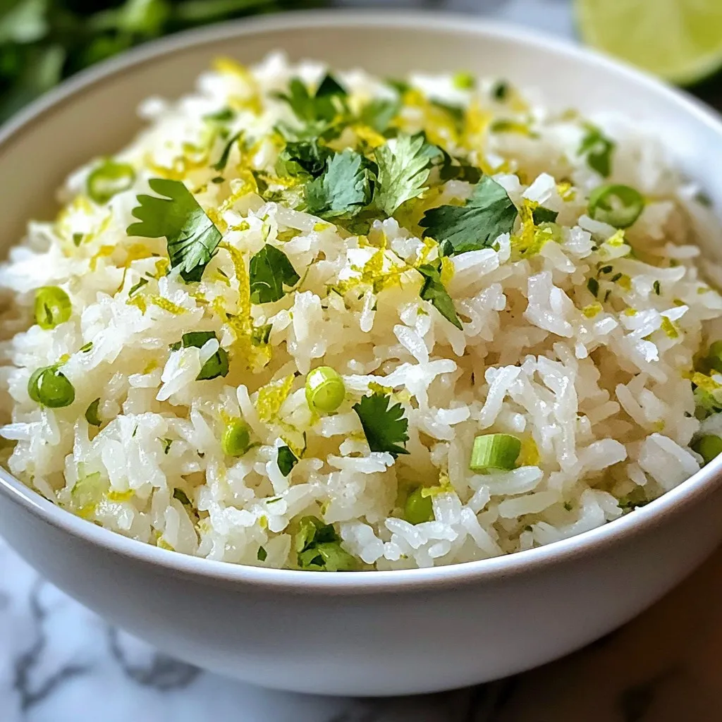 To make coconut lime rice, you need a few key ingredients: - 1 cup jasmine rice - 1 cup coconut milk - 1/2 cup water - Zest of 1 lime - Juice of 1 lime - 1/2 teaspoon salt These ingredients create a creamy, fragrant rice dish. The jasmine rice gives it a nice texture. Coconut milk adds richness, while lime brings a fresh, zesty flavor. You can enhance the dish with these optional ingredients: - 1 tablespoon sugar (adjust to taste) - Fresh cilantro, chopped, or green onions, sliced, for garnish Adding sugar can balance the lime's tartness. The cilantro or green onions make the dish look pretty and add a burst of flavor. If you don’t have jasmine rice, you can use basmati rice. It will still taste great. For dairy-free options, use coconut cream instead of coconut milk. If you want a spicier kick, add a pinch of chili flakes. Always feel free to adjust the ingredients to make it your own! {{ingredient_image_2}} First, rinse the jasmine rice under cold water. This step is key. Rinsing removes excess starch. This helps the rice stay fluffy and not sticky. Keep rinsing until the water runs clear. It usually takes a few minutes. In a medium saucepan, mix the rinsed rice with the coconut milk and water. Add the lime zest and juice. If you like, add sugar and salt too. Stir gently to combine everything well. This blend gives the rice its fresh taste. Place the saucepan over medium heat. Watch as the mixture comes to a gentle boil. This takes just a few minutes. Once it starts boiling, reduce the heat to low. Cover the saucepan tightly and let it simmer for 15 to 20 minutes. The rice will absorb all the liquid and get tender. After cooking, remove the saucepan from heat but keep it covered. Let it rest for 5 minutes. This resting time helps steam the rice. Finally, use a fork to fluff the rice gently. Taste it! Adjust the sweetness or salt to your liking. Serve the rice warm and garnish with fresh cilantro or green onions for added flavor. To get fluffy rice, start with rinsing the jasmine rice. Rinse it under cold water until the water runs clear. This step removes extra starch, which helps the rice cook evenly. After rinsing, mix the rice with coconut milk and water in a saucepan. Bring it to a gentle boil, then lower the heat and cover it tight. Let it simmer for 15 to 20 minutes. Once done, let it rest for 5 minutes before fluffing with a fork. This resting time is key to fluffy rice. You can play with flavors in coconut lime rice. Try adding a pinch of ginger or garlic for warmth. Fresh herbs like mint or basil can also add a nice twist. For a touch of heat, add chopped jalapeño or red pepper flakes. If you want a tropical vibe, mix in some pineapple chunks or mango pieces. Each variation brings a new taste to this delicious dish. Avoid using too much water, as it makes rice mushy. Stick to the recipe's liquid amounts for best results. Don’t skip rinsing the rice; this step is very important. Also, don’t rush the cooking process. Let the rice simmer slowly and rest afterward to reach its full potential. Lastly, adjust flavors only after cooking, so you can taste and see what it needs. Pro Tips Rinse Thoroughly: Make sure to rinse the jasmine rice until the water runs clear to achieve the perfect texture and avoid gumminess. Adjusting Sweetness: The sugar is optional, so taste and adjust to your preference. You can also substitute with honey or agave for a different flavor. Perfect Lime Flavor: Use fresh lime juice and zest for a brighter flavor. Avoid bottled lime juice, which can be less vibrant. Resting Time: Don’t skip the resting time after cooking; it helps the rice become fluffier and allows the flavors to meld. {{image_4}} You can easily make coconut lime rice vegan. Simply use coconut milk and water as is. This version keeps the creamy texture and bright taste. Many love it for its tropical flavor. If you want extra sweetness, add a bit of maple syrup. This gives a nice twist without dairy. You can also leave out the sugar for a more natural taste. Adding veggies is a great way to boost nutrition. Consider using peas, bell peppers, or carrots. Chop them finely and mix them in while cooking. This method allows the veggies to absorb the coconut flavor. They stay bright and crisp, adding color to your dish. You can also sauté the veggies first for a deeper taste. Enjoy a hearty meal that’s still light and refreshing. If you like heat, try adding some spice! You can mix in fresh chili peppers or red pepper flakes. This adds a kick that complements the coconut and lime. Adjust the spice level to fit your taste. Start with a small amount and add more as needed. You can also serve it with a spicy sauce on the side for extra flavor. This version excites your taste buds and pairs well with many main dishes. To keep your leftover coconut lime rice fresh, let it cool first. Transfer it to an airtight container. Store it in the fridge for up to four days. This method helps the rice stay moist and tasty. When you are ready to eat the rice, take it out of the fridge. Place the rice in a saucepan. Add a splash of water or coconut milk to help it steam. Heat it on low heat, stirring often. This will keep the rice from drying out. You can also use a microwave. Just cover it with a damp paper towel to keep moisture in. If you want to save coconut lime rice for later, freezing is a great option. Allow the rice to cool completely. Transfer it to a freezer-safe bag or container. Make sure to remove as much air as possible before sealing. You can freeze it for up to three months. When you’re ready to eat, thaw it in the fridge overnight. Reheat it as mentioned above for the best taste. I recommend using jasmine rice for Coconut Lime Rice. Jasmine rice is fragrant and fluffy. It absorbs the coconut milk well, giving a rich flavor. Other rice types may not have the same aroma or texture. Yes, you can prepare Coconut Lime Rice ahead of time. Cook it, then let it cool. Store it in an airtight container in the fridge. This way, you can enjoy it whenever you want. Just reheat it gently before serving. You can adjust the sweetness by adding or reducing sugar. If you like it sweeter, add more sugar. Start with a small amount and taste as you go. Lime juice also balances sweetness, so use it wisely. Coconut Lime Rice can be served cold, but it's best warm. Cold rice works well in salads or as a side dish. If you enjoy a chilled dish, try adding fresh veggies or a light dressing. Coconut lime rice is simple to make and full of flavor. You learned about key ingredients, cooking steps, and ways to avoid mistakes. The variations give you many options to try. Remember, you can store leftovers easily for later meals. Enjoy this dish as a side or main course. I hope you feel confident to make coconut lime rice at home. It's a tasty treat that everyone will love.