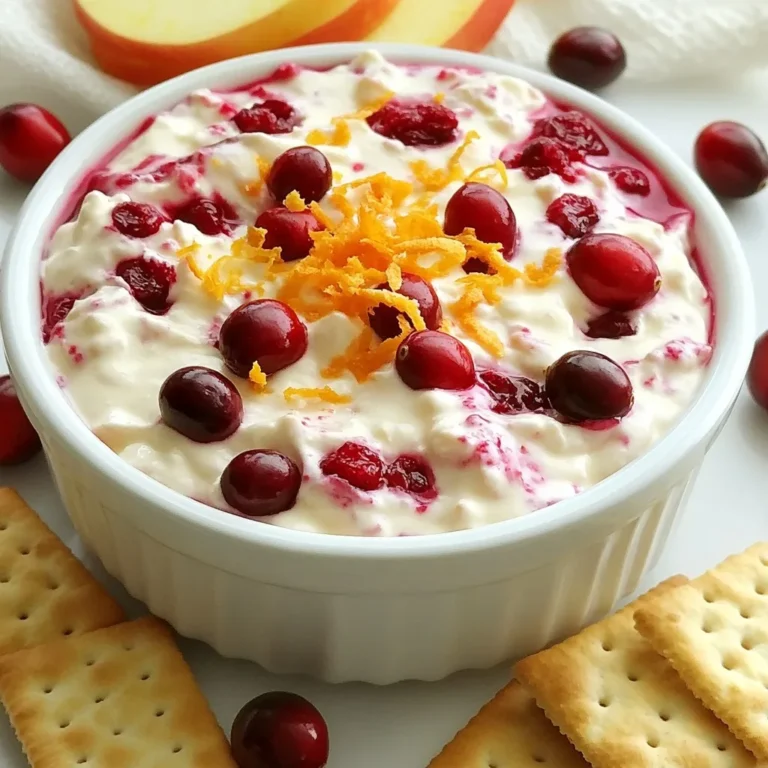 To make a tasty cranberry orange cheesecake dip, you will need: - 8 oz cream cheese, softened - 1/2 cup sour cream - 1/4 cup powdered sugar - 1 teaspoon pure vanilla extract - Zest of 1 large orange - 1/2 cup fresh or frozen cranberries, finely chopped - 1/4 cup fresh orange juice - 1/4 teaspoon ground cinnamon These ingredients create a rich, creamy base. The cream cheese and sour cream give a nice texture. The cranberries and orange juice bring a fresh, tangy flavor. You can adjust the sweetness of the dip. If you like it sweeter, add more powdered sugar. Mix it in well until you reach your desired taste. This way, you can make it just right for you and your guests. To enjoy the dip, you need dippers. Great choices include: - Graham crackers - Crisp apple slices - Salty pretzels These dippers add fun and flavor. You can mix and match them for variety. The sweet dip pairs well with all these options. {{ingredient_image_2}} Start by gathering your tools and ingredients. You will need a medium mixing bowl and an electric mixer. First, take 8 oz of softened cream cheese and place it in the bowl. Next, add 1/2 cup of sour cream, 1/4 cup of powdered sugar, and 1 teaspoon of pure vanilla extract. Mix these on medium speed for about 2-3 minutes. The goal is a smooth and creamy texture. Make sure there are no lumps left. This step forms the base of your dip. Now it’s time to add some zest! Grate the zest of one large orange. This adds a bright flavor. After that, squeeze 1/4 cup of fresh orange juice. Add both the zest and juice to the cream cheese mixture. Mix well again until everything is combined. You want to ensure the orange flavor spreads throughout the dip. Next, fold in 1/2 cup of finely chopped cranberries and 1/4 teaspoon of ground cinnamon. Use a spatula to gently mix these in. This adds a colorful and festive touch. Once everything is combined, transfer the dip to a nice serving bowl. Cover it with plastic wrap and chill it in the fridge for at least 30 minutes. This resting time helps the flavors blend and thickens the dip. Before serving, give it a gentle stir and taste it. If you want it sweeter, add more powdered sugar. Enjoy with your favorite dippers! To achieve a smooth texture in your dip, start with softened cream cheese. Cold cream cheese will not blend well. Use an electric mixer on medium speed. Mix for 2-3 minutes until it is creamy and lump-free. Make sure to scrape the bowl's sides during mixing. This helps combine all ingredients evenly. If you want it even smoother, blend a bit longer. For a flavor boost, add more orange zest or juice. The zest adds a bright kick. You can also mix in a pinch of nutmeg for warmth. Cinnamon already gives a cozy touch. If you like a sweeter dip, add a bit more powdered sugar. Taste as you go to find your perfect balance. When ready to serve, choose an elegant bowl. This makes the dip look fancy and inviting. Surround it with assorted dippers like graham crackers or crisp apple slices. Pretzels add a nice salty crunch. For extra flair, sprinkle some orange zest or whole cranberries on top. This adds color and texture. Enjoy this dip at parties or cozy gatherings with friends! Pro Tips Chill for Best Flavor: Allow the dip to chill for at least 30 minutes to enhance the flavors and achieve a thicker consistency. Adjust Sweetness: Taste the dip before serving and adjust the sweetness with additional powdered sugar if needed to suit your personal preference. Use Fresh Ingredients: Whenever possible, use fresh cranberries and freshly squeezed orange juice for the best flavor and texture. Variety of Dippers: Offer a variety of dippers such as graham crackers, apple slices, and pretzels to cater to different taste preferences and create a fun serving experience. {{image_4}} You can swap oranges for other citrus fruits. Try lemons for a zesty kick. You might also use limes for a bright twist. Grapefruit can add a unique, slightly bitter taste. Each fruit brings its own flavor. This lets you create a dip just for your taste. Experiment with what you like best! Want to make this dip a bit lighter? Use Greek yogurt instead of sour cream. This swap adds protein and cuts fat. You can also try using honey in place of powdered sugar. It adds sweetness and a nice flavor. If you prefer lower calories, consider using light cream cheese. These swaps keep the dip tasty and enjoyable. In fall, try adding in pumpkin spice for warmth. During winter, you can mix in crushed peppermint for a festive flavor. Spring brings fresh berries; try adding blueberries or strawberries. In summer, fresh peaches or mango can brighten the dip. Seasonal ingredients keep your flavors fresh and exciting all year round! After enjoying your dip, store any leftovers in an airtight container. Make sure to cover it well to keep it fresh. You can keep it in the fridge for up to three days. When you want to eat it again, just take it out and stir it a bit. You can freeze this dip for later use. First, put it in a freezer-safe container. Leave some room at the top because it will expand. It can last in the freezer for up to two months. When you want to use it, move it to the fridge overnight to thaw. This dip is best served cold. If you want to warm it a bit, use a microwave. Heat it in short bursts, about 10-15 seconds. Stir in between to avoid hot spots. After reheating, give it a good mix and taste. Adjust sweetness if needed, and then enjoy! Yes, you can use reduced-fat cream cheese. It will change the dip's texture a bit. The flavor stays nice, but the dip may be less creamy. If you want to cut calories, this is a good choice. Just make sure to blend it well for a smooth dip. You can use dried cranberries, chopped cherries, or blueberries instead. These fruits add a sweet touch. If you want a tart flavor, try pomegranate seeds. Just make sure to chop them smaller if needed. This way, they mix well into the dip. The dip lasts about 3 to 5 days in the fridge. Keep it in an airtight container. This helps keep it fresh and tasty. Before serving, give it a quick stir. Always check for any changes in smell or texture before eating. Making Cranberry Orange Cheesecake Dip is easy and fun. You learned about key ingredients, how to prepare the dip, and ways to enhance flavor. Tips and tricks helped you create a smooth texture and delicious dippers. You also saw how to store leftovers and explore variations with different fruits. In the end, this dip is a treat for any gathering. Enjoy making it for friends and family to share!