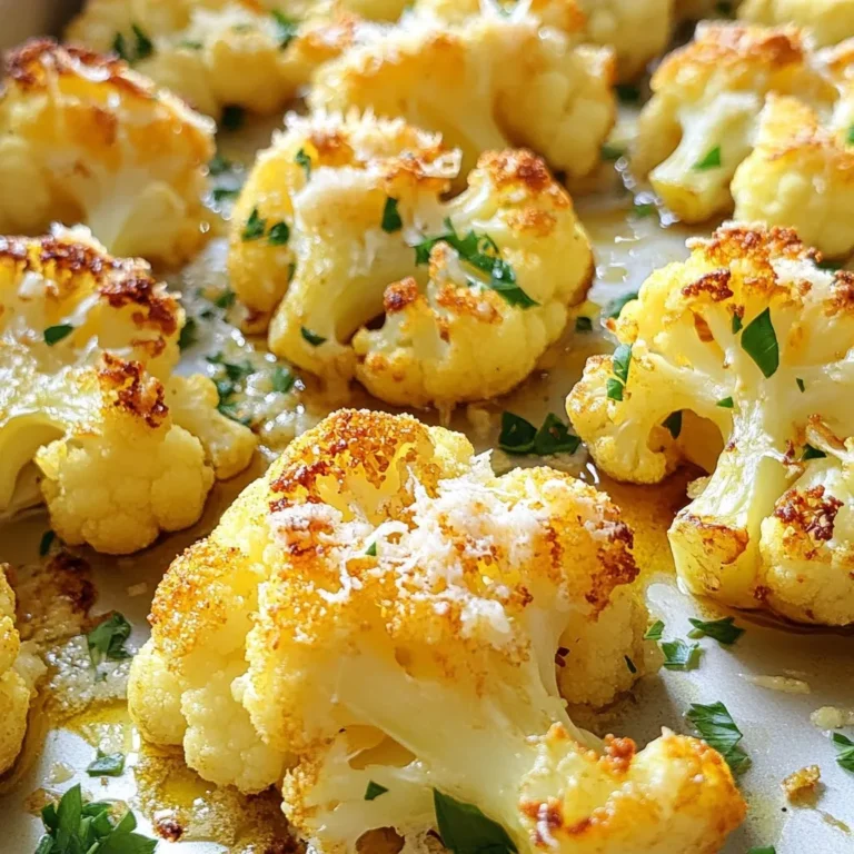 - Large head of cauliflower - Garlic cloves - Extra virgin olive oil - Onion powder - Smoked paprika - Salt and freshly ground black pepper - Freshly grated Parmesan cheese - Fresh parsley for garnish The main ingredients start with a large head of cauliflower. Choose one that feels heavy and firm. Next, you need garlic cloves. The more you use, the stronger the flavor. Extra virgin olive oil adds richness and helps everything stick. For seasoning, use onion powder and smoked paprika. They bring depth to the dish. Always add salt and freshly ground black pepper to taste. These simple spices make a big difference. Finally, the toppings. Freshly grated Parmesan cheese gives a savory kick. Don't forget about fresh parsley for garnish. It adds a pop of color and freshness. This dish is all about simple, bold flavors that come together beautifully. {{ingredient_image_2}} - Preheat your oven to 425°F (220°C). - Line a large baking sheet with parchment paper. This helps with easy cleanup. - In a bowl, combine 4 minced garlic cloves, 1/4 cup olive oil, 1 teaspoon onion powder, and 1 teaspoon smoked paprika. - Add salt and pepper to taste. Mix well to blend the flavors. - Take 1 large head of cauliflower cut into bite-sized florets. - Add the florets to the bowl with the marinade. Toss them gently until they are well coated. - Spread the marinated cauliflower on the baking sheet in a single layer. - Roast in the oven for about 25 minutes. Stir halfway through for even cooking. - Once the cauliflower is golden and tender, take it out of the oven. - Evenly sprinkle 1/2 cup of freshly grated Parmesan cheese on top. - Return the baking sheet to the oven for 5 more minutes, letting the cheese melt. - After baking, remove the tray and add fresh parsley for a pop of color. Even roasting is key to a great dish. Spread your cauliflower florets in a single layer on the baking sheet. This helps them cook evenly. Stir the florets halfway through for even browning. To achieve maximum flavor, coat all florets well with the marinade. Use your hands for better coverage. The garlic and spices really infuse into the cauliflower this way. Serve the roasted garlic Parmesan cauliflower on a large, colorful platter. Drizzle a bit of olive oil over the top for shine. This adds a nice touch and enhances flavor. Garnish with fresh parsley for visual appeal. The green color brightens the dish and adds freshness. You can also sprinkle extra Parmesan for a cheesy finish. To prevent sogginess, make sure your cauliflower is dry before marinating. If you wash it, let it air dry or pat it with a towel. For cheese melting tips, add Parmesan right before the final cooking time. This way, it melts perfectly and gets bubbly without burning. Pro Tips Use Fresh Garlic: Fresh garlic will provide a more vibrant and robust flavor compared to pre-minced or jarred garlic. Adjust Seasoning: Don’t be afraid to taste the marinade before adding the cauliflower. Adjust the salt and spices to suit your personal preference. Choose the Right Cauliflower: Select a cauliflower head that is firm and tightly packed with florets for the best texture when roasted. Experiment with Cheese: While Parmesan adds great flavor, feel free to mix in other cheeses like cheddar or feta for a unique twist on the dish. {{image_4}} You can add different spices to change the taste. Try cayenne pepper for heat. Use Italian herbs for a fresh twist. You can also mix in some cumin for a warm flavor. Adding nuts or seeds can give a nice crunch. Pine nuts or sunflower seeds work well. They add texture and healthy fats. If you want a vegan option, swap Parmesan for nutritional yeast. It gives a cheesy flavor without dairy. For gluten-free adjustments, check your spices. They should be certified gluten-free. This way, you can enjoy the dish without worry. Roast garlic Parmesan cauliflower pairs well with many dishes. Try it alongside grilled chicken or fish. It also works great with a fresh salad. For a creative serving idea, use it as a topping for baked potatoes. You can also serve it in tacos for a fun twist. To store your roasted garlic Parmesan cauliflower, let it cool first. Place it in an airtight container. This keeps it fresh in the fridge. You can keep it for about 3 to 4 days. For best quality, avoid stacking too high, as this can cause sogginess. If you want to freeze it, use a freezer-safe container. Seal it tightly to prevent freezer burn. It will last for about 2 to 3 months in the freezer. When you’re ready to eat it, thaw in the fridge overnight before reheating. The best way to reheat roasted cauliflower is in the oven. Preheat it to 350°F (175°C). Spread the cauliflower on a baking sheet. Heat for about 10 to 15 minutes until warmed. This method helps keep the texture crispy. You can also use the microwave. Heat in short bursts of 30 seconds. Check and stir between bursts. However, the oven is better for keeping that great crunch. Roasted garlic Parmesan cauliflower can last for about 3 to 4 days in the fridge. If it looks dry or has an off smell, it's best to toss it. Signs of spoilage include discoloration or a mushy texture. Always check carefully before eating leftovers. To make roasted garlic Parmesan cauliflower, follow these steps: 1. Preheat the oven to 425°F (220°C). 2. Line a baking sheet with parchment paper. 3. In a bowl, mix minced garlic, olive oil, onion powder, smoked paprika, salt, and pepper. 4. Add cauliflower florets to the bowl and toss well to coat. 5. Spread the coated florets in a single layer on the baking sheet. 6. Roast for about 25 minutes, stirring halfway through. 7. Remove from the oven and sprinkle Parmesan cheese on top. 8. Return to the oven for 5 more minutes until the cheese melts. 9. Garnish with fresh parsley and serve. Yes, you can use frozen cauliflower. Frozen cauliflower is convenient and saves time. Just thaw it first, then pat it dry. This helps avoid sogginess. Fresh cauliflower gives a better texture but frozen works well. Roasted garlic Parmesan cauliflower pairs great with many dishes. Here are some ideas: - Grilled chicken or fish - Quinoa or rice dishes - A fresh green salad - Pasta for a hearty meal - As a topping for baked potatoes These pairings add variety and balance to your meal. Enjoy! Roasted garlic Parmesan cauliflower is an easy and tasty dish. We explored the main ingredients—cauliflower, garlic, and cheese—along with seasoning and cooking tips. You learned how to prepare, roast, and garnish your meal for great flavor and visual appeal. Don't forget to try variations for different tastes and dietary needs. Proper storage and reheating keep your dish fresh. With these steps, you can enjoy delicious cauliflower anytime. Now it's time to cook and savor each bite!