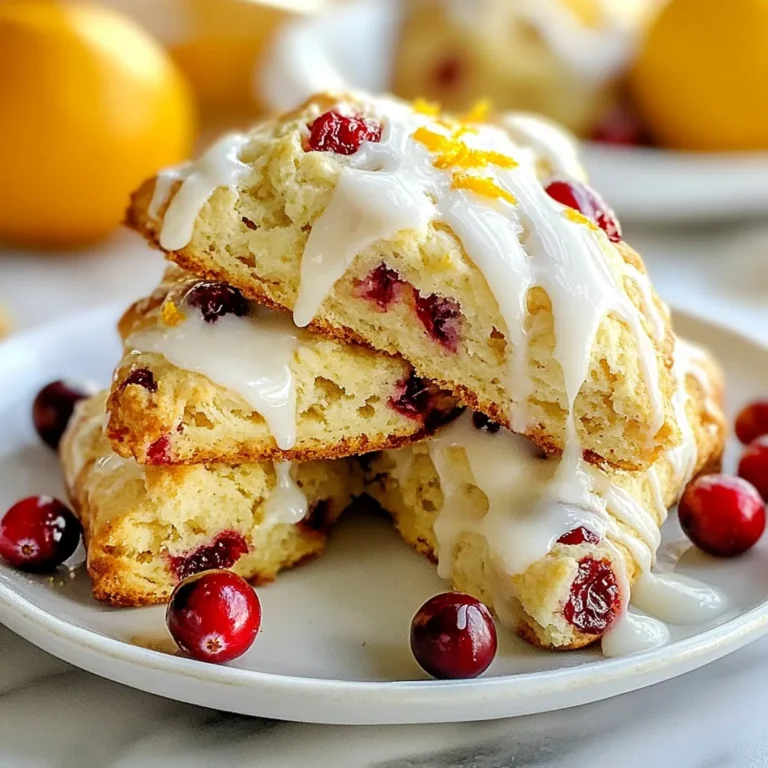 - 2 cups all-purpose flour - 1/4 cup granulated sugar - 1 tablespoon baking powder - 1/2 teaspoon salt - 1/3 cup cold unsalted butter, cut into small cubes - 1/2 cup dried cranberries - Zest of 1 large orange (about 1 tablespoon) - 1/2 cup heavy cream - 1 large egg, at room temperature - 1 teaspoon vanilla extract - 1 cup powdered sugar - 2 tablespoons fresh orange juice - 1 tablespoon milk - Mixing bowls - Pastry cutter or fingertips - Baking sheet - Parchment paper - Knife or pizza cutter This list has everything you need to make delicious cranberry orange scones. Each ingredient plays a role in creating the perfect balance of sweet and tart flavors. The all-purpose flour gives structure, while the butter adds a rich, flaky texture. Dried cranberries provide bursts of tartness, and orange zest brightens every bite. For the glaze, powdered sugar, fresh orange juice, and milk create a sweet finish. The right kitchen tools will make your baking easier and more fun. Gather everything, and you are ready to start baking these delightful scones! {{ingredient_image_2}} First, preheat your oven to 400°F (200°C). This ensures even baking. While the oven heats up, grab a baking sheet. Line it with parchment paper. This will help the scones come off easily later. In a large mixing bowl, combine 2 cups of all-purpose flour, 1/4 cup of granulated sugar, 1 tablespoon of baking powder, and 1/2 teaspoon of salt. Whisk these together well. You want them evenly mixed for the best flavor. Now take 1/3 cup of cold, unsalted butter. Cut it into small cubes. Add the butter to the flour mix. Use a pastry cutter or your fingers to blend. Aim for coarse crumbs. Some larger pieces will help with flakiness. Next, add in 1/2 cup of dried cranberries and the zest of 1 large orange. Gently stir to mix these in. In a separate bowl, whisk together 1/2 cup of heavy cream, 1 large egg, and 1 teaspoon of vanilla extract. Mix until it's smooth and creamy. This blend adds moisture and flavor to the scones. Pour the wet mix into the dry ingredients. Use a spatula to fold them together gently. Stop when a shaggy dough forms. It's okay if it looks a bit crumbly. Turn the dough onto a lightly floured surface. Knead it a few times until it holds together. Pat it into a disc that's about 1 inch thick. Now, grab a sharp knife or a pizza cutter. Slice the dough into 8 equal wedges. Place them on the lined baking sheet, leaving 2 inches between each scone. Bake the scones for 15-18 minutes. They should turn golden brown on top and lightly brown on the bottom. While they bake, get ready for the glaze. In a small bowl, mix 1 cup of powdered sugar with 2 tablespoons of fresh orange juice and 1 tablespoon of milk. Stir until smooth. After baking, let the scones cool on the sheet for 5 minutes. Then, move them to a wire rack. Allow them to cool slightly before drizzling the glaze over the tops. Enjoy your delicious cranberry orange scones! To prevent overmixing, mix the wet and dry ingredients gently. When you combine them, use a spatula and fold carefully. It’s okay if the dough is a little crumbly. Overmixing makes the scones tough, not tender. For flaky scones, make sure your butter is cold. Cut it into small cubes and blend it into the flour until it looks like coarse crumbs. Leave some larger pieces for extra flakiness. This method helps create those lovely layers in each scone. When applying the glaze, use a spoon to drizzle it on top. Be sure to let the scones cool first. This helps the glaze stay nice and shiny. For a pretty finish, you can let the glaze drip down the sides. To achieve the right consistency for the glaze, mix the powdered sugar with fresh orange juice and milk. Aim for a smooth texture that flows easily but is thick enough to stay on top. If it’s too runny, add more sugar. If it’s too thick, add a bit more juice. Pair these scones with a hot cup of tea or coffee. The bright orange and cranberry flavors work well with a nice herbal tea, too. For garnishing, add a sprinkle of extra orange zest on top. You can also place a few whole cranberries around the scones for a festive touch. This makes your serving plate look colorful and inviting. Pro Tips Use Cold Ingredients: For the flakiest scones, ensure your butter and cream are cold. This helps create steam during baking, resulting in a tender texture. Don't Overmix: When combining wet and dry ingredients, mix just until the dough comes together. Overmixing can lead to tough scones. Experiment with Add-ins: Feel free to substitute dried cranberries with other fruits like blueberries or cherries for a different flavor twist. Glaze While Warm: Drizzle the glaze on the scones while they are still warm for better adhesion and a beautiful finish. {{image_4}} You can make your scones even more fun! Adding nuts like walnuts or pecans gives a nice crunch. Also, try chocolate chips for a sweet twist. They melt and add rich flavor. If you want to switch it up, use fresh cranberries instead of dried. Fresh ones give a tart kick and juicy texture. Just chop them if they are large to mix well into the dough. While the orange glaze is tasty, you can explore other options. For a chocolate glaze, melt chocolate chips with a splash of cream. It adds a rich finish. You can also try a lemon glaze for a zesty alternative. Just mix powdered sugar with lemon juice instead of orange. Adjust sweetness by adding more sugar or juice. This way, you can find the perfect flavor that suits your taste! If you need gluten-free scones, swap all-purpose flour for a gluten-free blend. Look for one that works for baking. For dairy-free scones, use coconut cream in place of heavy cream. You can also replace butter with coconut oil or a dairy-free butter substitute. These changes keep the taste delicious while meeting dietary needs. Enjoy scones that fit your lifestyle! To keep your scones fresh, always use an airtight container. This helps prevent them from drying out. If you don't have one, you can cover the scones with foil. But, this method may not keep them as fresh. Make sure the scones cool completely before storing them. This step helps reduce moisture, keeping them light and fluffy. You can freeze scones before baking for later use. To do this, shape the dough into wedges and place them on a baking sheet. Freeze them for about an hour until they are firm. Then, transfer the frozen scones to an airtight container or freezer bag. When you want to bake them, no need to thaw. Just bake them straight from the freezer, adding a few extra minutes to the baking time. At room temperature, scones last about 2-3 days. Store them in an airtight container for best results. If you notice any signs of spoilage, like mold or off-smells, discard them. Fresh scones should have a light, sweet aroma and a soft texture. Enjoy your cranberry orange scones for as long as they stay fresh! You can make these scones healthier by reducing the sugar and fat. Here are a few tips: - Sugar: Cut the granulated sugar to 2 tablespoons instead of 1/4 cup. You can use honey or maple syrup for a natural sweetener. - Butter: Replace half the butter with unsweetened applesauce or Greek yogurt to cut down on fat. - Flour: Use whole wheat flour instead of all-purpose flour for added fiber and nutrients. By making these small changes, you keep the flavor while boosting the nutrition. Yes, you can prepare these scones ahead of time. Here’s how: - Dough Prep: Make the dough and shape it into a disc. Wrap it tightly in plastic wrap. - Chill: Store the wrapped dough in the fridge for up to 24 hours. - Bake Later: When ready to bake, slice the dough and bake straight from the fridge. This method saves time on busy mornings or special occasions. If your dough is too sticky, don’t worry! Here are a few easy fixes: - Flour: Lightly dust your hands and the work surface with flour. This helps manage stickiness. - Chill: If the dough feels too warm, place it in the fridge for 10-15 minutes. Chilling makes it easier to handle. - Blend: When mixing, don’t overwork the dough. Gently fold until combined to avoid extra stickiness. These tricks help create a nice dough without frustration. Absolutely! You can use different fruits for varied flavors. Here are some great options: - Blueberries: They add sweetness and are great in scones. - Raspberries: These bring a tart twist and pair well with orange. - Dried cherries: They provide a deep, rich flavor. - Apples: Use diced apples for a fresh crunch. Feel free to mix and match your favorite fruits to create unique scones! In this post, I shared how to make flavorful scones using simple ingredients. You learned the key steps from mixing to baking, plus tips for a perfect finish. Remember to choose fresh ingredients and follow the steps closely for the best results. You can also experiment with flavors or dietary needs as desired. Enjoy your baking and the delicious scones that follow! Your kitchen will smell great, and everyone will love your treats.
