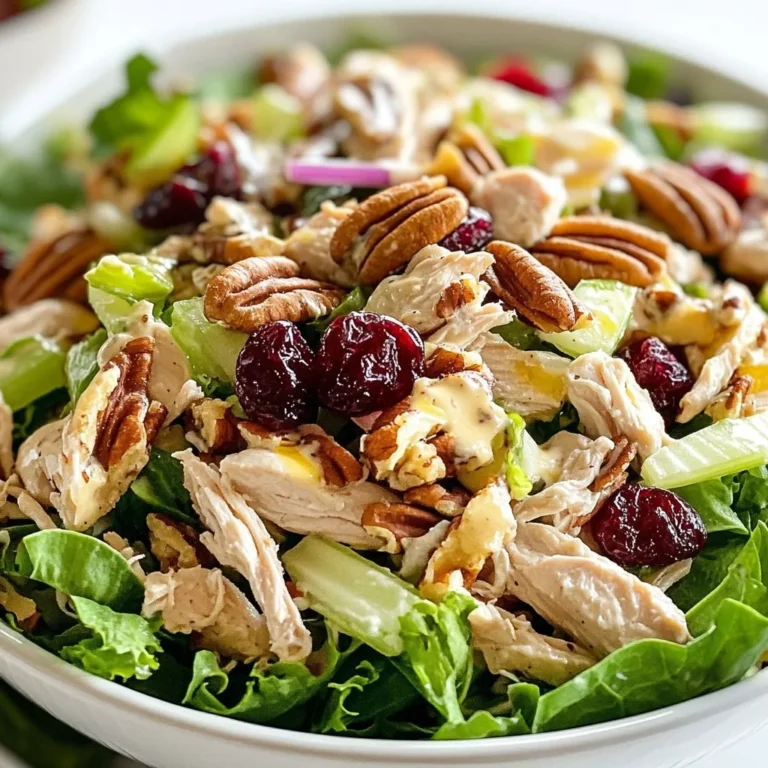 - 2 cups cooked chicken breast, shredded - 1/2 cup dried cranberries - 1/2 cup pecans, roughly chopped - 1/2 cup celery, diced - 1/4 cup red onion, finely chopped - 1/2 cup plain Greek yogurt - 1 tablespoon Dijon mustard - 1 tablespoon honey - Salt and pepper, to taste - Mixed greens, for serving This chicken salad is a mix of great flavors. You need cooked chicken, shredded into pieces. The dried cranberries add sweetness and chew. Pecans give a nice crunch. Diced celery adds freshness, while red onion gives a bit of bite. For the dressing, I use plain Greek yogurt. It is creamy and healthy. Dijon mustard adds a tangy kick, and honey brings a hint of sweetness. Salt and pepper help to balance all the flavors. Don’t forget the mixed greens! They make a lovely bed for the salad. Each ingredient plays a role in making this dish delightful. You can adjust the quantities based on your taste. Enjoy the process of mixing and creating your own twist! {{ingredient_image_2}} 1. Mixing dry ingredients: Start with a large mixing bowl. Add 2 cups of cooked, shredded chicken. Then, toss in 1/2 cup of dried cranberries, 1/2 cup of roughly chopped pecans, 1/2 cup of diced celery, and 1/4 cup of finely chopped red onion. Mix these ingredients gently but well to ensure even distribution. 2. Whisking dressing ingredients: In a separate small bowl, combine 1/2 cup of plain Greek yogurt, 1 tablespoon of Dijon mustard, and 1 tablespoon of honey. Add salt and pepper to taste. Whisk until you have a smooth and creamy dressing. 3. Combining and tossing salad: Drizzle the dressing over the chicken mixture. Use a spoon or spatula to gently toss everything together. Make sure each piece is well coated. Taste and adjust the seasoning if needed by adding more salt or pepper. - Importance of refrigeration: Chilling is key for great flavor. It helps all the ingredients meld together, creating a delicious taste. - Duration for optimal flavor melding: Cover the bowl with plastic wrap or a lid and refrigerate the salad for at least 30 minutes. This will enhance the flavors. - How to plate effectively: Take a plate and layer a generous handful of mixed greens as the base. Then, scoop a heaping portion of the cranberry pecan chicken salad on top. This makes for a colorful and inviting presentation. - Ideal accompaniments: Serve alongside crusty bread or crackers for a delightful crunch. You can also add a side of fruit for a refreshing twist. Ingredient size matters when making this salad. Chop the celery and onion small. This helps mix well with the chicken and nuts. If pieces are too big, they can make the salad hard to eat. For the best mixing, combine ingredients gently. Use a spatula to fold them together. This avoids squishing the chicken and keeps it fluffy. You can easily tweak the sweetness and saltiness. If you like it sweeter, add more honey. For saltiness, sprinkle in more salt or use a pinch of garlic powder. You can also try spices like paprika or cayenne for a kick. These small changes can make a big difference in taste. After chilling, serve the salad within two hours for the best flavor. This timing keeps it fresh and tasty. When plating, use a handful of mixed greens as the base. This not only adds color but also a nice crunch. You can garnish with extra cranberries or pecans for a beautiful touch. Pro Tips Use Rotisserie Chicken: For a quicker alternative, use store-bought rotisserie chicken. It saves time and adds a delicious flavor to your salad. Chill for Best Flavor: Allow the chicken salad to chill for at least an hour before serving. This resting period helps the flavors to meld beautifully. Customize Your Nuts: Feel free to substitute pecans with walnuts or almonds for a different texture and taste. Fresh Herbs Boost Flavor: Adding fresh herbs like parsley or dill can elevate the flavor profile of your chicken salad. {{image_4}} You can switch chicken for turkey or tofu. Turkey gives a similar taste and texture. Tofu is a great option for a vegetarian dish. Just make sure to press the tofu to remove extra water. You can also add shrimp for a seafood twist. Shrimp pairs well with cranberries and adds a nice touch. If you want to change the nuts, try walnuts or almonds. Walnuts offer a richer flavor, while almonds give a crunchier bite. Each nut brings a unique taste to the salad. Think about how the nut choice will balance with the sweetness of the cranberries. You can use different dressings, like a vinaigrette, for a lighter option. A balsamic vinaigrette adds a nice tang. If you want a vegan choice, swap Greek yogurt for a plant-based yogurt. This keeps the salad creamy without dairy. To keep your cranberry pecan chicken salad fresh, use airtight containers. Glass containers work great. They do not stain and keep odors away. If using plastic, make sure it seals tightly. To prevent the salad from browning, add a little extra lemon juice. This works well with the chicken and keeps it looking fresh. You can also layer plastic wrap directly on the salad before sealing the container. This helps keep air out and preserves color. In the fridge, your cranberry pecan chicken salad stays fresh for about 3 to 4 days. Store it at a consistent, cool temperature to maintain its flavor and texture. If you want to freeze it, you can do so. However, the texture may change after thawing. The salad might become watery, and the nuts may lose their crunch. To freeze, place it in a freezer-safe container. Just remember to eat it within a month for the best taste. Yes, you can make this salad ahead of time. It tastes best if you chill it for at least 30 minutes. For the best flavor, prepare it up to one day in advance. This way, the flavors blend well together. Just remember to keep it covered in the fridge until you serve it. This salad pairs well with many sides. Try serving it with toasted bread or crackers. A fresh fruit salad complements it nicely too. You can also add a light soup, like tomato or butternut squash. These options balance the richness of the salad. To keep your salad crunchy, add the dressing just before serving. Store the mixed greens and salad separately. Keep veggies like celery and onion crisp by cutting them fresh. If you have leftovers, don’t mix them. This method helps maintain a great texture. Cranberry Pecan Chicken Salad is a simple, tasty dish that shines in any meal. You mix tender chicken with crunchy nuts and sweet cranberries for great flavor. Remember to chill it to let flavors blend well. Adjust spices to suit your taste. This salad can fit many diets with easy swaps. Store it right to keep it fresh longer. Overall, it’s a crowd-pleaser and easy to make. Enjoy serving it alongside your favorite sides!