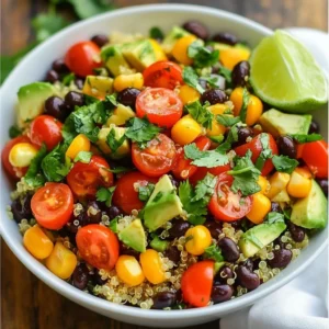 To make your Zesty Quinoa Black Bean Salad, gather the following ingredients: - 1 cup quinoa, thoroughly rinsed - 2 cups vegetable broth (or water) - 1 can (15 oz) black beans, drained and rinsed - 1 cup cherry tomatoes, halved - 1 red bell pepper, diced into bite-sized pieces - 1 small red onion, finely chopped - 1 ripe avocado, diced - 1/4 cup fresh cilantro, finely chopped - Juice from 1 lime - 3 tablespoons extra virgin olive oil - 1 teaspoon ground cumin - 1 teaspoon smoked paprika - Salt and freshly ground black pepper, to taste Having fresh ingredients is key to making this salad shine. Quinoa is the base of this dish. It adds a nutty flavor and lots of protein. Black beans bring in fiber and texture. The cherry tomatoes and red bell pepper add bright colors and sweetness. Red onion gives a nice crunch and a bit of bite. Avocado adds creaminess. Fresh cilantro adds a pop of flavor that makes the salad sing. Lime juice and extra virgin olive oil create a zesty dressing. Ground cumin and smoked paprika bring warmth to the dish. Lastly, salt and pepper enhance all the flavors. Once you have everything, you’re ready to make a fresh and flavorful salad! {{ingredient_image_2}} To cook quinoa, start by rinsing it well. Place the quinoa in a fine mesh strainer. Rinse it under cold water for about 2 minutes. This helps remove a bitter coating called saponin. After rinsing, drain it well. Next, add the rinsed quinoa to a medium saucepan. Pour in 2 cups of vegetable broth or water. Bring the mix to a boil over medium-high heat. Once it boils, reduce the heat to low and cover the pan. Let it simmer for about 15 minutes. You want the quinoa to absorb all the liquid. When it’s done, remove it from heat and let it cool. For fluffiness, fluff the quinoa with a fork before using it in the salad. Now, let’s prepare the salad. In a large mixing bowl, combine 1 can of black beans, drained and rinsed. Add 1 cup of halved cherry tomatoes, diced red bell pepper, and finely chopped red onion. Don’t forget the diced avocado! Gently mix these ingredients together to combine their fresh flavors. Once your quinoa has cooled to room temperature, add it to the vegetable mix. This adds a great texture and nutty taste to the salad. For the dressing, gather your ingredients. You will need juice from 1 lime, 3 tablespoons of extra virgin olive oil, 1 teaspoon of ground cumin, and 1 teaspoon of smoked paprika. Add a pinch of salt and pepper for flavor. In a small bowl, whisk these together. Use a whisk or fork to blend them well until the dressing is smooth. This will give the dressing a bright and zesty flavor. Now it’s time for the final assembly! Drizzle the dressing over the quinoa salad. Toss the salad gently but thoroughly. Make sure every ingredient gets coated with that yummy dressing. Just before serving, fold in about 1/4 cup of finely chopped cilantro. This adds freshness and a pop of color to your dish. Enjoy your zesty quinoa black bean salad! To boost the flavor of your Zesty Quinoa Black Bean Salad, try adding spices. A pinch of chili powder can add a kick. You can also sprinkle in some garlic powder for extra zest. If you enjoy heat, add diced jalapeños for a spicy twist. You can also play with vegetables. Add corn for sweetness or diced cucumbers for crunch. Shredded carrots can add color and nutrition, too. Try adding radishes for a peppery bite. These changes keep the salad fresh and exciting. Serve your salad in a large, colorful bowl for a vibrant look. Individual portions in small bowls can impress guests. For a fun twist, layer the salad in a mason jar. This makes a great grab-and-go meal. Garnish your salad to make it pop. Add lime wedges around the bowl to enhance the visual appeal. A sprinkle of extra cilantro on top adds freshness. You can also use sliced avocados as a beautiful garnish. These tips will make your dish look as good as it tastes! Pro Tips Rinse Your Quinoa: Always rinse quinoa thoroughly before cooking to remove its natural coating, called saponin, which can give it a bitter taste. Cool Before Mixing: Allow the quinoa to cool to room temperature before adding it to the salad to prevent wilting the fresh ingredients. Fresh Herbs at the End: Add fresh herbs like cilantro just before serving to maintain their vibrant flavor and color. Customize Your Veggies: Feel free to swap in seasonal vegetables or whatever you have on hand; this salad is versatile and can be tailored to your taste. {{image_4}} You can make this salad heartier by adding protein. Grilled chicken works great. It adds a nice smoky flavor. If you want a plant-based option, try tofu. Just grill or sauté it until golden. You can also incorporate feta or cheese for creamy richness. Crumbled feta adds a tangy bite. Shredded cheese melts nicely and makes the salad more filling. If you want to change the taste, try different dressings. A balsamic vinaigrette can add a sweet twist. You can also use a spicy dressing for more heat. Switching beans or grains can change this salad’s vibe. Chickpeas or kidney beans work well. For grains, try farro or barley instead of quinoa. Each swap brings a new flavor and texture. To store leftovers of your zesty quinoa black bean salad, place it in an airtight container. Make sure the salad has cooled before sealing. This helps keep it fresh. The salad stays good in the fridge for about 3 to 5 days. If you notice any signs of spoilage, like a strange smell or color change, throw it away. You can freeze this salad, but there are some things to keep in mind. Freezing can change the texture of some ingredients like avocado and tomatoes. I recommend not freezing the whole salad. Instead, separate the cooked quinoa and beans from the fresh veggies. To freeze the quinoa and beans: - Place them in a freezer-safe bag or container. - Make sure to remove as much air as possible. For avocado, try to freeze it in small pieces. This helps it stay safe for later use. When you are ready to eat, thaw the salad in the fridge overnight. Then, add the fresh ingredients before serving for the best taste and texture. If you want to change the grain, you have options. You can use brown rice, farro, or even couscous. Each will give you a different taste and texture. Brown rice adds a nutty flavor. Farro is chewy and hearty. Couscous is light and fluffy. Just remember to adjust cooking times as needed. Yes, this salad is vegan! All the ingredients are plant-based. The quinoa, black beans, and veggies are all vegan-friendly. The dressing uses olive oil and lime juice, which are also vegan. So you can enjoy this dish without worry. You can prepare this salad ahead of time! It stores well in the fridge. Just wait to add the avocado and cilantro until right before serving. This keeps them fresh and bright. For best flavor, make it a few hours before you eat. Just cover it tightly to keep it fresh. This blog post covered making a delicious quinoa salad. You learned the right ingredients, how to cook quinoa, and mixing it with fresh vegetables. The tips and tricks offered extra ways to enhance flavor and presentation. Variations let you customize it with proteins and dressings. Finally, storage advice ensures your leftovers stay fresh. Enjoy creating your own unique version of this tasty salad!