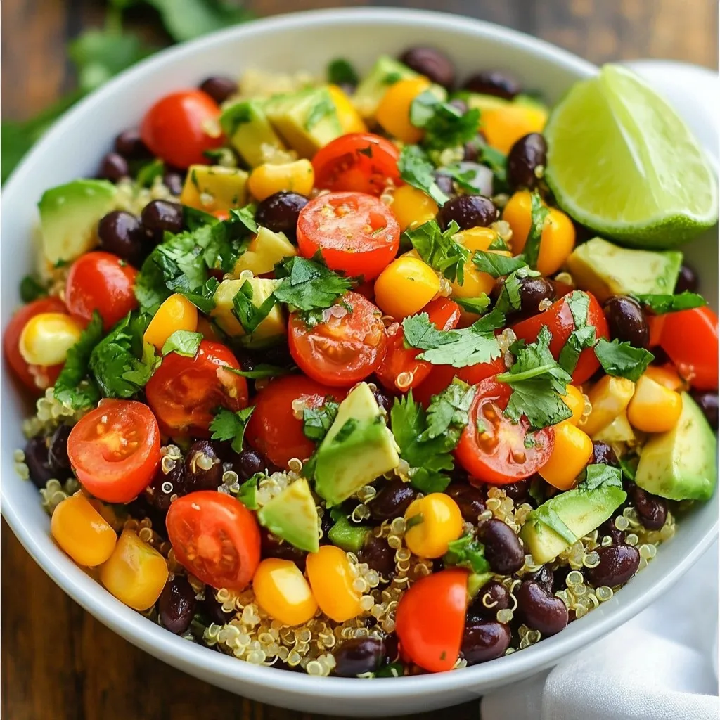 To make your Zesty Quinoa Black Bean Salad, gather the following ingredients: - 1 cup quinoa, thoroughly rinsed - 2 cups vegetable broth (or water) - 1 can (15 oz) black beans, drained and rinsed - 1 cup cherry tomatoes, halved - 1 red bell pepper, diced into bite-sized pieces - 1 small red onion, finely chopped - 1 ripe avocado, diced - 1/4 cup fresh cilantro, finely chopped - Juice from 1 lime - 3 tablespoons extra virgin olive oil - 1 teaspoon ground cumin - 1 teaspoon smoked paprika - Salt and freshly ground black pepper, to taste Having fresh ingredients is key to making this salad shine. Quinoa is the base of this dish. It adds a nutty flavor and lots of protein. Black beans bring in fiber and texture. The cherry tomatoes and red bell pepper add bright colors and sweetness. Red onion gives a nice crunch and a bit of bite. Avocado adds creaminess. Fresh cilantro adds a pop of flavor that makes the salad sing. Lime juice and extra virgin olive oil create a zesty dressing. Ground cumin and smoked paprika bring warmth to the dish. Lastly, salt and pepper enhance all the flavors. Once you have everything, you’re ready to make a fresh and flavorful salad! {{ingredient_image_2}} To cook quinoa, start by rinsing it well. Place the quinoa in a fine mesh strainer. Rinse it under cold water for about 2 minutes. This helps remove a bitter coating called saponin. After rinsing, drain it well. Next, add the rinsed quinoa to a medium saucepan. Pour in 2 cups of vegetable broth or water. Bring the mix to a boil over medium-high heat. Once it boils, reduce the heat to low and cover the pan. Let it simmer for about 15 minutes. You want the quinoa to absorb all the liquid. When it’s done, remove it from heat and let it cool. For fluffiness, fluff the quinoa with a fork before using it in the salad. Now, let’s prepare the salad. In a large mixing bowl, combine 1 can of black beans, drained and rinsed. Add 1 cup of halved cherry tomatoes, diced red bell pepper, and finely chopped red onion. Don’t forget the diced avocado! Gently mix these ingredients together to combine their fresh flavors. Once your quinoa has cooled to room temperature, add it to the vegetable mix. This adds a great texture and nutty taste to the salad. For the dressing, gather your ingredients. You will need juice from 1 lime, 3 tablespoons of extra virgin olive oil, 1 teaspoon of ground cumin, and 1 teaspoon of smoked paprika. Add a pinch of salt and pepper for flavor. In a small bowl, whisk these together. Use a whisk or fork to blend them well until the dressing is smooth. This will give the dressing a bright and zesty flavor. Now it’s time for the final assembly! Drizzle the dressing over the quinoa salad. Toss the salad gently but thoroughly. Make sure every ingredient gets coated with that yummy dressing. Just before serving, fold in about 1/4 cup of finely chopped cilantro. This adds freshness and a pop of color to your dish. Enjoy your zesty quinoa black bean salad! To boost the flavor of your Zesty Quinoa Black Bean Salad, try adding spices. A pinch of chili powder can add a kick. You can also sprinkle in some garlic powder for extra zest. If you enjoy heat, add diced jalapeños for a spicy twist. You can also play with vegetables. Add corn for sweetness or diced cucumbers for crunch. Shredded carrots can add color and nutrition, too. Try adding radishes for a peppery bite. These changes keep the salad fresh and exciting. Serve your salad in a large, colorful bowl for a vibrant look. Individual portions in small bowls can impress guests. For a fun twist, layer the salad in a mason jar. This makes a great grab-and-go meal. Garnish your salad to make it pop. Add lime wedges around the bowl to enhance the visual appeal. A sprinkle of extra cilantro on top adds freshness. You can also use sliced avocados as a beautiful garnish. These tips will make your dish look as good as it tastes! Pro Tips Rinse Your Quinoa: Always rinse quinoa thoroughly before cooking to remove its natural coating, called saponin, which can give it a bitter taste. Cool Before Mixing: Allow the quinoa to cool to room temperature before adding it to the salad to prevent wilting the fresh ingredients. Fresh Herbs at the End: Add fresh herbs like cilantro just before serving to maintain their vibrant flavor and color. Customize Your Veggies: Feel free to swap in seasonal vegetables or whatever you have on hand; this salad is versatile and can be tailored to your taste. {{image_4}} You can make this salad heartier by adding protein. Grilled chicken works great. It adds a nice smoky flavor. If you want a plant-based option, try tofu. Just grill or sauté it until golden. You can also incorporate feta or cheese for creamy richness. Crumbled feta adds a tangy bite. Shredded cheese melts nicely and makes the salad more filling. If you want to change the taste, try different dressings. A balsamic vinaigrette can add a sweet twist. You can also use a spicy dressing for more heat. Switching beans or grains can change this salad’s vibe. Chickpeas or kidney beans work well. For grains, try farro or barley instead of quinoa. Each swap brings a new flavor and texture. To store leftovers of your zesty quinoa black bean salad, place it in an airtight container. Make sure the salad has cooled before sealing. This helps keep it fresh. The salad stays good in the fridge for about 3 to 5 days. If you notice any signs of spoilage, like a strange smell or color change, throw it away. You can freeze this salad, but there are some things to keep in mind. Freezing can change the texture of some ingredients like avocado and tomatoes. I recommend not freezing the whole salad. Instead, separate the cooked quinoa and beans from the fresh veggies. To freeze the quinoa and beans: - Place them in a freezer-safe bag or container. - Make sure to remove as much air as possible. For avocado, try to freeze it in small pieces. This helps it stay safe for later use. When you are ready to eat, thaw the salad in the fridge overnight. Then, add the fresh ingredients before serving for the best taste and texture. If you want to change the grain, you have options. You can use brown rice, farro, or even couscous. Each will give you a different taste and texture. Brown rice adds a nutty flavor. Farro is chewy and hearty. Couscous is light and fluffy. Just remember to adjust cooking times as needed. Yes, this salad is vegan! All the ingredients are plant-based. The quinoa, black beans, and veggies are all vegan-friendly. The dressing uses olive oil and lime juice, which are also vegan. So you can enjoy this dish without worry. You can prepare this salad ahead of time! It stores well in the fridge. Just wait to add the avocado and cilantro until right before serving. This keeps them fresh and bright. For best flavor, make it a few hours before you eat. Just cover it tightly to keep it fresh. This blog post covered making a delicious quinoa salad. You learned the right ingredients, how to cook quinoa, and mixing it with fresh vegetables. The tips and tricks offered extra ways to enhance flavor and presentation. Variations let you customize it with proteins and dressings. Finally, storage advice ensures your leftovers stay fresh. Enjoy creating your own unique version of this tasty salad!
