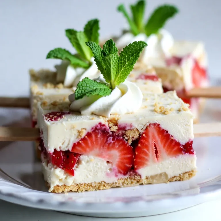 - Fresh strawberries: 2 cups, hulled and sliced - Granulated sugar: 1/4 cup - Lemon juice: 1 teaspoon - Vanilla ice cream: 2 cups, softened - Crushed shortbread cookies: 1 cup - Whipped cream: 1 cup (store-bought or homemade) - Vanilla extract: 1 teaspoon - Optional: Fresh mint leaves for garnish To make Strawberry Shortcake Ice Cream Bars, you need simple, fresh ingredients. Fresh strawberries bring sweet, fruity flavors. Granulated sugar helps the strawberries shine, while lemon juice adds a zesty kick. Softened vanilla ice cream forms the creamy base. Crushed shortbread cookies add crunch and texture. Whipped cream gives a light topping. Vanilla extract enhances the overall flavor. If you want, fresh mint leaves make a lovely garnish. These ingredients work together to create a refreshing summer treat. You can easily find them at your local store. Enjoy gathering each item to make this fun recipe! {{ingredient_image_2}} First, take 2 cups of fresh strawberries. Hull and slice them into small pieces. In a medium bowl, combine the strawberries with 1/4 cup of granulated sugar and 1 teaspoon of lemon juice. Stir gently until the sugar starts to dissolve. This will take just a minute or two. Now, let the strawberries sit for about 20 minutes. This process is called macerating. It helps the strawberries release their juices and creates a sweet syrup. While the strawberries are macerating, prepare the ice cream mixture. Line an 8-inch square baking pan with parchment paper. Make sure to leave some paper hanging over the sides. This makes it easy to lift the bars out later. In another bowl, take 2 cups of softened vanilla ice cream. Blend it with 1 cup of crushed shortbread cookies. Mix until the cookies are evenly spread throughout the ice cream. The mixture should be creamy and smooth. Now, it’s time to build the bars. First, take half of the ice cream-shortbread mixture. Spread it evenly in the bottom of your baking pan. Use a spatula to make it nice and flat. Next, scoop the macerated strawberries along with their syrup over the first layer. Make sure to spread them evenly. This gives every bite a burst of strawberry flavor. After that, carefully add the remaining ice cream-shortbread mixture on top of the strawberries. Smooth it out with the spatula. Finally, top the whole mixture with 1 cup of whipped cream. Spread it evenly to cover everything. Cover the baking pan tightly with plastic wrap or foil. This will keep the mixture fresh while it freezes. Place the pan in the freezer for at least 4-6 hours. You want it to become firm and set. Patience is key here! Once frozen, it's time to serve the bars. Use the parchment paper overhang to lift the bars out of the pan. Place them on a cutting board. Cut them into squares or rectangles, whichever you prefer. For a fun touch, you can add a sprig of fresh mint on top. Now, enjoy your delightful Strawberry Shortcake Ice Cream Bars! To get even layers, spread the ice cream-shortbread mix smoothly. Use a spatula for this step. Make sure the first layer is flat before adding strawberries. This helps balance the flavors. For freezing, wrap the pan tightly with plastic wrap. This keeps ice crystals from forming. Freeze for at least 4 to 6 hours. If you can wait overnight, the bars will be firmer and easier to cut. You can add a splash of almond extract for a new twist. This will give a nutty flavor that pairs well with strawberries. If you want a citrus note, add a bit more lemon juice. Fresh mint leaves as a garnish make a nice touch. They add color and a refreshing taste. You can also serve with a drizzle of chocolate sauce for extra flair. Use an 8-inch square baking pan for the best results. The size is perfect for cutting bars. A good spatula helps spread layers evenly. You’ll also need mixing bowls for easy prep. A sharp knife is key for cutting the bars neatly. This way, each piece looks great on the plate. Pro Tips Macerate for Maximum Flavor: Let the strawberries sit with sugar and lemon juice for at least 20 minutes to enhance their sweetness and create a delicious syrup. Perfect Ice Cream Consistency: Ensure your vanilla ice cream is softened but not melted; this makes it easier to mix with the crushed shortbread cookies. Even Layering: Use a spatula to spread the ice cream and whipped cream layers evenly for a more visually appealing presentation and balanced flavor in every bite. Freezing Tips: For best results, freeze the bars overnight; this ensures they are firm and easier to cut into perfect squares. {{image_4}} You can switch up the flavors of your Strawberry Shortcake Ice Cream Bars easily. Here are some fun ideas: - Using other fruits: Try blueberries, raspberries, or peaches. Each fruit adds a new twist. Blueberries bring a sweet flavor, while raspberries add a bit of tartness. Peaches give a nice juicy bite. - Switching shortbread for graham crackers: Graham crackers add a deliciously different crunch. Their honey flavor complements the ice cream and fruit well. Want to make your bars a bit healthier? Here are some options: - Low-sugar options for the recipe: You can use a sugar substitute. This helps cut down on sweetness if needed. You can also use less sugar in the strawberries. - Dairy-free ice cream alternatives: Use coconut or almond milk ice cream. These choices work great for a dairy-free version. They still taste creamy and delicious. Make your dessert look great at your summer parties: - Serving ideas for summer parties: Cut the bars into fun shapes. You can use cookie cutters for stars or hearts. This makes them visually appealing for guests. - Creating individual servings in cups: Place layers in small cups. This way, everyone gets their own serving. It also makes for easy eating and less mess. You can store the bars in the freezer for up to two weeks. To prevent freezer burn, wrap each bar in plastic wrap. Then, place them in an airtight container. This keeps them fresh and tasty. To serve, take the bars out of the freezer. Let them sit at room temperature for about 5-10 minutes. This softens them slightly. It helps avoid hard bites. If they become too soft, simply refreeze them for a while. These bars are best served cold and do not require reheating. Enjoy them straight from the freezer for the best texture and taste. If you have leftovers, just keep them wrapped and frozen. Yes, you can use frozen strawberries. If you do, thaw them first. Drain any extra liquid. This helps keep your bars from becoming too watery. You can also mash the strawberries a bit to release their flavor. These bars can last about two weeks in the freezer. For best taste and texture, eat them within the first week. Always keep them sealed to prevent freezer burn. Yes, you can make them without whipping cream. Use Greek yogurt or coconut cream instead. These options give a lighter feel while still tasting great. To make them gluten-free, choose gluten-free shortbread cookies. Many brands offer gluten-free options. Always check the label to be sure. To cut the bars cleanly, use a warm knife. Dip the knife in hot water, then wipe it dry. This helps the blade glide through the ice cream without sticking. You now know how to create delicious strawberry shortcake ice cream bars. You can enjoy fresh strawberries combined with creamy ice cream and crunchy cookies. Remember to use tips for the best texture and flavor. Feel free to try different fruits or healthier options. Store your bars well to keep them fresh. With these steps, you'll make a treat everyone will love. Grab your ingredients and start making these tasty bars today!