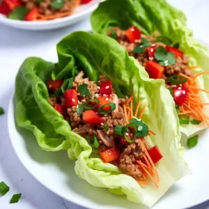 - 1 lb (450g) ground chicken - 2 tablespoons fresh ginger, finely minced - 2 cloves garlic, finely minced - 2 tablespoons soy sauce - 1 tablespoon fish sauce - 1 tablespoon honey - Fresh juice and zest of 1 lime - 1 red bell pepper, finely diced - 1 cup carrots, shredded - 1 green onion, finely chopped - Optional toppings: shredded cilantro, crushed peanuts, sesame seeds To make your ginger lime chicken wraps taste great, start with fresh ingredients. Here are some tips: - Mincing ginger and garlic: Use a sharp knife. Slice the ginger into thin pieces. Then, chop those slices into tiny bits. For garlic, crush the clove slightly, then chop finely. This releases their strong flavors. - Choosing fresh vegetables: Look for bright colors and firm textures. The red bell pepper should be shiny. The carrots should be crisp. Fresh vegetables add crunch to your wraps. - Preparing lettuce: Choose butter or iceberg lettuce. Gently separate the leaves. Rinse them in cold water. Pat them dry with a towel. This way, they stay fresh and crisp for your wraps. These steps ensure your ginger lime chicken lettuce wraps are full of flavor and fun to eat! {{ingredient_image_2}} Start by heating a large skillet over medium heat. Add 1 lb of ground chicken. Cook it for about 5-7 minutes. Stir often to break the meat into small pieces. You want it fully browned. Once the chicken is browned, add 2 tablespoons of finely minced ginger and 2 cloves of minced garlic. Mix well and cook for 2 minutes. This helps the flavors blend and makes the garlic smell great. Now, pour in 2 tablespoons of soy sauce, 1 tablespoon of fish sauce, 1 tablespoon of honey, and the juice and zest of 1 lime. Stir to coat the chicken evenly. This mix gives the chicken a tangy kick. Next, take 1 red bell pepper and finely dice it. Add this to the skillet along with 1 cup of shredded carrots. Sauté these for about 3-4 minutes. You want them soft but still a bit crunchy. To make the wraps, take a leaf of butter or iceberg lettuce. Spoon a generous amount of the chicken mixture into the center of the leaf. Now, add some chopped green onions on top. If you like, sprinkle on shredded cilantro, crushed peanuts, or sesame seeds for extra flavor. Carefully fold the lettuce leaf around the filling. This makes a delicious wrap. Enjoy your meal right away! To make these wraps shine, balance the flavors. Use soy sauce for saltiness. Add fish sauce for depth. A touch of honey brings sweetness. Adjust with salt and pepper to taste. Always ensure your chicken is fully cooked. Brown it well for great flavor. Cook it to an internal temperature of 165°F (75°C) to keep it safe. Serve the wraps on a large platter. Arrange them neatly to catch the eye. For added flair, include lime wedges on the side. This adds a pop of color and freshness. Guests can squeeze lime juice over their wraps for more zing. Meal prep can save time. Cook a double batch of the chicken mixture. Store leftovers in an airtight container. Use them for salads or grain bowls. You can even turn them into a stir-fry. The options are endless! Pro Tips Fresh Ingredients Matter: Using fresh ginger and garlic will enhance the flavor profile significantly compared to dried versions. Texture is Key: Don’t overcook the vegetables; they should remain slightly crunchy for a delightful contrast to the tender chicken. Experiment with Wraps: Try using different types of lettuce such as romaine or even collard greens for a unique twist on the wraps. Customize Your Toppings: Feel free to add your favorite toppings like avocado or diced mango for an extra flavor kick and nutrition boost. {{image_4}} You can switch the ground chicken for turkey or tofu. Turkey offers a similar taste with fewer calories. It cooks at the same time, so it's easy to use. Tofu provides a vegetarian option. Just crumble it and sauté until golden. This change adds great texture and flavor. Feel free to mix up the fillings with other vegetables. Use zucchini, mushrooms, or snap peas for a twist. Each option brings a unique crunch and flavor. You can also customize the taste with spices. Try adding chili flakes for heat or lime zest for brightness. For gluten-free wraps, use tamari instead of soy sauce. This keeps the dish safe for those with gluten issues. If you want low-carb options, use more veggies and skip the honey. For a vegan version, swap the chicken for chickpeas or lentils. Both choices add protein and keep the meal filling. After enjoying your Ginger Lime Chicken Lettuce Wraps, store any leftovers in a tight container. This helps keep them fresh. You can keep them in the fridge for about three days. Make sure to separate the filling from the lettuce leaves. This prevents the leaves from getting soggy. To reheat, warm the chicken mixture in a skillet over medium heat. Stir it often to maintain flavor. Avoid reheating in the microwave, as it can make the chicken dry. You can freeze the chicken filling for later use. Just place it in a freezer-safe bag. It will last up to three months. When ready to eat, thaw it in the fridge overnight before reheating. These lettuce wraps are a great meal on their own. For a complete feast, pair them with rice or noodles. They also work well with a fresh salad on the side. For drinks, consider iced tea or a light beer. The sweetness of the honey and lime flavor complements these options well. For wraps, I suggest using butter lettuce or iceberg lettuce. Butter lettuce has soft, pliable leaves. This texture helps hold the filling well. It also adds a mild flavor that does not overwhelm the dish. Iceberg lettuce is crisp and has a refreshing crunch. However, its leaves can be more rigid. If you prefer a crunchier bite, iceberg is a great choice. Both types work well, but I find that butter lettuce gives a better wrap experience. Yes, you can use ground beef. The flavor will change, and beef has a richer taste. It can also be a bit greasier than chicken. Using beef may give your wraps a heartier feel. If you decide to switch, watch the cooking time. Beef often cooks faster than chicken. This means you need to adjust the sauté time to avoid overcooking the meat. To prep this recipe ahead, you can cook the chicken mixture. Store it in an airtight container in the fridge. This way, you save cooking time later. When ready to eat, just reheat it on the stove. For fresh lettuce, wash and separate the leaves ahead of time. Keep them in a damp paper towel in the fridge. This keeps them crisp. Assemble the wraps just before serving to keep everything fresh and crunchy. In this blog post, we explored the basics of making delicious lettuce wraps. We discussed key ingredients like ground chicken, fresh ginger, and sauces that add flavor. You learned how to prepare your veggies and assemble the wraps step-by-step. Tips for cooking and presentation ensure your dish looks great. Finally, we covered storage and variations, like using different proteins or veggies. These wraps are tasty, easy, and fun to make. Enjoy creating your own versions!