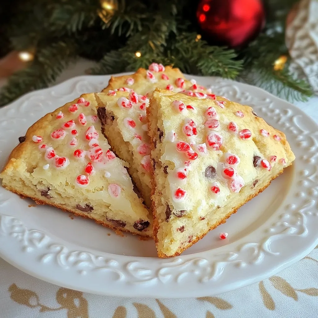 To make these tasty scones, gather these main ingredients: - 2 cups all-purpose flour - 1/4 cup granulated sugar - 1 tablespoon baking powder - 1/2 teaspoon salt - 1/2 cup unsalted butter, cold and cubed - 1/2 cup heavy cream - 1 teaspoon vanilla extract - 1/2 teaspoon peppermint extract - 1/2 cup semi-sweet chocolate chips - 1/4 cup crushed peppermint candies (plus extra for garnish) - 1 large egg, for egg wash Each ingredient plays a key role. The flour gives structure, while the butter makes them flaky. Sugar adds sweetness, and baking powder helps them rise. The cream adds moisture, and the extracts bring in the festive flavors. Chocolate chips and crushed peppermint candies add a delightful crunch and taste. To make these scones extra special, consider these garnish ideas: - Extra crushed peppermint candies for topping - A dusting of powdered sugar - A drizzle of white chocolate These garnishes not only look great but also enhance the flavor. Extra peppermint gives a nice crunch and brightens the festive feel. Don't have all the ingredients? Here are some easy swaps: - Use coconut oil instead of butter for a dairy-free option. - Substitute buttermilk for heavy cream for a tangy twist. - Swap in dark chocolate chips for a richer taste. These substitutions can change the flavor, but they keep the scones delicious. Always remember to keep the main ratios similar for the best texture. {{ingredient_image_2}} First, set your oven to 400°F (200°C). While it heats up, line a baking sheet with parchment paper. This helps with cleanup and keeps the scones from sticking. In a big bowl, mix 2 cups of all-purpose flour, 1/4 cup of granulated sugar, 1 tablespoon of baking powder, and 1/2 teaspoon of salt. Use a whisk to blend them well. This step ensures the baking powder spreads evenly. Next, take 1/2 cup of cold, cubed unsalted butter and add it to the dry mix. Use a pastry cutter or your fingers to break the butter into the flour. You want it to look like coarse crumbs with some small bits of butter still visible. This makes the scones flaky. In a separate bowl, whisk together 1/2 cup of heavy cream, 1 teaspoon of vanilla extract, and 1/2 teaspoon of peppermint extract. This mixture adds moisture and flavor to the scones. Make a well in the center of your flour mix and pour in the cream mixture. Use a spatula to stir gently until combined. Don't mix too much, as this can make the scones tough. Then, fold in 1/2 cup of semi-sweet chocolate chips and 1/4 cup of crushed peppermint candies. Lightly flour your work surface and turn the dough out onto it. Knead gently a few times until it holds together. Shape it into a circle about 1 inch thick. Use a sharp knife to cut the circle into 8 wedges. Place them on the baking sheet, leaving space between each scone. In a small bowl, beat 1 large egg until frothy. Brush the egg wash over the tops of the scones for a nice golden color. Bake for 15 to 20 minutes or until lightly browned. Check with a toothpick; it should come out clean. After baking, let the scones cool slightly on a wire rack. To get that perfect texture in your peppermint chocolate chip scones, focus on the butter. Use cold, cubed butter and blend it until it looks like coarse crumbs. This step is key. It makes your scones flaky and tender. Also, mix the dough gently. Overmixing can lead to tough scones. It’s best to stir just until everything is combined. One common mistake is not measuring ingredients correctly. Always measure flour and sugar with precision. Too much flour can make your scones dry. Another mistake is skipping the egg wash. This step adds a beautiful color to your scones. Lastly, don’t forget to check your oven temperature. An oven that’s too hot can burn the scones. If you have leftover scones, store them in an airtight container. This keeps them fresh for up to two days at room temperature. You can also freeze scones for longer storage. Place them in a freezer bag. When you want to enjoy them, just reheat in the oven at 350°F (175°C) for about 10 minutes. This restores their warmth and texture! Pro Tips Chill the Dough: For even flakier scones, chill the dough in the refrigerator for about 15 minutes before baking. This helps the butter to firm up, resulting in a better texture. Customize the Flavor: Feel free to adjust the amount of peppermint extract according to your taste preference. If you prefer a milder flavor, start with less and add more if desired. Use a Sharp Knife: When cutting the scones, use a sharp knife to ensure clean edges. This helps the scones rise evenly and look more appealing. Store Properly: To keep your scones fresh, store them in an airtight container at room temperature for up to 2 days. For longer storage, freeze them and reheat when ready to serve. {{image_4}} You can switch up flavors for these scones. Try orange zest instead of peppermint. It gives a bright, fresh taste. Or use almond extract for a nutty twist. For a fruity touch, add dried cranberries or cherries. These flavors keep the spirit of the holiday alive while offering a new experience. If you need gluten-free scones, substitute the all-purpose flour with a gluten-free blend. Look for one that contains xanthan gum. This helps with texture. You can also use almond flour or coconut flour. Just remember to adjust the liquid. Keep an eye on baking times, as they may vary. Mix in other tasty treats to your scone dough! Chopped nuts like pecans or walnuts add crunch. For a richer flavor, use dark chocolate chips or white chocolate. You can also add spices like cinnamon or nutmeg for warmth. Get creative and make these scones your own! To store your peppermint chocolate chip scones, let them cool completely. Place them in an airtight container. This keeps them fresh for about two days at room temperature. If you want to keep them longer, consider freezing them. For freezing, wrap each scone in plastic wrap. Then, place them in a freezer bag or container. This helps prevent freezer burn. You can freeze them for up to three months. When ready to enjoy, you can bake them straight from the freezer. To reheat scones, preheat your oven to 350°F (175°C). Place the scones on a baking sheet. Heat them for about 10 minutes or until warm. You can also microwave them for about 20 seconds if you want a quicker option. Enjoy them fresh and warm! You can make these scones more festive by adding colorful sprinkles on top. Another great idea is to glaze them with a simple icing made of powdered sugar and milk. You might also try using red and green crushed peppermint candies for a holiday touch. Serving them on a festive platter adds a nice visual appeal too! Yes, you can use other types of chocolate! Dark chocolate, white chocolate, or even mint chocolate all work well. Each type adds a unique flavor to the scones. Feel free to mix and match to find your favorite combination. Absolutely! These scones freeze very well. You can freeze the unbaked scones before egg washing them. Just wrap them tightly in plastic wrap and place them in a freezer bag. When you’re ready to bake, just add a few extra minutes to the baking time. These scones pair wonderfully with hot cocoa or spiced tea. You might also enjoy them with whipped cream or your favorite fruit preserves. A dollop of cream cheese or mascarpone also adds a nice touch! To know when your scones are done, look for a light golden color on the tops. You can also insert a toothpick into the center. If it comes out clean, the scones are ready. Keep an eye on them, especially towards the end of baking time! Peppermint chocolate chip scones are a treat you can easily make at home. We covered the key ingredients, from basic items to fun garnishes. I shared step-by-step instructions to help you bake perfectly. Remember to watch out for common mistakes. You can also explore variations and storage tips for freshness. In the end, these scones can bring joy to any occasion. Enjoy baking and tasting your delicious creations!