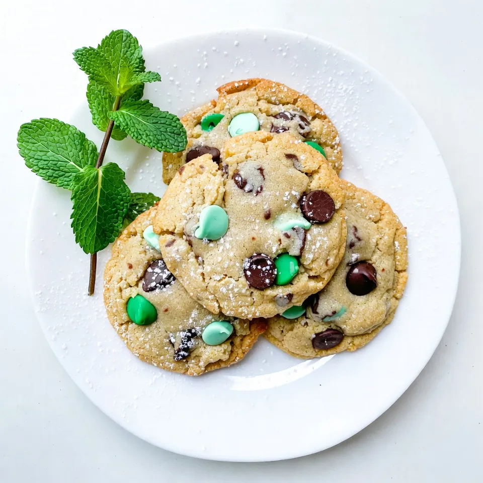 To make my Minty Bliss Chocolate Chip Cookies, gather these items: - 1 cup unsalted butter, softened - 1 cup brown sugar, packed tightly - 1/2 cup granulated sugar - 2 large eggs, at room temperature - 2 teaspoons pure peppermint extract - 2 1/4 cups all-purpose flour - 1 teaspoon baking soda - 1/2 teaspoon salt - 1 cup semi-sweet chocolate chips - 1/2 cup green mint chocolate chips (or chopped Andes mints) - 1/4 cup crushed mint candies (optional, for topping) I often adjust some ingredients for different tastes. If you want a richer flavor, try using brown sugar only. It makes the cookies chewier. You can swap unsalted butter with salted butter, but cut back on added salt. If you don’t have eggs, use a flax egg. Mix 1 tablespoon of ground flaxseed with 2.5 tablespoons of water and let it sit for 5 minutes. Feel free to mix and match! Instead of semi-sweet chocolate chips, use dark chocolate for a deep taste. If you like white chocolate, that works too. If mint isn’t your thing, you could use orange extract for a zesty twist. You can also leave out the crushed mint candies if you want a smoother cookie without extra crunch. The key is to have fun with it and find what you love! {{ingredient_image_2}} 1. Preheat your oven to 350°F (175°C). This helps the cookies bake evenly. 2. Line a baking sheet with parchment paper. This keeps the cookies from sticking. 3. Cream together the butter, brown sugar, and granulated sugar in a large bowl. Use a mixer to blend for 3-4 minutes. You want it light and fluffy. 4. Add the eggs one at a time. Mix well after each egg. Then, stir in the peppermint extract. 5. In a separate bowl, whisk together the flour, baking soda, and salt. This ensures even mixing. 6. Gradually add the dry mix to the wet mix. Blend on low speed until just combined. Don’t over-mix; this keeps cookies soft. 7. Fold in the chocolate chips and green mint chocolate chips gently. Keep the mix even, but don’t overwork the dough. 8. If you want extra mint flavor, add crushed mint candies and fold them in lightly. 1. Scoop spoonfuls of dough onto the baking sheet, spaced about 2 inches apart. This allows room for spreading. 2. Bake for 10-12 minutes. Look for lightly golden edges. The centers may look soft; that’s fine! 3. Remove from the oven when done. Let them cool on the sheet for 5 minutes. 1. Transfer cookies to a wire rack to cool completely. This helps them firm up. 2. For a fun presentation, dust with powdered sugar. A sprig of fresh mint adds a nice touch too! 3. Serve these cookies with cold milk for a delightful treat. Enjoy every bite! To get the best texture, start with soft butter. I always let my butter sit out for at least an hour. This helps it blend well with the sugars. When mixing, aim for a light and fluffy batter. Mix on medium speed for about 3-4 minutes. When adding flour, mix just until combined. Over-mixing can make cookies tough. One big mistake is not measuring ingredients correctly. Use measuring cups for dry items and liquid measures for wet ones. Also, don’t skip the baking soda; it helps cookies rise. Keep an eye on your cookies in the oven. Take them out when the edges are golden. They may look soft, but they will firm as they cool. Presentation is key for cookies. I like to arrange my Minty Bliss Cookies on a pretty plate. A light dusting of powdered sugar adds charm. For a fresh touch, place a mint sprig beside the cookies. These cookies taste great with a glass of cold milk. Enjoy the delightful flavors with every bite! Pro Tips Butter Temperature: Ensure your butter is softened to room temperature for optimal creaming with sugars. This creates a light texture in your cookies. Egg Incorporation: Add eggs one at a time to ensure even mixing and avoid curdling, enhancing the overall consistency of your cookie dough. Do Not Over-Mix: Once you add the dry ingredients, mix just until combined. Over-mixing can lead to tough cookies, ruining the desired soft texture. Cooling Time: Allow the cookies to cool on the baking sheet for a few minutes before transferring them to a wire rack. This helps them set and prevents breakage. {{image_4}} You can make gluten-free mint chocolate chip cookies easily. Just swap the all-purpose flour for a good gluten-free blend. Look for blends that include xanthan gum. This helps the cookies hold their shape. Follow the same steps in the recipe, and you will have tasty gluten-free cookies. To make vegan mint chocolate chip cookies, replace the butter and eggs. Use coconut oil or a vegan butter substitute in place of butter. For eggs, use flaxseed meal. Mix one tablespoon of flaxseed meal with three tablespoons of water. Let this sit for five minutes to thicken. Then, add it to your dough as you would the eggs. This keeps the cookies soft and chewy! You can try different mint flavors in your cookies. Instead of peppermint extract, use spearmint extract for a milder taste. You can also add fresh mint leaves for a unique twist. Chop them finely and mix them into the dough. For a fun bite, try using mint candies instead of chocolate chips. Each option gives you a new way to enjoy these cookies! To keep your Mint Chocolate Chip Cookies fresh, store them in an airtight container. This helps lock in moisture and keeps them soft. Place parchment paper between layers to prevent sticking. The cookies will stay fresh for about one week at room temperature. Freezing is a great way to save cookies for later. First, let your cookies cool completely. Then, place them in a single layer on a baking sheet. Freeze them for about one hour. Once frozen, transfer the cookies to a freezer-safe bag. Squeeze out as much air as you can. They will last for up to three months in the freezer. To enjoy your cookies warm, reheat them easily. Preheat your oven to 350°F (175°C). Place the cookies on a baking sheet and heat for about 5-7 minutes. If using a microwave, heat them for about 10-15 seconds. This method will make them soft and chewy again. Enjoy your warm cookies with a glass of milk! To make Mint Chocolate Chip Cookies chewy, do not over-mix the dough. Mix until just combined. Also, underbake them slightly. The edges should be golden, but the centers should look soft. This helps keep them chewy. Let them cool on the baking sheet for a bit before moving them. This lets the cookies firm up without losing their soft center. Yes, you can use other types of chocolate. Dark chocolate or milk chocolate chips work well too. You can even chop up your favorite chocolate bars. If you want extra mint flavor, use mint chocolate chips. This will add a nice twist to the cookies while keeping the minty taste. If you do not have peppermint extract, you can use mint leaves. Crush fresh mint leaves and mix them into the dough. You can also try using vanilla extract for a different flavor. Keep in mind, this will change the minty taste but still taste great. Adjust the amount based on your taste preference. You learned how to make mint chocolate chip cookies. We covered all the key ingredients and how to measure them. I shared tips for perfect texture and avoiding mistakes. You can try variations like gluten-free or vegan options. Storing and reheating cookies is also easy with the right methods. Baking these cookies is fun and rewarding. Experiment with flavors to find your favorite. Enjoy your tasty treats!